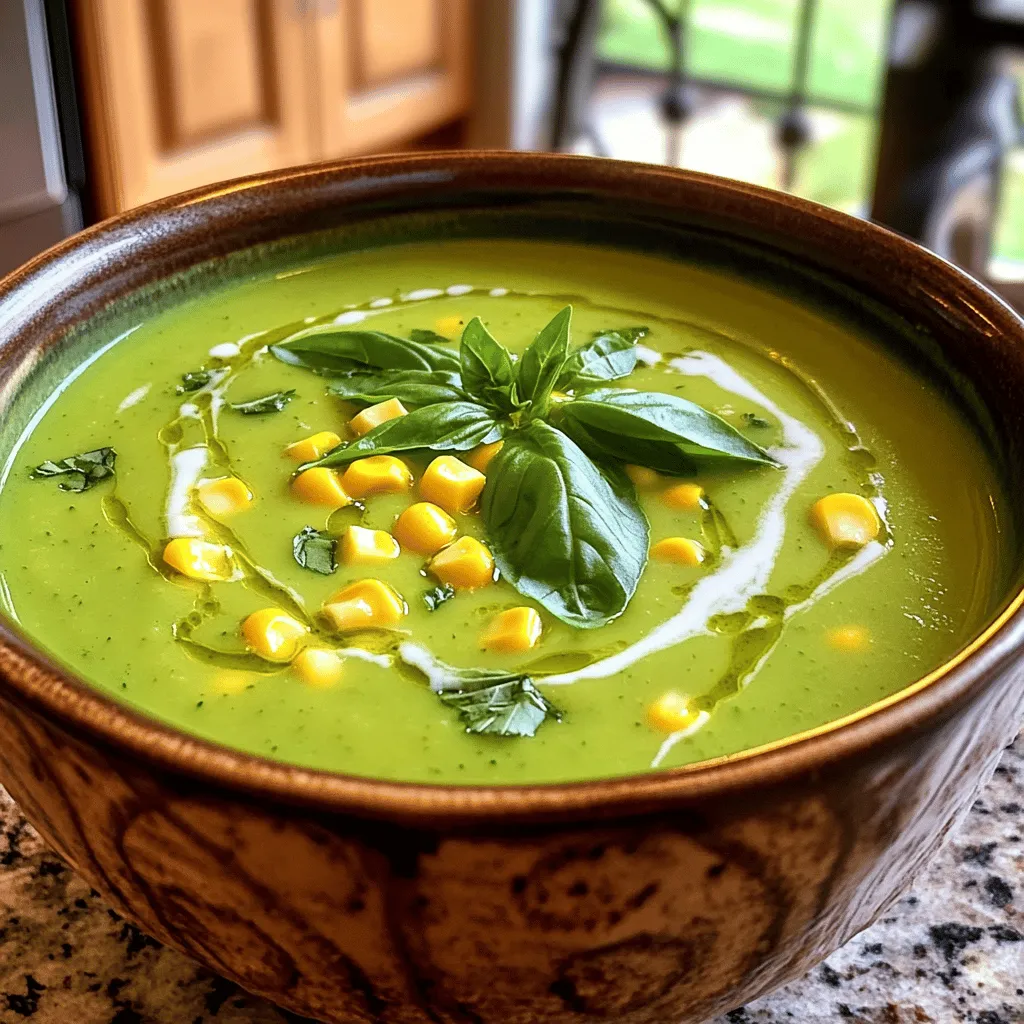 - 2 medium zucchinis, diced into bite-sized pieces - 1 cup sweet corn (fresh kernels or frozen) Zucchini brings a soft texture and light flavor. Sweet corn adds a sweet crunch. Together, they create a lovely base for this soup. - 1 medium onion, finely chopped - 2 cloves garlic, minced - Fresh basil leaves for an aromatic garnish Onion and garlic add depth and warmth. Fresh basil enhances the soup with its bright aroma. These ingredients mix well to create a balanced flavor. - 4 cups vegetable broth - 1 cup creamy coconut milk - 1 tablespoon olive oil Vegetable broth gives the soup its heartiness. Coconut milk adds a creamy texture and subtle sweetness. Olive oil helps to sauté the aromatics, bringing out their best flavors. For the complete recipe, check the Full Recipe. To start, heat the olive oil in a large pot over medium heat. Add the finely chopped onion. Sauté for about 5 minutes. Stir it occasionally. You want the onion to turn soft and translucent. Next, add the minced garlic. Sauté for one more minute. This step lets the garlic’s tasty aroma fill the kitchen. Now it's time to add the star ingredients: zucchini and sweet corn. Toss in the diced zucchini and the sweet corn. Stir everything well to mix the flavors. Cook this for about 4 to 5 minutes. You want the zucchinis to soften just a bit. This step enhances their natural sweetness. Pour the vegetable broth into the pot. Raise the heat until it gently boils. Once it starts bubbling, lower the heat. Let it simmer for 15 to 20 minutes. This allows all the veggies to become tender and the flavors to blend. After simmering, take an immersion blender and blend the soup until smooth. If you don’t have one, you can use a regular blender in batches. Once blended, return the soup to medium heat. Stir in the creamy coconut milk and smoked paprika. Season it with salt and freshly ground pepper to your liking. Let it simmer for another 5 minutes. This last step adds depth and warmth. For a complete experience, serve it warm, garnished with fresh basil leaves. You can find the full recipe for this delightful Zucchini & Sweet Corn Summer Soup within this article. Enjoy every spoonful! To boost flavor, fresh herbs work wonders. I love using basil or cilantro. These herbs add a bright scent and taste. You can chop them finely and stir them in before serving. You can also add them while cooking for a more intense flavor. For a creamy soup, blending is key. After simmering, use an immersion blender. This tool makes it easy to create a smooth mix. If you don’t have one, pour the soup into a regular blender. Blend it in batches for even consistency. Adding creamy coconut milk gives it a rich finish, making every bite delightful. Presentation matters, especially with soup. Serve it in a bright bowl to make it pop. Drizzle some extra coconut milk on top for a pretty look. A sprinkle of smoked paprika adds color and flavor. Fresh basil leaves make a lovely garnish, too. Enjoying this soup with crusty bread makes for a perfect summer meal. For the full recipe, check out the details above. {{image_4}} You can easily switch up the veggies in this soup. Try adding some carrots or bell peppers. These options add color and taste. You might also want to include some spinach or kale for extra nutrients. These greens wilt well into the soup, enriching the flavor and texture. This soup is already vegan-friendly with coconut milk. If you want a lighter version, you can skip the coconut milk. Use more broth instead. You can also try almond or cashew milk for a different taste. Both options keep it plant-based while adding a mild flavor. If you like heat, consider adding spices. A pinch of cayenne or red pepper flakes can spice things up. You might also use chopped jalapeños for a fresh kick. Be sure to taste as you go, so the heat matches your liking. This adds a fun twist to the original soup, making it even more exciting. For the full recipe, check out the section above. To keep your soup fresh, store it in an airtight container. Let the soup cool to room temperature before sealing it. It will stay good for about 3 to 5 days in the fridge. Make sure to label the container with the date. This way, you will know when it’s time to eat or discard it. Freezing is a great option for longer storage. Pour the cooled soup into freezer-safe bags or containers. Leave some space at the top, as the soup will expand when frozen. It can last up to 3 months in the freezer. To thaw, place the soup in the fridge overnight or use the microwave for quick defrosting. When it's time to enjoy your soup again, reheat it gently. You can use a saucepan over low heat, stirring often. This method helps keep the flavors intact. If you're in a hurry, use the microwave. Heat in short bursts, stirring in between. This will prevent hot spots and overcooking. Enjoy your delicious Zucchini & Sweet Corn Summer Soup warm! For the full recipe, check out the details above. Yes, you can make this soup ahead. It tastes even better after resting. To prepare in advance, follow these steps: - Cook the soup as directed. - Let it cool down completely. - Store in an airtight container in the fridge. You can make this soup up to three days before serving. Just be sure to reheat it gently. This soup pairs well with many dishes. Here are some great options: - Crusty bread for dipping - A fresh green salad - Grilled cheese sandwiches - Roasted vegetables Each option enhances the soup's flavors and adds variety to your meal. This soup lasts up to three days in the fridge. Store it in an airtight container. Always check for freshness before eating. If it looks or smells off, it's best to discard it. Reheat it thoroughly before serving. This blog post covered easy soup-making using fresh produce, aromatics, and rich liquids. You learned step-by-step instructions, tips for flavor and texture, and variations for every taste. Storing and reheating your soup was also discussed, ensuring you enjoy your creation longer. Now, I encourage you to try this recipe. Explore its flavors and find your favorite twists. Making soup can be fun and rewarding. Enjoy your cooking adventure!