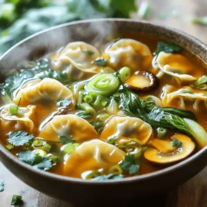 To make a great potsticker soup, you'll need some key items. Here is what you should gather: - 1 package of frozen potstickers (about 20 pieces) - 6 cups chicken or vegetable broth - 2 cups water - 1 inch piece of fresh ginger, thinly sliced - 2 cloves of garlic, minced - 1 cup mushrooms, sliced (shiitake or button mushrooms work well) - 1 cup bok choy, roughly chopped - 1/2 cup green onions, thinly sliced - 2 tablespoons soy sauce (or tamari for gluten-free) - 1 tablespoon sesame oil - 1 teaspoon chili oil (optional, for spice) - Salt and pepper, to taste - Fresh cilantro leaves, for garnish (optional) If you want to elevate your soup, consider adding these optional ingredients. They add depth and taste: - A splash of rice vinegar for tang - Sesame seeds for crunch - Diced carrots for sweetness - A squeeze of lime juice for brightness Need some alternatives? Here are some easy swaps for common allergens: - Use vegetable broth instead of chicken broth for a vegan option. - Swap soy sauce with coconut aminos for a soy-free version. - Choose gluten-free potstickers if you need a gluten-free meal. - Replace sesame oil with olive oil if you're allergic to sesame. With these ingredients, you can create a potsticker soup that warms the heart and delights the taste buds. For the full recipe, check out the guidelines above! Start by heating sesame oil in a large pot over medium heat. Add minced garlic and thinly sliced ginger. Sauté for about 2 minutes. Stir often until it smells great. This step builds a nice base for the soup. Next, carefully pour in the chicken or vegetable broth along with 2 cups of water. Turn up the heat a bit to bring it to a gentle simmer. This broth is key. It adds depth and flavor to the soup. Once your broth is simmering, it’s time to add the fun stuff! Drop in the sliced mushrooms and frozen potstickers. Cook them for about 8 to 10 minutes. They are done when they float to the top. This means they are heated through and ready to eat. Now, stir in the chopped bok choy. Drizzle in soy sauce and chili oil if you want some heat. Let the soup simmer for another 3 to 4 minutes. Taste your soup and add salt and pepper as needed. When everything is cooked, ladle the soup into bowls. Top with green onions and fresh cilantro for a delightful finish. This will make each bowl bright and inviting. For the full recipe, refer to the earlier section. Enjoy your delicious potsticker soup! To boost the flavor of your potsticker soup, use quality broth. Homemade broth is best, but store-bought works too. Adding a splash of rice vinegar can brighten the taste. You can also toss in a pinch of sugar to balance flavors. Fresh herbs, like cilantro or basil, add a nice touch. Consider adding a squeeze of lime for a zesty kick. Start by sautéing the garlic and ginger in sesame oil. This step releases their oils and flavors. Use a large pot for even heat distribution. Make sure to cook the potstickers until they float. This means they are ready! Stir gently to avoid breaking them. Keep the heat steady to prevent burning. A beautiful presentation can make your soup even more inviting. Use deep bowls to hold the soup. Garnish with sliced green onions and fresh herbs. Arrange the potstickers for a pleasing look. A sprinkle of sesame seeds can add crunch and flair. Serve with chopsticks for an authentic touch. For the full recipe, check the previous section. Enjoy your meal! {{image_4}} You can easily make a vegetarian or vegan potsticker soup. Just swap the chicken broth for vegetable broth. Use frozen vegetable potstickers instead of meat ones. This keeps the soup rich and tasty, yet plant-based. Add tofu for protein. It will soak up all the great flavors. If you like heat, add chili oil or fresh chili peppers. Start with a small amount and taste as you go. You can also add red pepper flakes for extra spice. If you love garlic, add more minced garlic for a bolder flavor. Feel free to play with different ingredients. For a twist, use kale or spinach instead of bok choy. You can also try different mushrooms, like oyster or enoki. Swap soy sauce with coconut aminos for a sweeter taste. Adding a splash of lime juice at the end can brighten the soup. Experiment and find what you love! To keep your potsticker soup fresh, let it cool first. Pour it into an airtight container. Store it in the fridge for up to three days. This way, you can enjoy it again soon! When you're ready to eat your leftovers, use a pot or a microwave. For the stove, heat on low. Stir often to avoid burning. If using a microwave, cover the bowl and heat in short bursts. This keeps the soup warm and tasty. If you want to freeze the soup, do it before adding bok choy. Place it in freezer-safe bags or containers. Remove as much air as you can. It can stay frozen for three months. When you're ready to eat, thaw it overnight in the fridge before reheating. Yes, you can use fresh potstickers. They will cook faster. Just add them to the soup when the broth simmers. Fresh potstickers add a nice texture. They can make the soup taste even better. Be sure to adjust the cooking time to about 5-7 minutes. To make the soup gluten-free, use tamari instead of soy sauce. Tamari is a great soy sauce alternative. Check the potstickers too. Some brands offer gluten-free options. Always read the labels to be sure. Potsticker soup pairs well with rice or crispy spring rolls. You can also serve it with a simple salad. Try adding a few dumplings on the side for fun! These sides make a complete meal. Potsticker soup lasts about 3-4 days in the fridge. Store it in an airtight container. It’s best to eat it fresh, but leftovers can be tasty. Reheat on the stove for the best flavor and texture. For the complete recipe, check out the Heavenly Potsticker Soup section. You will find all the ingredients and steps to make this dish. It’s a quick and tasty delight! In this post, we explored the key ingredients, steps, and tips for making potsticker soup. From essential flavors to optional tweaks, you can customize your bowl. Remember to try different variations to suit your taste or diet. Proper storage helps keep leftovers fresh, and reheating ensures that great taste lasts. Enjoy crafting your unique version of this comforting dish! With these insights, you can impress friends and family with your skills. Dive in and savor every spoonful of your homemade potsticker soup.