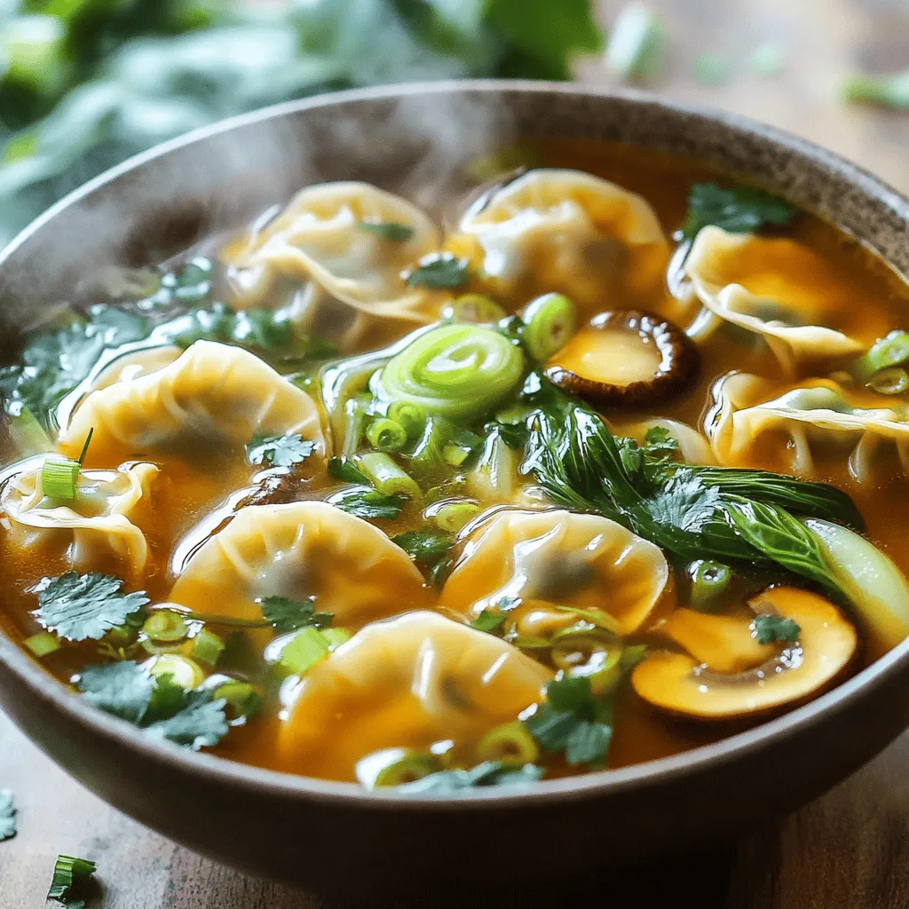 To make a great potsticker soup, you'll need some key items. Here is what you should gather: - 1 package of frozen potstickers (about 20 pieces) - 6 cups chicken or vegetable broth - 2 cups water - 1 inch piece of fresh ginger, thinly sliced - 2 cloves of garlic, minced - 1 cup mushrooms, sliced (shiitake or button mushrooms work well) - 1 cup bok choy, roughly chopped - 1/2 cup green onions, thinly sliced - 2 tablespoons soy sauce (or tamari for gluten-free) - 1 tablespoon sesame oil - 1 teaspoon chili oil (optional, for spice) - Salt and pepper, to taste - Fresh cilantro leaves, for garnish (optional) If you want to elevate your soup, consider adding these optional ingredients. They add depth and taste: - A splash of rice vinegar for tang - Sesame seeds for crunch - Diced carrots for sweetness - A squeeze of lime juice for brightness Need some alternatives? Here are some easy swaps for common allergens: - Use vegetable broth instead of chicken broth for a vegan option. - Swap soy sauce with coconut aminos for a soy-free version. - Choose gluten-free potstickers if you need a gluten-free meal. - Replace sesame oil with olive oil if you're allergic to sesame. With these ingredients, you can create a potsticker soup that warms the heart and delights the taste buds. For the full recipe, check out the guidelines above! Start by heating sesame oil in a large pot over medium heat. Add minced garlic and thinly sliced ginger. Sauté for about 2 minutes. Stir often until it smells great. This step builds a nice base for the soup. Next, carefully pour in the chicken or vegetable broth along with 2 cups of water. Turn up the heat a bit to bring it to a gentle simmer. This broth is key. It adds depth and flavor to the soup. Once your broth is simmering, it’s time to add the fun stuff! Drop in the sliced mushrooms and frozen potstickers. Cook them for about 8 to 10 minutes. They are done when they float to the top. This means they are heated through and ready to eat. Now, stir in the chopped bok choy. Drizzle in soy sauce and chili oil if you want some heat. Let the soup simmer for another 3 to 4 minutes. Taste your soup and add salt and pepper as needed. When everything is cooked, ladle the soup into bowls. Top with green onions and fresh cilantro for a delightful finish. This will make each bowl bright and inviting. For the full recipe, refer to the earlier section. Enjoy your delicious potsticker soup! To boost the flavor of your potsticker soup, use quality broth. Homemade broth is best, but store-bought works too. Adding a splash of rice vinegar can brighten the taste. You can also toss in a pinch of sugar to balance flavors. Fresh herbs, like cilantro or basil, add a nice touch. Consider adding a squeeze of lime for a zesty kick. Start by sautéing the garlic and ginger in sesame oil. This step releases their oils and flavors. Use a large pot for even heat distribution. Make sure to cook the potstickers until they float. This means they are ready! Stir gently to avoid breaking them. Keep the heat steady to prevent burning. A beautiful presentation can make your soup even more inviting. Use deep bowls to hold the soup. Garnish with sliced green onions and fresh herbs. Arrange the potstickers for a pleasing look. A sprinkle of sesame seeds can add crunch and flair. Serve with chopsticks for an authentic touch. For the full recipe, check the previous section. Enjoy your meal! {{image_4}} You can easily make a vegetarian or vegan potsticker soup. Just swap the chicken broth for vegetable broth. Use frozen vegetable potstickers instead of meat ones. This keeps the soup rich and tasty, yet plant-based. Add tofu for protein. It will soak up all the great flavors. If you like heat, add chili oil or fresh chili peppers. Start with a small amount and taste as you go. You can also add red pepper flakes for extra spice. If you love garlic, add more minced garlic for a bolder flavor. Feel free to play with different ingredients. For a twist, use kale or spinach instead of bok choy. You can also try different mushrooms, like oyster or enoki. Swap soy sauce with coconut aminos for a sweeter taste. Adding a splash of lime juice at the end can brighten the soup. Experiment and find what you love! To keep your potsticker soup fresh, let it cool first. Pour it into an airtight container. Store it in the fridge for up to three days. This way, you can enjoy it again soon! When you're ready to eat your leftovers, use a pot or a microwave. For the stove, heat on low. Stir often to avoid burning. If using a microwave, cover the bowl and heat in short bursts. This keeps the soup warm and tasty. If you want to freeze the soup, do it before adding bok choy. Place it in freezer-safe bags or containers. Remove as much air as you can. It can stay frozen for three months. When you're ready to eat, thaw it overnight in the fridge before reheating. Yes, you can use fresh potstickers. They will cook faster. Just add them to the soup when the broth simmers. Fresh potstickers add a nice texture. They can make the soup taste even better. Be sure to adjust the cooking time to about 5-7 minutes. To make the soup gluten-free, use tamari instead of soy sauce. Tamari is a great soy sauce alternative. Check the potstickers too. Some brands offer gluten-free options. Always read the labels to be sure. Potsticker soup pairs well with rice or crispy spring rolls. You can also serve it with a simple salad. Try adding a few dumplings on the side for fun! These sides make a complete meal. Potsticker soup lasts about 3-4 days in the fridge. Store it in an airtight container. It’s best to eat it fresh, but leftovers can be tasty. Reheat on the stove for the best flavor and texture. For the complete recipe, check out the Heavenly Potsticker Soup section. You will find all the ingredients and steps to make this dish. It’s a quick and tasty delight! In this post, we explored the key ingredients, steps, and tips for making potsticker soup. From essential flavors to optional tweaks, you can customize your bowl. Remember to try different variations to suit your taste or diet. Proper storage helps keep leftovers fresh, and reheating ensures that great taste lasts. Enjoy crafting your unique version of this comforting dish! With these insights, you can impress friends and family with your skills. Dive in and savor every spoonful of your homemade potsticker soup.