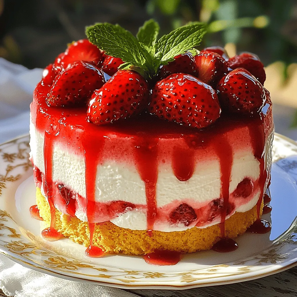 - 2 cups fresh strawberries, hulled and halved - 2 tablespoons granulated sugar (for roasting) - 1 cup heavy cream, well-chilled - 1/2 cup creamy Greek yogurt - 1/2 cup powdered sugar - 1 teaspoon pure vanilla extract - 4 large eggs, separated - 1/4 teaspoon salt - 1/2 teaspoon unflavored gelatin - 1 tablespoon cold water - 1 pre-baked sponge cake layer (store-bought or homemade) - Fresh mint leaves for garnish The right ingredients are key to this Roasted Strawberry Mousse Cake. Fresh strawberries make it bright and sweet. Roasting them with sugar brings out their flavor. The heavy cream and Greek yogurt create a rich and smooth mousse. Powdered sugar adds sweetness, while vanilla gives it a warm note. You will need four large eggs for the mousse. The egg whites help it rise and stay fluffy. Salt enhances the flavors. Gelatin helps the mousse set firm. Cold water is important for blooming the gelatin. Lastly, the sponge cake layer holds the mousse. You can make it at home or buy one. Fresh mint leaves on top give a nice color and flavor. For the complete recipe, check out the Full Recipe link. Enjoy making this delightful treat! 1. Preheat the oven to 400°F (200°C). 2. Arrange the halved strawberries on a baking sheet lined with parchment paper. 3. Sprinkle 2 tablespoons of granulated sugar evenly over the strawberries. 4. Roast them for 20-25 minutes until they become soft and slightly caramelized. 1. In a small bowl, mix 1/2 teaspoon of unflavored gelatin with 1 tablespoon of cold water. Let it bloom for about 5 minutes. 2. Heat the gelatin in the microwave for 10 seconds until it melts. Allow it to cool slightly. 3. In a large mixing bowl, whip 1 cup of heavy cream, 1/2 cup of Greek yogurt, 1/2 cup of powdered sugar, and 1 teaspoon of pure vanilla extract until soft peaks form. 4. In a separate bowl, beat 4 large egg whites with 1/4 teaspoon of salt until stiff peaks form. 1. Carefully fold the whipped cream into the egg whites in two additions. Use a gentle hand to avoid deflating the mixture. 2. Take half of the roasted strawberries and mash them with a fork until smooth. 3. Gently fold the mashed strawberries and the melted gelatin into the mousse mixture until just combined. 1. Line a springform pan with plastic wrap for easy removal. 2. Place the pre-baked sponge cake layer at the bottom of the pan. 3. Pour the mousse over the sponge cake and smooth the surface with a spatula. 4. Cover the springform pan with plastic wrap and refrigerate the cake for at least 4 hours or overnight. Follow this detailed guide to create the Roasted Strawberry Mousse Cake. For the full recipe, check the complete instructions provided. To make your mousse just right, avoid overwhipping the cream. This means stopping when you see soft peaks. If you whip too long, it can turn into butter. Next, use a gentle folding technique with egg whites. Start by adding a small amount of the whipped cream to the egg whites. Gently mix it in. Then, fold in the rest slowly. This keeps the mousse light and airy. When roasting strawberries, adjust the sugar based on their sweetness. If your berries are sweet, use less sugar. If they are tart, add a bit more. Roast them until they are just caramelized. This means they should be soft and slightly brown. This process brings out the best flavor and sweetness in the strawberries. For a stunning presentation, serve each slice with strawberry juices. This adds a beautiful touch and enhances the flavor. Place a fresh mint sprig on top for color and freshness. Finally, use dessert plates to elevate the look. This small detail makes your cake feel extra special. For the full recipe, check the section above. {{image_4}} You can turn this dessert into a chocolate treat. To do this, simply add cocoa powder to the mousse. Start with 1/4 cup of unsweetened cocoa powder. Mix it in with the heavy cream and yogurt. This adds a rich, chocolate flavor that pairs well with the strawberries. Chocolate and strawberry make a classic combo that everyone loves. Want to mix it up? You can swap out strawberries for other fruits. Raspberries and blueberries work great too. If using raspberries, you might need a bit more sugar. They can be tart. For blueberries, roast until soft, similar to strawberries. Adjust the roasting time to make sure they are just right. If you need a gluten-free cake, don’t worry! You can use a gluten-free sponge cake. Many stores sell these cakes now. Just check the labels to make sure they are gluten-free. Also, confirm that all other ingredients are gluten-free, like the gelatin and any added toppings. This way, everyone can enjoy this delicious treat. For the full recipe, check out the detailed instructions above. You can store the Roasted Strawberry Mousse Cake in the fridge for up to 3 days. Make sure it is covered well. This keeps it moist and tasty. If it dries out, the cake won't be as good. Freezing the mousse is not a good idea. The texture will change and not be as smooth. However, you can freeze the pre-baked sponge cake. This is great if you want to use it later. Just thaw it before you build your cake. This cake tastes best when it is chilled. You can serve it right after garnishing it with fresh strawberries and mint leaves. You can also put it together a day ahead. This makes it easy for parties or gatherings. Just keep it in the fridge until ready to serve. For a special touch, serve each slice with strawberry juices from the roasted berries. The mousse should set for at least 4 hours, preferably overnight. This time allows the mousse to firm up and gives the flavors a chance to blend. If you can wait, overnight is best. It makes slicing easier and enhances the taste. Yes, this cake can be assembled a day in advance for convenience. Making it ahead saves time on the day of serving. You can enjoy your party without the last-minute rush. Just store it in the fridge until it’s time to serve. Ensure egg whites are whipped to stiff peaks and gelatin is properly bloomed and melted. If the mousse is too runny, it won’t hold its shape. Whipping the egg whites correctly is key. Blooming gelatin properly ensures it works its magic in the mousse. Fresh strawberries are recommended for better flavor and texture, but frozen can be used in a pinch. Fresh fruit gives a richer taste and a better texture when roasted. However, if you only have frozen, they still work. Just make sure to thaw them first. Pair with whipped cream, fresh fruits, or a berry sauce for an extra touch. These toppings add flavor and color to your plate. Try drizzling some strawberry sauce over each slice for a beautiful finish. The Roasted Strawberry Mousse Cake combines fresh strawberries, rich cream, and sponge cake. You learned how to prepare the strawberries and make the mousse step-by-step. Remember to keep the mousse airy for the best texture. Storage tips ensure it stays fresh for days. Explore your own twists with chocolate or different fruits. This cake is show-stopping and delicious. Enjoy making something special that delights every time!