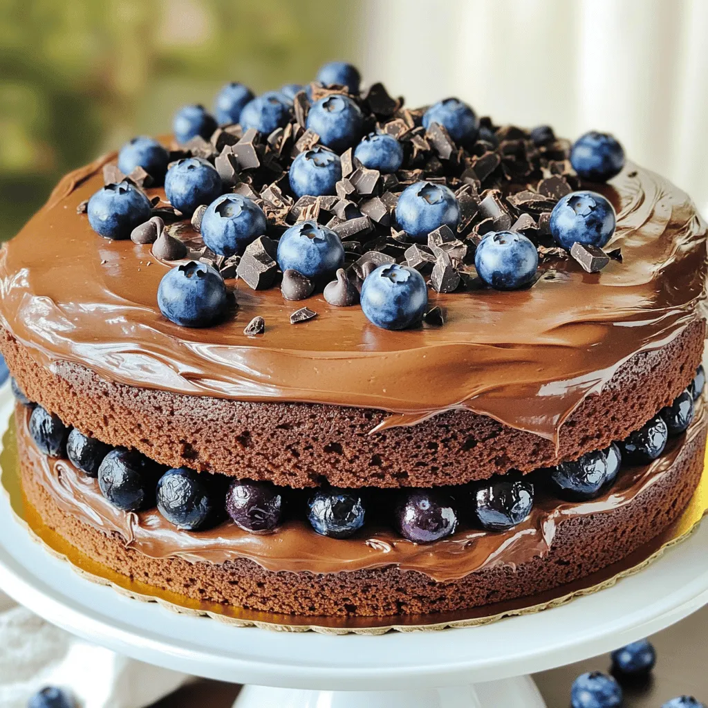 - 1 ½ cups all-purpose flour - 1 cup unsweetened cocoa powder - 1 cup granulated sugar To start your Blueberry Chocolate Cake, gather these pantry staples. The all-purpose flour gives the cake structure. Unsweetened cocoa powder adds rich chocolate flavor. Granulated sugar sweetens and balances the cocoa. - ½ cup unsalted butter, softened - 1 cup buttermilk (or plain yogurt) - 2 large eggs, at room temperature Next, you need dairy and eggs. Softened unsalted butter helps create a smooth batter. Buttermilk or yogurt adds moisture and tang. Use room temperature eggs for better mixing. - 1 teaspoon pure vanilla extract - 1 cup fresh blueberries, rinsed and drained - ½ cup dark chocolate chips For flavor, include these enhancers. Pure vanilla extract boosts sweetness and aroma. Fresh blueberries add juicy bursts of flavor. Dark chocolate chips bring extra richness. You can find the Full Recipe for this delicious cake in the next section. Grease and flour your cake pans. This helps the cakes come out easily. Use butter to grease. Then, sprinkle flour inside and shake off the extra. In a bowl, mix the flour, cocoa powder, baking soda, and salt. Whisk these ingredients until they are well blended. This step is key for a nice, even cake. In another bowl, beat the softened butter and sugar together. Use an electric mixer for best results. Mix until the mixture is light and fluffy. This should take about 3-4 minutes. Now, add the eggs one at a time to the butter mixture. Mix well after each addition. Pour in the buttermilk and vanilla extract next. Keep mixing until everything is smooth. Slowly add the dry ingredients to the wet ones. Use a spatula or mix on low speed. Combine until just mixed. Do not overmix or your cake will be tough. Gently fold in the blueberries and chocolate chips. Make sure they are evenly spread throughout the batter. This ensures each slice has the perfect balance of flavors. Divide the batter into the two prepared pans. Smooth the tops with a spatula. Bake in the preheated oven for 25-30 minutes. Check for doneness with a toothpick; it should come out clean or with a few crumbs. You can find the Full Recipe to follow these steps easily. Using room temperature ingredients is key for a great cake. When butter, eggs, and buttermilk are warm, they mix better. This helps create a smooth batter. A smooth batter leads to a soft and moist cake. I always take my ingredients out ahead of time. This way, they blend easily and give the best texture to my cake. Blueberries can sink in your cake if you don’t prep them first. To prevent this, toss the blueberries in a little flour before adding them to the batter. This coats them and helps them stay on top while baking. It keeps the blueberries evenly spread and gives you bursts of flavor in every slice. Decorating your cake is fun and easy! I love using a rich chocolate ganache to frost my cake. If you prefer something lighter, try a fluffy vanilla buttercream. Top your cake with fresh blueberries and dark chocolate shavings for a stunning look. This not only adds beauty but also enhances the flavor of your treat. You can find all the details in the Full Recipe. {{image_4}} You can change the flavor of your Blueberry Chocolate Cake with simple swaps. Adding nuts gives a nice crunch. Try walnuts or pecans for a rich flavor. You can also substitute fruits. Raspberries or strawberries work well too. They add a fresh twist to the cake. Just keep the berry amount the same. This way, you maintain the cake's moisture. To make this cake gluten-free, switch to a gluten-free flour blend. Look for a mix that includes xanthan gum. This helps mimic the texture of regular flour. Use the same amount as the all-purpose flour in the recipe. The cake may bake a bit quicker, so check it a few minutes early. This way, you can enjoy a delicious gluten-free treat without missing out! To make a vegan version, replace eggs with flaxseed meal. Mix one tablespoon of flaxseed meal with two and a half tablespoons of water. Let it sit until it thickens. For buttermilk, use almond milk with a splash of vinegar. This creates a similar tangy taste. Swap butter for coconut oil or vegan butter. These changes keep the cake delicious and moist without animal products. You can find the Full Recipe for more details on these substitutions. To keep your Blueberry Chocolate Cake fresh, store it at room temperature. Place the cake in an airtight container. This helps keep moisture in. If you do not have a container, cover the cake with plastic wrap. It will stay fresh for up to three days. Avoid putting it in the fridge, as this can dry it out. For long-term storage, you can freeze the cake. First, let it cool completely. Wrap each cake layer in plastic wrap. Then, place them in a freezer-safe bag or container. This method prevents freezer burn. The cake can stay frozen for up to three months. When you are ready to eat, just thaw it in the fridge overnight. To warm up the cake for serving, use the oven. Preheat it to 300°F (150°C). Place the cake on a baking sheet. Heat it for about 10 to 15 minutes. This warms the cake without drying it out. If you prefer, you can use the microwave. Heat it for 10 to 15 seconds at a time until warm. Enjoy your cake with a scoop of ice cream or a drizzle of sauce for an extra treat. To keep your cake moist, follow these tips: - Use room temperature ingredients. - Do not overmix the batter. - Bake just until a toothpick comes out clean. - Add a little extra buttermilk if needed. These steps help lock in moisture and make your cake soft and fluffy. Yes, you can use frozen blueberries. Here are the pros and cons: - Pros: Frozen blueberries are available year-round and often cheaper. They can be just as tasty and healthy. - Cons: They may release more juice, which can change the cake's texture. Thaw and drain them before use to limit excess moisture. Serve Blueberry Chocolate Cake with these ideas: - A scoop of vanilla ice cream. - A drizzle of chocolate sauce. - Fresh whipped cream on top. These choices enhance the flavors and add a fun touch. To make a larger cake, you can adjust the ingredients based on your pan size. For a 9x13 inch pan, double the ingredients. This way, your cake will bake evenly and still taste amazing. Keep an eye on the baking time, as larger cakes may take longer. You can find the Full Recipe for Blueberry Bliss Chocolate Cake in this article. It includes all the steps to create this delightful dessert. In this post, we explored how to bake a delicious Blueberry Chocolate Cake. We covered essential ingredients, step-by-step instructions, and helpful tips. You now know how to store your cake and modify the recipe if needed. Baking is fun and rewarding. Enjoy your cake fresh, or share it with friends. Experiment with flavors and find your perfect twist. Happy baking!