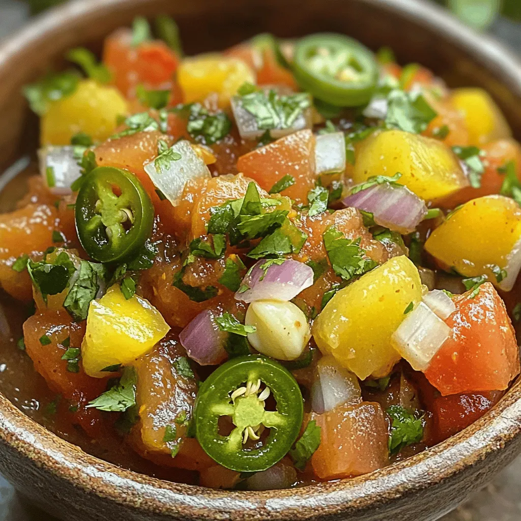 - 4 medium ripe tomatoes - 1 small yellow onion - 2 cloves garlic - 2 jalapeños - 1/4 cup fresh cilantro - 1 teaspoon ground cumin - 1 tablespoon fresh lime juice - Salt to taste For a great salsa ranchera, I use simple, fresh ingredients. The tomatoes are key. Choose ripe ones for the best taste. A small yellow onion adds sweetness. Garlic gives it a nice kick. If you can't find fresh tomatoes, you can use canned tomatoes. They work well in a pinch. You can also swap yellow onion for red onion. It adds a different flavor but still tastes great. If you want less heat, remove the seeds from the jalapeños. For more spice, add more jalapeños or use a hotter pepper. Adjust these ingredients to fit your taste buds. Remember, your salsa should reflect what you love. Experiment with these substitutions to find your perfect mix. For the full recipe, check out the detailed instructions. Preheating the skillet Start by preheating your skillet over medium-high heat. The heat needs to be just right to char the veggies. You want a nice sizzle when you add them. Charring the vegetables Next, add your chopped tomatoes, quartered onion, jalapeños, and peeled garlic to the hot skillet. Let them cook for about 8 to 10 minutes. Turn the vegetables every few minutes. Look for softening and slight blistering on the tomato skins. This charring gives the salsa great flavor. Transferring ingredients to the blender Once the veggies are nicely charred, take them off the heat. Let them cool for a few minutes; this makes blending easier. Now, transfer the charred tomatoes, onion, jalapeños, and garlic into a blender. Achieving desired salsa consistency Add in the chopped cilantro, ground cumin, fresh lime juice, and a pinch of salt. Blend this mixture until you reach your preferred consistency. If you want a smooth salsa, blend longer. For a chunkier salsa, blend less. Adjusting seasoning Now, taste your salsa. If it needs more flavor, add more salt or lime juice. Make it just right for your taste buds. Allowing flavors to meld For the best flavor, let your salsa sit at room temperature for about 30 minutes. This resting time helps all the flavors meld together. It’s worth the wait! For the complete recipe, check the Full Recipe section. Enjoy your homemade Salsa Ranchera with tortilla chips or your favorite tacos! Using fresh ingredients is key to great Salsa Ranchera. Fresh tomatoes, onions, and cilantro bring out the best taste. Try to get ripe, in-season tomatoes for the sweetest flavor. The herbs should be bright and fragrant. They make a big difference. Resting time also helps the flavors blend. After you mix your salsa, let it sit for about 30 minutes. This allows the spices and herbs to mingle. You’ll taste a deeper, richer flavor when you do this. One mistake is over-blending or under-blending your salsa. If you blend too much, it turns into a puree. Salsa should have some texture. Aim for a mix that is chunky, not smooth. On the other hand, if you don’t blend enough, you'll have large pieces that are hard to enjoy. Another common mistake is ignoring seasoning adjustments. Always taste your salsa before serving. You may need to add more salt or lime juice. Each ingredient can change the flavor, so adjust as needed. Serve your Salsa Ranchera in a bright, appealing dish. A colorful bowl makes the salsa look even tastier. You can also add garnishes for a nice touch. Fresh cilantro on top adds a pop of color. Lime wedges on the side look great and provide extra zing. These simple steps help make your dish inviting. Enjoy it with crispy tortilla chips or on your favorite tacos. For the full recipe, check out The Best Homemade Salsa Ranchera. {{image_4}} To make your salsa ranchera spicy, add more jalapeños or other hot peppers. You can also try incorporating hot sauce. Start with a small amount and taste as you go. This way, you control the heat. Some prefer a fiery kick, while others like a milder flavor. You can mix it up with different kinds of peppers too, like serranos or habaneros. Adding fruits like mango or pineapple gives your salsa a sweet twist. Chop them finely and mix them in. This adds brightness and a fun texture. You can also include black beans or corn for more bite. These ingredients make the salsa heartier and more filling. They also add color, making your dish even more appealing. If you want to make it vegan-friendly, skip any animal products. Luckily, the base ingredients are already plant-based! For those watching their salt, try low-sodium options. Use fresh herbs and spices for flavor instead. This keeps your salsa tasty without extra salt. Many people enjoy these modifications, making salsa ranchera fit various diets. To keep your salsa fresh, use an airtight container. Glass jars work well. Make sure the lid is tight. Place it in the fridge right after making it. This way, it stays cool and tasty. Avoid leaving it out too long. Salsa Ranchera lasts about 4 to 5 days in the fridge. Keep an eye on the smell and look for any changes. If you want to save it longer, freezing is a good option. Use a freezer-safe container and it can last up to 3 months. Just remember to leave some space in the container. Salsa expands when it freezes. When you want to enjoy leftovers, use your stovetop or microwave. For the stovetop, heat it gently over low heat. Stir it well to keep it smooth. If using a microwave, heat in short bursts. Stir in between to avoid hot spots. This keeps the flavor and texture just right. Enjoy your Salsa Ranchera warm or cold, as it tastes great either way! Salsa Ranchera is a flavorful dip and a great topping. You can use it with: - Tortilla chips for a tasty snack. - Tacos to add a burst of flavor. - Grilled meats for a zesty kick. - Eggs for a spicy breakfast twist. This salsa pairs well with many dishes and can elevate any meal. Yes, making Salsa Ranchera ahead of time is a smart move. Here are some tips: - Make it up to two days before serving. This gives the flavors time to blend. - Store it in a tight container in the fridge. This keeps it fresh and tasty. - Stir well before serving, as some separation may occur. Meal prep makes it easy to enjoy this dish anytime. You can easily change the spice level in Salsa Ranchera. Here’s how: - Use fewer jalapeños for a milder salsa. - Add a pinch of cayenne pepper for extra heat. - Experiment with different peppers, like serrano or habanero. Adjusting spice makes the salsa perfect for your taste. Salsa Ranchera differs from other salsas in flavor and texture. Here are some key points: - It often has roasted ingredients, giving it a smoky taste. - Many salsas use raw ingredients, which can be fresher but less complex. - Salsa Verde is made with tomatillos and has a tangy flavor. Each salsa brings unique tastes to the table, so explore them all! To make Salsa Ranchera, you need fresh tomatoes, onions, garlic, and jalapeños. I shared tips to improve flavor and avoid common mistakes. You can also customize the salsa by adjusting spice levels or adding fruits. In conclusion, making Salsa Ranchera is easy and fun. With fresh ingredients and a few tips, you can create a tasty dish that fits your taste. Enjoy experimenting with flavors and serving it at your next meal. Your friends and family will love it!