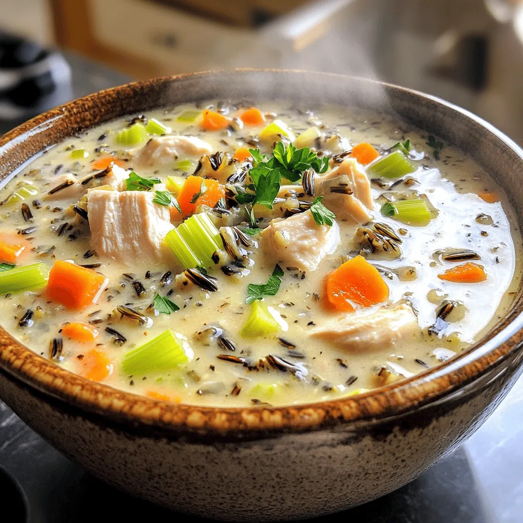 - 1 cup wild rice, thoroughly rinsed - 2 tablespoons extra virgin olive oil - 1 medium onion, finely diced - 2 cloves garlic, minced - 2 medium carrots, peeled and diced - 2 stalks celery, diced - 1 pound boneless, skinless chicken breasts, cut into bite-sized pieces - 6 cups low-sodium chicken broth (or vegetable broth) - 1 teaspoon dried thyme - 1 teaspoon dried rosemary - 1 cup heavy cream (or coconut milk) - Salt and black pepper, to taste - Fresh parsley, finely chopped, for garnish - Large pot - Cutting board and knife - Measuring cups and spoons - Spoon or spatula for stirring Wild rice is the star of this dish. It adds a nice, nutty flavor and a chewy texture. I love to rinse it well before using. This helps remove any grit. It also helps the rice cook evenly. Olive oil is best for sautéing the veggies. It gives a rich taste to the soup. When I heat the oil, I wait until it shimmers. This means it’s ready for the onion. I use a medium onion for its sweetness. Garlic, carrots, and celery add depth. I chop them small, so they cook well. Chicken breasts bring protein and heartiness. Cutting them into bite-sized pieces helps them cook evenly. For the broth, I like low-sodium options. This way, I can control the salt better. Thyme and rosemary give a nice aroma. I add them for warmth and a hint of earthiness. Heavy cream makes the soup rich and silky. If you want a lighter option, coconut milk works too. Finally, I season with salt and black pepper. Topping with fresh parsley adds color and taste. You can find the full recipe for this creamy wild rice chicken soup at the beginning of the article. - Warm olive oil in a large pot. - Sauté diced onion until translucent. - Add garlic, carrots, and celery, and cook until softened. To start, heat the olive oil over medium heat. You want it to shimmer, not smoke. Once the oil is ready, add the diced onion. Stir until it becomes soft and clear. This should take about 3 to 4 minutes. Next, toss in the minced garlic. After that, add the diced carrots and celery. Cook these for about 5 minutes, stirring often. This helps build great flavor. - Introduce diced chicken to the pot. - Stir until chicken is no longer pink. Now it’s time for the chicken. Add the diced chicken breasts directly into the pot. Stir it often. You want to cook the chicken until it turns white and firm, which usually takes about 5 to 7 minutes. Make sure there are no pink spots left. This step is key for a safe and tasty soup. - Add wild rice and chicken broth. - Incorporate thyme and rosemary, and bring to a boil. - Cover and reduce heat to simmer for 45 minutes. Once the chicken is ready, add in the wild rice. Pour in the chicken broth next. The broth adds depth and richness. Sprinkle in the dried thyme and rosemary. These herbs give the soup a wonderful aroma. Increase the heat to bring everything to a boil. After it reaches a boil, cover the pot and turn the heat down low. Let it simmer for 45 minutes. This allows the rice to cook fully and absorbs all the flavors. - Stir in heavy cream (or coconut milk). - Season with salt and pepper, and simmer for an additional 5-10 minutes. After the rice is tender, it’s time to add the cream. You can use heavy cream for a rich taste or coconut milk for a lighter option. Stir it in well. Next, season the soup with salt and black pepper to your liking. Let it simmer for another 5 to 10 minutes. This helps the soup thicken and blend the flavors beautifully. For the full recipe, check the details above. To make your soup shine, I suggest using low-sodium broth. This way, you control the saltiness. Fresh herbs also boost flavor. Try using thyme and rosemary for the best taste. If you want a richer soup, adjust the amount of cream. More cream gives a thicker texture. You can also simmer the soup longer. This helps it thicken naturally as the rice absorbs liquid. For a lovely look, serve the soup in deep bowls. Garnish each bowl with fresh parsley. It adds color and freshness. Pair your soup with crusty bread or warm rolls for a complete meal. This adds a nice crunch and warmth. {{image_4}} You can make this soup fit your needs. For a dairy-free option, use coconut milk instead of cream. This keeps it creamy while being light. If you're vegetarian, swap the chicken broth for vegetable broth. This still gives you a hearty flavor without meat. Don't have chicken? You can use cooked turkey or ham instead. They both add great taste. For more veggies, consider adding mushrooms or spinach. These not only boost nutrition but also add color and texture. Want to add a twist? Incorporate lemon juice for a zesty kick. It brightens the soup's flavor and adds freshness. If you like a bit of heat, add crushed red pepper. This gives the soup a nice hint of spice, making each bowl exciting. For the Full Recipe, check the section above. You can keep this soup in the fridge. Use an airtight container for best results. It stays fresh for up to 3 days. Always let the soup cool down before putting it in the fridge. This step helps prevent extra moisture, keeping the soup tasty. If you want to save some for later, freezing is a great choice. Portion out the soup in small containers. This way, you can heat just what you need. Make sure to label each container with the date. When you're ready to eat, thaw the soup in the fridge overnight. This keeps the texture smooth. To reheat, place the soup on the stove over low heat. Stir it gently as it warms up. If the soup seems thick, add a splash of broth. This will help loosen it up. You want it warm and creamy, just like when you first made it. For the full recipe, check out the Creamy Wild Rice Chicken Soup section. You can prepare this soup in advance. Cook it up to the point where you add the cream. Then, store it in the fridge. When you are ready to serve, simply add the cream and heat it through. Yes, you can switch to brown rice. Just remember that brown rice takes longer to cook. You will need to add more time to ensure it is tender. This soup pairs well with many sides. Crusty bread is a great option. A fresh salad or simple sandwiches also work nicely. You should store any leftover soup in an airtight container. It can last in the fridge for up to 3 days. Make sure to let it cool before putting it away. Yes, it can be gluten-free. Just use gluten-free broth and check all your other ingredients. Enjoy this dish worry-free! This soup combines rich flavors and hearty ingredients. You start with sautéed vegetables, then add chicken and wild rice. The cooking process creates a warming dish perfect for any season. Remember to use fresh herbs for the best taste. You can store leftovers easily, making this soup a great option for busy days. Experiment with substitutes to suit your tastes. Enjoy this creamy wild rice chicken soup as a comforting meal any time!