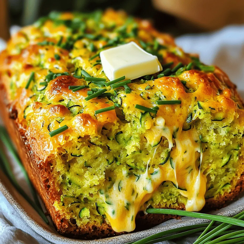 - 2 cups grated zucchini - 1 cup all-purpose flour - 1 cup whole wheat flour - 1 tablespoon baking powder - 1/2 teaspoon baking soda - 1 teaspoon salt - 1/2 teaspoon black pepper - 1 cup sharp cheddar cheese, shredded - 1/4 cup fresh chives, finely chopped - 1/2 cup buttermilk - 1/4 cup vegetable oil - 2 large eggs - 1 tablespoon honey (optional) I love using fresh ingredients for this quick bread. The zucchini gives it a moist texture, while the cheddar adds a rich flavor. Chives bring a nice hint of onion, making this bread perfect for any meal. If you don’t have buttermilk, you can make your own. Mix 1/2 cup milk with 1/2 tablespoon vinegar or lemon juice. Let it sit for 5 minutes. For a gluten-free option, you can use a gluten-free all-purpose flour blend. Just make sure it has xanthan gum for texture. If you want to change the cheese, try mozzarella for a milder taste or gouda for a smoky flavor. Each choice brings something special to the bread. I find that experimenting with ingredients keeps cooking fun! Feel free to try different herbs, spices, or cheeses to make this recipe your own. For the full recipe, check the details above. - Preheat your oven to 350°F (175°C). - Grease a 9x5-inch loaf pan or line it with parchment paper. - In a medium bowl, mix the wet ingredients: grated zucchini, buttermilk, vegetable oil, eggs, and honey (if using). Stir until well blended. - In a large bowl, whisk together the all-purpose flour, whole wheat flour, baking powder, baking soda, salt, and black pepper. Ensure there are no lumps. - Carefully add the zucchini mixture to the dry ingredients. - Use a spatula to gently fold the mixture until it is just combined. Do not overmix to keep the loaf light. - Now, fold in the sharp cheddar cheese and chopped chives. Mix until evenly distributed. - Pour the batter into the prepared loaf pan. Use a spatula to smooth the top. - Place the loaf pan in the oven and bake for 50 to 60 minutes. - To test for doneness, insert a toothpick into the center. It should come out clean. - Once baked, let the loaf cool in the pan for 10 minutes. Transfer it to a wire rack to cool completely before slicing. Follow these steps, and you'll create a delightful Zucchini, Cheddar Cheese & Chive Buttermilk Quick Bread. For the full recipe, refer to the detailed instructions above. Enjoy your baking! Squeezing excess moisture from zucchini is key. If you skip this step, your bread may become soggy. I recommend using a clean cloth or paper towel. Wrap the grated zucchini in the cloth and twist. This will help you get rid of the extra water. This step ensures a better texture in your bread. Next, avoid overmixing your batter. Gently fold the ingredients together until you see no dry flour. Overmixing can lead to a dense loaf. You want your bread to be light and fluffy. Trust me, the texture will be worth the effort. To boost flavor, you can add spices or herbs. A pinch of garlic powder can give it a nice kick. Fresh herbs like thyme or basil also work well. They can add a lovely aroma and taste to your bread. For serving, I recommend enjoying your quick bread warm. A pat of butter melts beautifully on top. You can also drizzle honey for a sweet touch. Serve with a fresh garden salad to create a balanced meal. If your bread turns out too dense, check your mixing. Overmixing often causes this issue. Next time, be sure to fold gently. To prevent a gummy texture, ensure you squeeze the zucchini well. If the batter feels thick, add a bit more buttermilk. This can help achieve a better consistency. Remember, the right texture is vital for a great bread experience. For the complete recipe, check the Full Recipe section. {{image_4}} You can make this bread even more fun with add-ins. Try adding nuts or seeds for a nice crunch. Walnuts or sunflower seeds work great. You can also use sun-dried tomatoes for a Mediterranean twist. They add a burst of flavor that pairs well with zucchini. Change up the herbs to give the bread a new taste. Dill or parsley can add fresh notes. You can also switch the cheese. Using mozzarella or gouda creates a different flavor profile. Each cheese brings its own charm to the bread. If you want a vegan option, swap the buttermilk and eggs. Use plant-based milk and a flaxseed mix instead. For low-carb needs, try using almond or coconut flour. These changes keep the bread tasty while fitting your diet. You can find the full recipe for Zucchini, Cheddar Cheese & Chive Buttermilk Quick Bread above. Enjoy creating your own delicious variations! To keep your Zucchini, Cheddar Cheese & Chive Buttermilk Bread fresh, store it correctly. The best method is to wrap it tightly in plastic wrap. This helps keep moisture in and air out. You can also place it in an airtight container. If you plan to eat it within a few days, room temperature storage works well. If you want it to last longer, refrigeration is the better choice, but it can dry out. Freezing this quick bread is easy and keeps its great taste. First, let the bread cool completely. Then, wrap it tightly in plastic wrap. Place it in a freezer bag or container to prevent freezer burn. When you're ready to enjoy it, thaw the bread in the fridge overnight. For faster thawing, leave it out on the counter for a few hours. This quick bread can stay fresh for about 4-5 days at room temperature. If you store it in the fridge, it can last up to a week. Always check for signs of spoilage, like mold or an off smell. If you see any signs, it’s best to throw it out. Keeping an eye on your bread helps you enjoy it at its best. Can I use frozen zucchini? Yes, you can use frozen zucchini. Just thaw it first and squeeze out the extra water. This step keeps your bread from getting soggy. Frozen zucchini works well when fresh is not available, and it still holds flavor. How do I make my quick bread rise more? To help your quick bread rise, make sure your baking powder is fresh. Also, do not overmix the batter. Mixing too much can make the bread dense. Fold gently and quickly to keep it light and airy. What goes well with Zucchini, Cheddar Cheese & Chive Buttermilk Quick Bread? This quick bread pairs well with a fresh salad or a bowl of soup. The cheese and chives add nice flavors. You can also serve it warm with butter or honey for a tasty treat. Can this quick bread be served at brunch? Absolutely! This quick bread makes a great addition to any brunch table. Its savory flavor and moist texture will impress your guests. It’s easy to slice and serve, making it perfect for gatherings. Calories and macros per serving Each slice has about 180 calories. It contains around 8 grams of protein and 6 grams of fat. The quick bread is filling and satisfying without being heavy. Health benefits of the main ingredients Zucchini is low in calories and high in vitamins. It adds moisture and fiber to the bread. Cheddar cheese offers protein and calcium, while chives bring vitamins A and C. Buttermilk adds probiotics for gut health. Each ingredient boosts the bread's nutrition! This blog post shared a simple recipe for zucchini, cheddar cheese, and chive buttermilk quick bread. You learned about ingredient choices, preparation steps, and the baking process. I also provided tips to enhance flavor and avoid common issues. Remember, you can customize this recipe with different cheeses or herbs. It’s a great dish for any meal. Enjoy making this delicious bread and experimenting with your own variations. Happy baking!