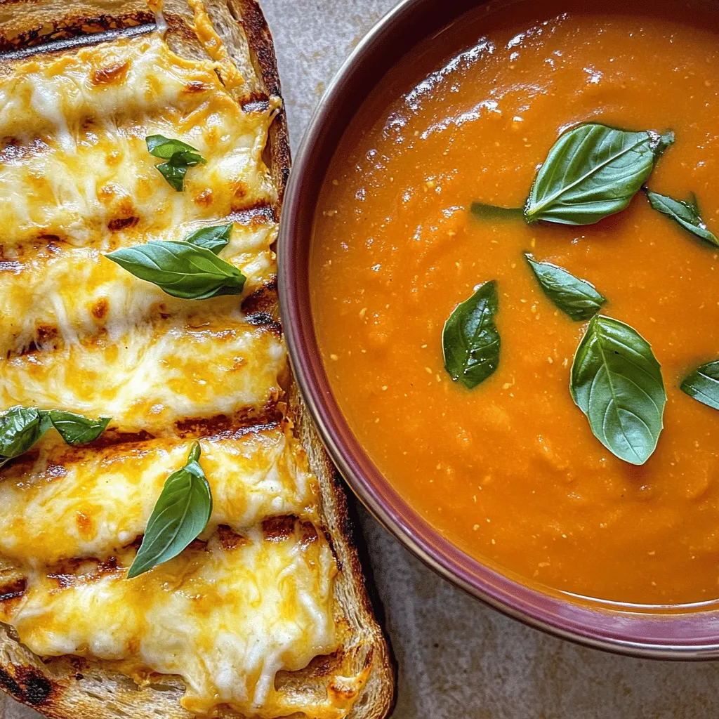 - 4 slices of hearty whole grain bread - 1 cup of shredded sharp cheddar cheese - 1 cup of shredded mozzarella cheese - 1 tablespoon unsalted butter - 1 (14 oz) can of crushed tomatoes - 1 cup of vegetable broth - 1 small onion, finely diced - 2 cloves of garlic, minced - 1 teaspoon of dried basil - 1 teaspoon of sugar - Salt and black pepper to taste - Fresh basil leaves for garnish (optional) When you gather these ingredients, you set the stage for a tasty meal. The hearty whole grain bread adds a nice base. Sharp cheddar and mozzarella bring a creamy, cheesy flavor to the toast. Butter helps it crisp up nicely. For the tomato soup, crushed tomatoes and vegetable broth create a rich base. The onion and garlic give it depth and warmth. Dried basil adds a nice herbal note. Sugar balances the acidity, making the soup even better. Fresh basil leaves can brighten the dish when you serve. You can find the full recipe in the section above. This dish is perfect for cozy nights or quick lunches. Each bite brings comfort and joy. Enjoy the harmony of flavors! - Sautéing the onion and garlic First, heat a splash of olive oil in a medium pot. Add the diced onion and cook it for about five minutes. The onion should become soft and clear. Then, stir in the minced garlic. Cook for one more minute until it smells great. - Simmering the crushed tomatoes and broth Next, pour in the crushed tomatoes and vegetable broth. Add dried basil, sugar, and a pinch of salt and pepper. Turn up the heat to bring it to a gentle boil. Once it boils, reduce the heat and let it cook for 15 to 20 minutes. Stir it from time to time so it doesn’t stick. - Blending the soup to desired consistency After simmering, blend the soup until smooth. You can use an immersion blender right in the pot. If you don’t have one, carefully transfer it to a stand blender. If the soup is too thick, mix in more vegetable broth. Taste it and adjust the seasonings if needed. - Spreading butter on the bread slices While the soup cooks, take four slices of bread. Spread a thin layer of softened butter on one side of each slice. Make sure to cover it well for a nice golden crust. - Layering the cheese for maximum melt On the unbuttered side of two slices, sprinkle half of the cheddar and mozzarella cheese. Stack another slice on top, with the buttered side facing out. This forms a tasty sandwich. - Grilling the sandwiches to golden perfection Heat a non-stick skillet over medium heat. Once hot, place the sandwiches in the skillet. Cook each side for about three to four minutes. Press down lightly to help the cheese melt. When both sides are golden brown, take them out and let them cool for a moment. Now, you are ready to enjoy this flavorful duo! For more details, check the Full Recipe. To make your tomato soup just right, you can adjust the thickness. If it feels too thick, add vegetable broth. This will help create a smooth texture. You can also enhance flavors with spices. Adding a pinch of red pepper flakes gives a nice kick. Fresh herbs like thyme or oregano can also boost taste. For serving, garnish with fresh basil leaves or a swirl of cream. These small touches make your soup look and taste fancy. You can even top it with croutons for added crunch. Choosing the right type of bread is key. Whole grain bread gives a hearty taste. Sourdough or white bread also works well for a crisp bite. To get an even melt and perfect crispiness, use medium heat. This allows the cheese to melt without burning the bread. Press down gently with a spatula for even cooking. For cheese options, try different varieties. Gouda adds a creamy touch, while pepper jack offers spice. Mixing cheeses can create fun flavors, too! You can use a blend of sharp cheddar and mozzarella for a classic combo. For the full recipe, check out the details above. {{image_4}} You can change the cheese for more fun. Gouda adds a nutty taste. Pepper jack gives a spicy kick. Mixing cheeses can create unique flavors. Try combining cheddar and mozzarella for a classic blend. Or use a mix of gouda and pepper jack for a bold twist. Add veggies to boost nutrition in your soup. Carrots and celery work well. They add texture and flavor. You can also blend in spinach for a fresh taste. If you like heat, sprinkle in red pepper flakes. This gives your soup a nice spicy kick. Customize it to fit your taste. For the full recipe, check here: [Full Recipe]. To store leftover tomato soup, use an airtight container. Glass or plastic containers work well. Allow the soup to cool before sealing. This helps avoid condensation. Store it in the fridge for up to three days. For reheating, pour the soup back into a pot. Heat it on low to medium heat. Stir often to prevent sticking. If it's too thick, add a splash of broth or water. You can also microwave it in a safe bowl. Heat in short bursts, stirring in between. For grilled toast, the best option is freezing. Wrap each sandwich tightly in plastic wrap. Then place them in a freezer bag. This keeps them fresh for up to three months. When you’re ready to eat, remove from the freezer. For reheating, use a skillet for the best texture. Heat over medium-low heat. Cook each side until the bread is crispy. If you're in a hurry, you can use a microwave. But this may not keep the bread crisp. Enjoy your cheesy goodness at its best! Yes, you can make the soup ahead of time. Store it in an airtight container in the fridge for up to three days. This helps the flavors deepen. To reheat, pour the soup into a pot and warm on low heat. Stir often to prevent sticking. If it’s too thick, add a splash of vegetable broth. You can serve a simple salad or crispy veggie sticks. A fresh green salad adds crunch. Pair with a light drink like lemonade or iced tea. Both drinks balance the rich cheese and soup. Yes, this recipe works great for meal prep. You can chop and store veggies in advance. Keep the soup and grilled toast separate until you're ready to eat. Store soup in a jar and grilled toast in a bag. To reheat, warm the soup on the stove and use a skillet for the toast. This keeps everything tasty and fresh. This blog post shares a simple recipe for cheesy grilled toast and tomato soup. I covered the main ingredients, step-by-step instructions, and helpful tips to perfect both dishes. Enjoying this classic comfort meal is easy and flexible with variations. These recipes not only warm you up but also help bring joy to your table. Try new cheeses and spices to make them your own! Happy cooking!