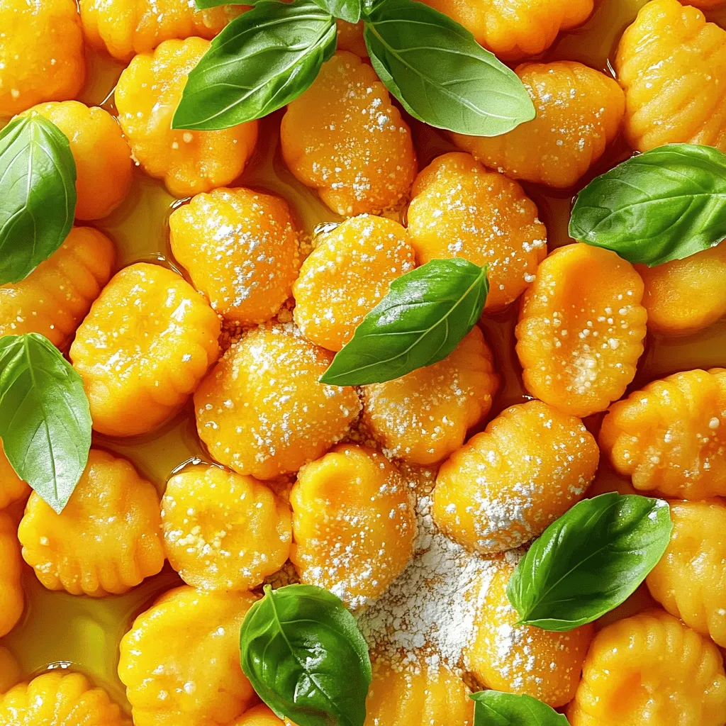 To make healthy sweet potato gnocchi, gather these key items: - 2 medium sweet potatoes - 1 cup whole wheat flour (plus extra for dusting) - 1/2 teaspoon salt - 1/4 teaspoon nutmeg (optional) - 1 egg, lightly beaten (or a flax egg for a vegan option) - 1 tablespoon olive oil These ingredients work together to create a soft dough. Sweet potatoes give a sweet flavor and vibrant color. Whole wheat flour adds a nutritious touch. Using salt enhances the taste, while nutmeg gives a nice warmth. You can add these optional items to boost flavor: - Fresh basil leaves for garnish - Grated Parmesan cheese (optional) Basil adds a fresh touch and nice aroma. Parmesan gives a savory kick. Both are great for finishing your dish. If you have special dietary needs, consider these swaps: - Use gluten-free flour instead of whole wheat flour. - Replace the egg with a flax egg for a vegan version. These options keep the gnocchi tasty and suitable for different diets. You can still enjoy the joy of cooking and eating healthy meals! For the full recipe, check out the details above. First, you need two medium sweet potatoes. Preheat your oven to 400°F (200°C). Pierce each sweet potato with a fork several times. This helps steam escape while baking. Next, place them on a baking sheet lined with parchment paper. Bake for about 45 minutes. They are ready when they are soft and easily pierced with a fork. After removing them from the oven, let them cool for a few minutes. Once cool, peel off the skin and mash the sweet potatoes until smooth. In a large mixing bowl, combine the smooth sweet potato mash with the lightly beaten egg, salt, and nutmeg if you want that extra flavor. Gradually add in one cup of whole wheat flour. Mix gently until a soft dough forms. Be careful not to overmix, or your gnocchi will be tough. Lightly flour a clean surface. Divide the dough into four parts. Roll each part into a rope about 1/2 inch thick. Cut each rope into 1-inch pieces for gnocchi. Bring a large pot of salted water to a boil. Cook the gnocchi in small batches. They are done when they float to the surface, which takes about 2 to 3 minutes. Use a slotted spoon to remove them and place them on a plate. To avoid sticking, drizzle a little olive oil over the cooked gnocchi. For a tasty twist, you can sauté them in a skillet over medium heat until golden. Serve your gnocchi warm. Garnish with fresh basil and grated Parmesan cheese if you like. Enjoy this delightful dish! For the complete recipe, check out the Full Recipe section. To cook gnocchi well, follow these tips: - Use fresh ingredients. This helps enhance the taste. - Do not overcrowd the pot. Cook small batches for even cooking. - Salt the water well. This adds flavor to the gnocchi. - Look for floating gnocchi. They are done when they rise to the top. When you cook them right, gnocchi can be soft and tender. You can swap some ingredients to make your gnocchi even healthier: - Use gluten-free flour instead of whole wheat flour. This is great for gluten-free diets. - Replace the egg with a flax egg. Mix one tablespoon of flaxseed meal with two and a half tablespoons of water. Let it sit until it thickens. - Add spinach or kale to the dough. This boosts nutrition and adds color. These changes keep the recipe tasty while benefiting your health. To get the best texture for your gnocchi: - Ensure the sweet potatoes are fully cooked. They should be soft and easy to mash. - Avoid adding too much flour. This can make the gnocchi tough. - Mix the dough gently until combined. Overworking can lead to dense gnocchi. - Shape the gnocchi gently, not pressing too hard. This keeps them light and fluffy. Following these steps gives you delightful gnocchi every time. For the full recipe, check out the Healthy Sweet Potato Gnocchi 🥢 section. Enjoy making your meal! {{image_4}} You can make gluten-free gnocchi easily. Swap the whole wheat flour for a gluten-free blend. Look for blends with rice flour and tapioca flour. These options bind well and keep the gnocchi soft. Another choice is using almond flour, but you may need to adjust the amount. Aim for a dough that holds together without being sticky. You can boost flavors by adding veggies or herbs. For a fresh twist, mix in pureed spinach or roasted garlic. Both bring color and taste. Chopped herbs like parsley or thyme also add a nice touch. Just make sure to adjust flour amounts based on added moisture. This keeps your gnocchi light and fluffy. Sweet potato gnocchi works well with many sauces. A simple sage brown butter sauce is a classic choice. The nutty flavor of brown butter enhances the sweet potatoes. You can also try marinara or pesto for a fresh kick. Each sauce offers a different flavor profile. Don't forget to sprinkle some cheese on top for extra yum! For a complete recipe, check out the Full Recipe. Store leftover gnocchi in an airtight container. Make sure to let them cool first. Place a sheet of parchment paper between layers to prevent sticking. They will stay fresh in the fridge for up to three days. If you want to keep them longer, freezing is a great option. To freeze gnocchi, first, lay them out on a baking sheet. Make sure they are not touching each other. Freeze them for about an hour. Once they are firm, transfer them to a freezer-safe bag. They can last up to three months in the freezer. This way, you can enjoy this dish anytime! When you are ready to eat your gnocchi, you can reheat them in a few ways. The best method is to boil them in water for a couple of minutes. You can also sauté them in a pan with a bit of olive oil. This gives them a nice crispy texture. Enjoy your gnocchi warm with your favorite sauce! Check the Full Recipe for more details. Sweet potatoes are very nutritious. They are high in vitamins A and C. These vitamins help your immune system and skin. Sweet potatoes also have fiber. Fiber is good for digestion and keeps you full. They contain antioxidants that may reduce inflammation. Plus, they are low in calories compared to other carbs. Overall, sweet potatoes are a great choice for a healthy diet. Yes, you can make gnocchi without eggs. To do this, use a flax egg instead. A flax egg is made by mixing 1 tablespoon of ground flaxseed with 3 tablespoons of water. Let it sit for a few minutes until it thickens. This works well as a binder in the dough. Many people enjoy egg-free gnocchi, and it can be just as tasty! Homemade gnocchi can last for about 3 to 5 days in the fridge. Be sure to store them in an airtight container. If you want them to last longer, consider freezing them. Frozen gnocchi can stay good for up to 2 months. Just remember to cook them straight from the freezer. For a delicious meal, try the full recipe I shared! Sweet potato gnocchi is a fun and healthy recipe. We explored essential and optional ingredients to boost flavor. You learned step-by-step how to prep, make, and serve the gnocchi. Best practices and substitutions helped you cook it just right. We also looked at gluten-free options, tasty variations, and storage tips. With this guide, you can create delicious meals that fit your needs. Enjoy experimenting with different flavors and sharing your tasty results!