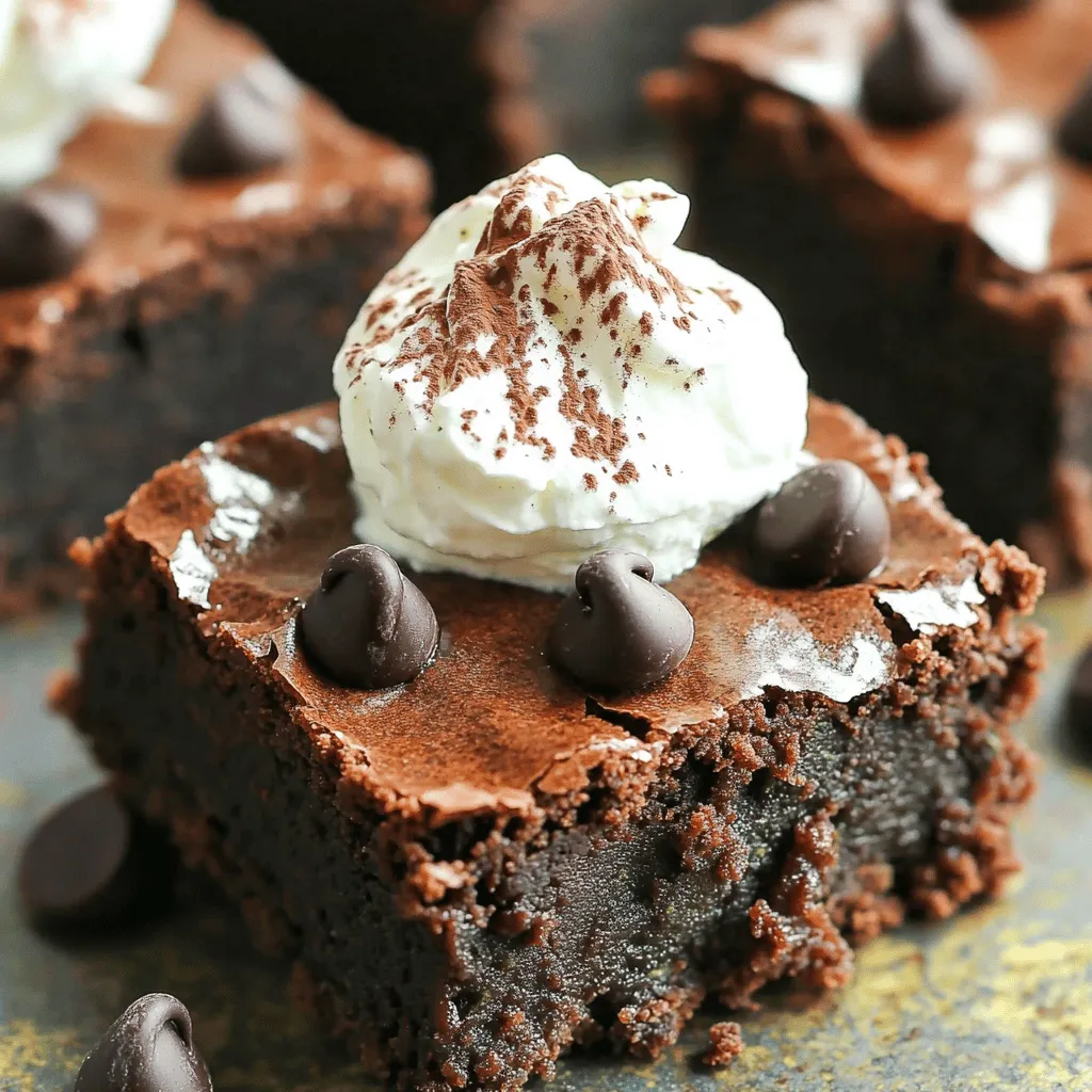 - 1 medium zucchini, finely grated and moisture squeezed out - 1/2 cup almond flour - 1/2 cup unsweetened cocoa powder - 1/2 cup erythritol or keto-friendly sweetener - 1/4 cup unsweetened applesauce - 2 large eggs, at room temperature - 1/4 cup melted coconut oil - 1 teaspoon pure vanilla extract - 1/2 teaspoon baking powder - 1/4 teaspoon sea salt - 1/2 cup sugar-free dark chocolate chips The main ingredients create a rich base for the brownies. The zucchini adds moisture, while the almond flour provides a nutty flavor. Unsweetened cocoa powder gives a deep chocolate taste. Erythritol keeps the recipe low-carb and KETO-friendly. The additional ingredients further enhance the texture and flavor. Applesauce adds sweetness without extra sugar. Eggs help bind the mix, while melted coconut oil adds richness. Vanilla extract gives warmth and depth. Optional enhancements are perfect for those who crave more. Baking powder helps the brownies rise a bit, while sea salt balances sweetness. Sugar-free dark chocolate chips add a delightful melt-in-your-mouth experience. For the full recipe, you can refer to the complete guide. Enjoy making these fudgy delights! - Preheat the oven to 350°F (175°C). - Line an 8-inch square baking dish with parchment paper. This helps with easy removal later. - In a large bowl, combine the grated zucchini with almond flour, cocoa powder, erythritol, baking powder, and sea salt. - Mix well so all dry ingredients blend together. This ensures uniform flavor. - In another bowl, whisk together the eggs, melted coconut oil, applesauce, and vanilla extract. - Make sure the mixture is smooth and free of lumps. - Pour the wet ingredients into the dry mix. Stir gently until just combined. - Be careful not to overmix. This keeps the brownies fudgy and tender. - (Optional) Fold in dark chocolate chips for a richer taste. - Transfer the batter to the prepared dish. Level the surface with a spatula. - Bake for 25-30 minutes. Check with a toothpick; it should come out with a few moist crumbs. - Let the brownies cool for 10 minutes in the pan. - Use the parchment overhang to lift them out. Transfer to a wire rack to cool completely before slicing. For the full recipe, check the details above! To get that rich, fudgy texture, avoid overmixing the batter. When you mix too much, the brownies can become dense and tough. Instead, mix just until you see no dry flour. Using high-quality cocoa powder is key for a richer flavor. Look for unsweetened cocoa that is dark and fragrant. When using zucchini, always squeeze out excess moisture thoroughly. Too much moisture can make the brownies soggy. Grating the zucchini finely helps it blend evenly in the batter. This ensures every bite is moist and flavorful. For a delightful treat, serve the brownies warm with whipped coconut cream. This adds a light texture that contrasts nicely with the dense brownies. You can also sprinkle cocoa powder or add a few chocolate chips on top for a beautiful finish. These simple touches elevate your presentation and taste. {{image_4}} You can easily make these brownies gluten-free. Just swap almond flour for coconut flour or another gluten-free flour. Coconut flour absorbs more moisture, so use less of it. About 1/4 cup should work well in this recipe. Want more texture? Add nuts or seeds like walnuts, pecans, or pumpkin seeds. They give a nice crunch. You can also try different keto-friendly sweeteners. Monk fruit and stevia are great options. They change the sweetness but keep it healthy. If you need a dairy-free option, use a dairy-free chocolate alternative. This keeps the brownies rich and tasty. For a vegan version, replace eggs with flax eggs. Mix 1 tablespoon of ground flaxseed with 2.5 tablespoons of water. Let it sit for a few minutes to thicken. It works great in this recipe and keeps everything moist. For the full recipe, check the earlier sections. Enjoy experimenting with these fun variations! Store your fudgy KETO zucchini brownies in an airtight container. They last up to 3 days at room temperature. This way, they stay fresh and tasty. If you want to enjoy them longer, keep reading. You can freeze these brownies for up to 3 months. Use a freezer-safe container to keep them from getting freezer burn. When you’re ready to eat, just take them out and let them thaw. To enjoy your brownies warm, reheat them in the microwave for a few seconds. You can also use the oven for a few minutes. This makes them taste fresh and fudgy again. For the full recipe, check the earlier section. Yes, you can use stevia, monk fruit, or any preferred keto sweetener. Each has its own taste and sweetness level, so adjust as needed. I often switch things up based on what I have in my pantry. They are ready when a toothpick inserted comes out mostly clean with a few moist crumbs. This means they are fudgy, which is what we want! Keep an eye on them towards the end of baking. Absolutely! Adding chocolate chips will enhance the chocolate flavor in the brownies. I recommend using sugar-free dark chocolate chips for an extra indulgent touch. Yes, they can be made ahead of time and stored for easy snacks or desserts throughout the week. They keep well and taste great even after a few days. While zucchini adds moisture and reduces carbs, you can experiment with other vegetable purees if preferred. Options like pumpkin or applesauce can work, though they may change the flavor. They are delicious on their own or topped with whipped coconut cream for an extra treat. You can also sprinkle some cocoa powder or extra chocolate chips for a nice finish. Check out the Full Recipe for more serving ideas! These fudgy KETO zucchini brownies are simple to make and oh-so-delicious. You have learned about key ingredients, step-by-step instructions, and helpful tips. Remember, the right zucchini adds moisture, while the perfect sweetener keeps it low-carb. Feel free to try your own twists and enjoy these brownies warm or cold. They are great for meal prep and perfect for any sweet tooth. Keep these tips in mind, and you will make guilt-free treats that everyone will love. Enjoy your baking!