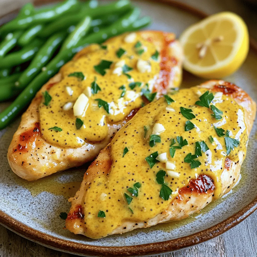 - 4 boneless, skinless chicken breasts - Salt and black pepper, to taste - 2 tablespoons extra virgin olive oil - 2 tablespoons unsalted butter - 4 cloves garlic, finely minced - 1 tablespoon Dijon mustard - 1 tablespoon whole grain mustard - ⅓ cup low-sodium chicken broth - ¼ cup fresh lemon juice - Zest of 1 lemon - 2 tablespoons fresh parsley, finely chopped The main ingredients make this dish shine. The chicken breasts provide a great base. I like to season them with salt and black pepper. This helps to enhance their natural flavor. The olive oil gives the chicken a nice crisp. It also adds a rich taste. Butter adds more flavor and makes the chicken juicy. Now, let’s talk about the sauce. Garlic brings a wonderful aroma. The Dijon and whole grain mustards give the sauce a nice tang. Combining them creates a balance that works well with chicken. The low-sodium chicken broth keeps the sauce light. Fresh lemon juice and zest add brightness. They make the sauce zesty and refreshing. Finally, parsley adds color and a hint of freshness. You can find the full recipe with all details on how to make this dish. Enjoy the blend of flavors that come together in each bite! - Season chicken breasts with salt and pepper. - Let chicken sit at room temperature for 15 minutes. To begin, I always season the chicken breasts well. I use salt and pepper on both sides. This step is key for flavor. Letting the chicken rest for 15 minutes is also important. It helps the chicken cook evenly and stay juicy. - Heat olive oil in a skillet and sear chicken for 6-7 minutes on one side. - Flip chicken, add butter, and cook until internal temperature reaches 165°F. Next, I heat olive oil in a skillet over medium-high heat. When the oil shimmers, I add the chicken breasts. I let them sear for 6 to 7 minutes on one side. This creates a nice golden-brown crust. After that, I flip the chicken with tongs. I add butter to the skillet at this point. I continue cooking until the chicken reaches 165°F inside. This ensures it's safe to eat. - Sauté garlic in the skillet after removing chicken. - Stir in mustards, chicken broth, and lemon juice. Simmer for 3-4 minutes. - Incorporate lemon zest and adjust seasoning. Once the chicken is done, I remove it from the skillet. In the same skillet, I add minced garlic to sauté. I cook it for about 30 seconds until it smells great. Then, I stir in the Dijon and whole grain mustards. Next, I add chicken broth and lemon juice. I let the sauce simmer for 3 to 4 minutes. This helps all the flavors mix well. Finally, I add lemon zest and taste the sauce. I adjust the seasoning as needed. For the full recipe, check out the entire process. Enjoy making this dish! - Use a meat thermometer for accurate chicken doneness. This ensures safe and tasty chicken. - Allow chicken to rest after cooking for juiciness. Resting helps keep the meat moist. - Serve pan-seared chicken with bright green beans or a fresh salad. These sides add color and crunch. - Pair the dish with a crisp white wine. A Pinot Grigio or Sauvignon Blanc works well with the sauce. - Add fresh herbs like thyme or rosemary for extra flavor. These herbs bring a lovely aroma. - To adjust the sauce, try adding honey for sweetness or chili flakes for heat. This change offers a nice twist. For more detailed instructions, check the Full Recipe. {{image_4}} For a twist on this recipe, try using chicken thighs instead of breasts. Thighs stay juicy and tender. If you're looking for a vegetarian option, tofu works well too. Just press it to remove excess moisture, then cut it into cubes. Another fun swap is to change the mustard. You can use spicy brown mustard for heat or honey mustard for sweetness. Each variation gives the sauce a unique flavor. You can also cook this dish in the oven. Preheat your oven to 400°F (200°C). Sear the chicken in a skillet first, then transfer it to the oven to finish cooking. This method keeps your chicken juicy and perfectly cooked. If you prefer grilling, season the chicken and grill until golden brown. This adds a nice smoky flavor. For slow cooker fans, sear the chicken first, then place it in the slow cooker. Pour the sauce over it and cook on low for 3-4 hours. If you need gluten-free options, use gluten-free mustard and chicken broth. They taste just as good. For low-carb diets, skip the chicken broth and reduce the lemon juice. This keeps the sauce light but still flavorful. You can enjoy this dish while sticking to your diet. Try these variations for a fresh take on pan-seared chicken with lemon mustard sauce. Each option makes the dish your own while keeping it delicious. For the complete recipe, refer to the Full Recipe section. To store leftovers, let the chicken cool to room temperature first. Place the chicken and sauce in an airtight container. Make sure to seal it tightly. You can keep it in the fridge for up to three days. If you want to enjoy this dish later, proper storage helps maintain the flavor. To freeze, wrap the cooked chicken in plastic wrap, then place it in a freezer bag. Pour the sauce into a separate airtight container. You can freeze both items for up to three months. When you are ready to eat, take them out of the freezer. Thaw the chicken and sauce in the fridge overnight. For the best taste and texture, reheat chicken in the oven. Preheat it to 350°F (175°C). Place the chicken in a dish, cover with foil, and heat for about 20 minutes. For the sauce, warm it gently in a saucepan over low heat. Stir often to avoid burning. This way, your chicken will stay juicy and the sauce will be fresh. For the full recipe, check the earlier sections. What is the best way to season chicken for pan searing? To season chicken, use salt and black pepper. Rub them on both sides. This boosts flavor and helps create a nice crust. You can also add garlic powder or paprika for extra taste. How do I know when chicken is fully cooked? The best way to check chicken doneness is with a meat thermometer. Insert it into the thickest part of the chicken. It should read 165°F (75°C). If you don’t have one, cut into the chicken. The meat should be white, not pink. Can I make the sauce ahead of time? Yes, you can make the sauce ahead. Just store it in an airtight container. When you are ready to use it, heat it gently. Adding a bit of extra lemon juice can refresh the flavor. How can I make the dish spicier? To add heat, mix in some red pepper flakes. You could also use spicy mustard instead of Dijon. Adjust the amount based on your taste. What sides go well with pan-seared chicken? Some great sides include steamed green beans, mashed potatoes, or a fresh salad. These balance the rich sauce and add color to your plate. Can I use different citrus in the sauce? Yes, you can switch lemon for other citrus fruits. Try lime or orange for a different flavor. Each will add its own twist to the sauce. This blog post covered how to make a delicious pan-seared chicken with lemon mustard sauce. You learned about the key ingredients, step-by-step cooking instructions, and helpful tips. Variations and storage advice were also included to fit your needs. In conclusion, this recipe offers a simple way to enjoy tasty chicken. Feel free to adapt ingredients or methods to suit your taste. Enjoy your meal!