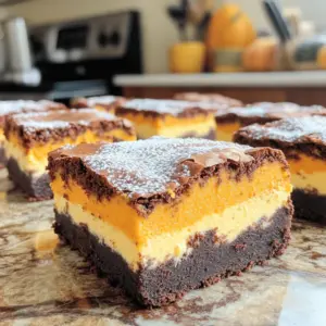 - 1 cup unsweetened cocoa powder - 1 cup all-purpose flour - 1 teaspoon baking powder - ½ teaspoon salt - 1 cup granulated sugar - ½ cup unsalted butter, melted - 2 large eggs - 1 teaspoon vanilla extract - 8 oz cream cheese, softened - ½ cup canned pumpkin puree - ⅓ cup granulated sugar - 1 large egg - 1 teaspoon ground cinnamon - ½ teaspoon ground nutmeg - 1 teaspoon vanilla extract For these pumpkin cheesecake brownies, I use simple ingredients. The brownie base has cocoa powder, flour, and eggs. You mix the melted butter and sugar for a rich flavor. Then, you add in the eggs and vanilla for extra taste. The pumpkin cheesecake layer brings a lovely twist. Cream cheese blends with pumpkin puree for creaminess. The spices like cinnamon and nutmeg add warmth. You also use sugar and an egg to bind it all together. These ingredients make a great mix of flavors and textures. The brownies are rich and fudgy, while the pumpkin cheesecake is creamy and smooth. Together, they create a perfect dessert for any occasion. For the complete recipe, check out the [Full Recipe]. - Preheat the oven to 350°F (175°C). - Prepare the baking pan by greasing it or lining it with parchment paper. - In a medium bowl, whisk together the cocoa powder, flour, baking powder, and salt. - In a larger bowl, mix the melted butter and sugar. Add eggs one at a time, then stir in the vanilla. - Gently fold the dry mixture into the wet mixture until just combined. - In another bowl, beat the cream cheese until smooth. - Mix in the pumpkin puree, sugar, egg, cinnamon, nutmeg, and vanilla. Stir until creamy and lump-free. - Spread this mixture over the brownie batter in the pan. - Pour the remaining brownie batter on top of the cheesecake layer. - Use a knife or skewer to swirl the two batters together for a marbled look. - Bake in the preheated oven for 30-35 minutes. Check for doneness using a toothpick; it should come out clean or with a few moist crumbs. Once baked, let them cool for about 15 minutes in the pan. Then, transfer them to a wire rack to cool completely. This will make slicing easier later. For the full recipe, check out the details above! To get the best brownie texture, mix the wet and dry ingredients well. Start by whisking the dry ingredients first, then add them to the wet mix. This ensures even blending. Use a spatula to fold in the dry mix gently. Avoid stirring too much; this keeps your brownies fudgy. To prevent overbaking, set a timer for 30 minutes. Check them with a toothpick. If it comes out with a few moist crumbs, they are done. If you bake too long, they can turn dry. Adding spices can make your brownies even better. Try mixing in a pinch of ginger or allspice for warmth. You can also sprinkle in some chocolate chips for extra richness. Nuts like walnuts or pecans add a nice crunch. For serving, dust your brownies with powdered sugar to make them look fancy. A drizzle of caramel sauce adds sweetness and charm. For a creamy touch, serve with whipped cream or a scoop of vanilla ice cream. Each bite will be a delightful mix of flavors. Check out the Full Recipe for more details! {{image_4}} You can make pumpkin cheesecake brownies gluten-free. Use a gluten-free flour blend instead of all-purpose flour. Look for options that contain a mix of rice flour, almond flour, or oat flour. These blends can mimic the texture of regular flour well. You may need to adjust the baking time. Start checking for doneness a few minutes early to avoid overbaking. If you want a healthier treat, consider using low sugar or sugar substitutes. Options like stevia or monk fruit sweetener work well. They keep the sweetness without the extra calories. For the cheesecake layer, you can swap out cream cheese for a lighter option like Greek yogurt. It gives a nice tang and keeps the texture creamy. You can also find reduced-fat cream cheese for a similar taste with fewer calories. To keep your pumpkin cheesecake brownies fresh, you have two main options: room temperature or refrigeration. If you plan to eat them within two days, storing them at room temperature works fine. Just place them in an airtight container to avoid drying out. If you want to save them for longer, refrigerate them. This way, they stay moist and tasty for up to a week. For freezing, cut the brownies into squares before wrapping them. Use plastic wrap, then place them in a freezer-safe bag. This method keeps them safe from freezer burn. When you're ready to enjoy them, let them thaw at room temperature or pop them in the microwave for a few seconds. In the fridge, your brownies can last about a week. They may lose some freshness after a few days, but they'll still taste great. When frozen, they can last for up to three months. Just remember to wrap them well to keep their flavor intact. For the best taste, eat them sooner rather than later. Enjoy your delicious pumpkin cheesecake brownies whenever the craving strikes! Yes, you can make these brownies ahead of time. To prepare in advance, bake the brownies, allow them to cool, and store them in an airtight container. They can sit at room temperature for up to three days. For longer storage, freeze them. When you want to enjoy them, thaw them in the fridge overnight. This keeps them fresh and tasty. Absolutely! Adding nuts or chocolate chips can enhance the flavor and texture. I recommend using walnuts or pecans for a nice crunch. You can also mix in semi-sweet or dark chocolate chips for extra richness. Just fold them into the brownie batter before spreading it in the pan. If you want to skip cream cheese, try mascarpone or Greek yogurt. Both give a creamy texture. You can also use silken tofu for a dairy-free version. Blend it until smooth and mix in the pumpkin and spices. This keeps the cheesecake layer rich and tasty without using cream cheese. Watch for a few signs while baking. The edges should pull away from the pan. You can also insert a toothpick into the center. If it comes out clean or with a few moist crumbs, your brownies are ready. Keep an eye on them to avoid overbaking, which can lead to dry brownies. Enjoy the process! This blog post covered a delicious recipe for brownies with pumpkin cheesecake swirl. You learned key ingredients, step-by-step instructions, and tips to perfect your dessert. Consider variations to suit your needs, like gluten-free options or healthier ingredients. Also, I shared storage tips to keep your brownies fresh longer. Enjoy making this treat, and feel free to experiment. Both the brownies and cheesecake layer can shine with your own touch. Happy baking!