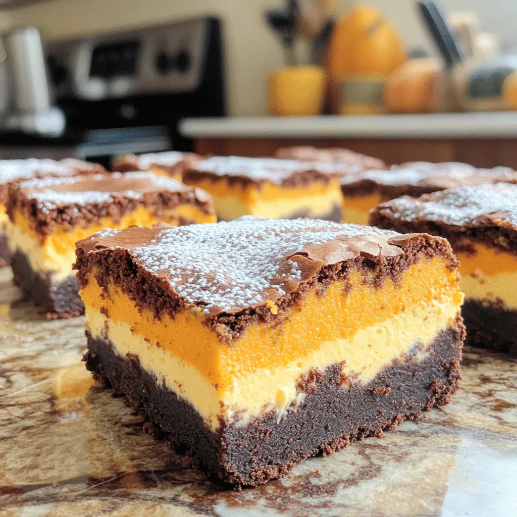 - 1 cup unsweetened cocoa powder - 1 cup all-purpose flour - 1 teaspoon baking powder - ½ teaspoon salt - 1 cup granulated sugar - ½ cup unsalted butter, melted - 2 large eggs - 1 teaspoon vanilla extract - 8 oz cream cheese, softened - ½ cup canned pumpkin puree - ⅓ cup granulated sugar - 1 large egg - 1 teaspoon ground cinnamon - ½ teaspoon ground nutmeg - 1 teaspoon vanilla extract For these pumpkin cheesecake brownies, I use simple ingredients. The brownie base has cocoa powder, flour, and eggs. You mix the melted butter and sugar for a rich flavor. Then, you add in the eggs and vanilla for extra taste. The pumpkin cheesecake layer brings a lovely twist. Cream cheese blends with pumpkin puree for creaminess. The spices like cinnamon and nutmeg add warmth. You also use sugar and an egg to bind it all together. These ingredients make a great mix of flavors and textures. The brownies are rich and fudgy, while the pumpkin cheesecake is creamy and smooth. Together, they create a perfect dessert for any occasion. For the complete recipe, check out the [Full Recipe]. - Preheat the oven to 350°F (175°C). - Prepare the baking pan by greasing it or lining it with parchment paper. - In a medium bowl, whisk together the cocoa powder, flour, baking powder, and salt. - In a larger bowl, mix the melted butter and sugar. Add eggs one at a time, then stir in the vanilla. - Gently fold the dry mixture into the wet mixture until just combined. - In another bowl, beat the cream cheese until smooth. - Mix in the pumpkin puree, sugar, egg, cinnamon, nutmeg, and vanilla. Stir until creamy and lump-free. - Spread this mixture over the brownie batter in the pan. - Pour the remaining brownie batter on top of the cheesecake layer. - Use a knife or skewer to swirl the two batters together for a marbled look. - Bake in the preheated oven for 30-35 minutes. Check for doneness using a toothpick; it should come out clean or with a few moist crumbs. Once baked, let them cool for about 15 minutes in the pan. Then, transfer them to a wire rack to cool completely. This will make slicing easier later. For the full recipe, check out the details above! To get the best brownie texture, mix the wet and dry ingredients well. Start by whisking the dry ingredients first, then add them to the wet mix. This ensures even blending. Use a spatula to fold in the dry mix gently. Avoid stirring too much; this keeps your brownies fudgy. To prevent overbaking, set a timer for 30 minutes. Check them with a toothpick. If it comes out with a few moist crumbs, they are done. If you bake too long, they can turn dry. Adding spices can make your brownies even better. Try mixing in a pinch of ginger or allspice for warmth. You can also sprinkle in some chocolate chips for extra richness. Nuts like walnuts or pecans add a nice crunch. For serving, dust your brownies with powdered sugar to make them look fancy. A drizzle of caramel sauce adds sweetness and charm. For a creamy touch, serve with whipped cream or a scoop of vanilla ice cream. Each bite will be a delightful mix of flavors. Check out the Full Recipe for more details! {{image_4}} You can make pumpkin cheesecake brownies gluten-free. Use a gluten-free flour blend instead of all-purpose flour. Look for options that contain a mix of rice flour, almond flour, or oat flour. These blends can mimic the texture of regular flour well. You may need to adjust the baking time. Start checking for doneness a few minutes early to avoid overbaking. If you want a healthier treat, consider using low sugar or sugar substitutes. Options like stevia or monk fruit sweetener work well. They keep the sweetness without the extra calories. For the cheesecake layer, you can swap out cream cheese for a lighter option like Greek yogurt. It gives a nice tang and keeps the texture creamy. You can also find reduced-fat cream cheese for a similar taste with fewer calories. To keep your pumpkin cheesecake brownies fresh, you have two main options: room temperature or refrigeration. If you plan to eat them within two days, storing them at room temperature works fine. Just place them in an airtight container to avoid drying out. If you want to save them for longer, refrigerate them. This way, they stay moist and tasty for up to a week. For freezing, cut the brownies into squares before wrapping them. Use plastic wrap, then place them in a freezer-safe bag. This method keeps them safe from freezer burn. When you're ready to enjoy them, let them thaw at room temperature or pop them in the microwave for a few seconds. In the fridge, your brownies can last about a week. They may lose some freshness after a few days, but they'll still taste great. When frozen, they can last for up to three months. Just remember to wrap them well to keep their flavor intact. For the best taste, eat them sooner rather than later. Enjoy your delicious pumpkin cheesecake brownies whenever the craving strikes! Yes, you can make these brownies ahead of time. To prepare in advance, bake the brownies, allow them to cool, and store them in an airtight container. They can sit at room temperature for up to three days. For longer storage, freeze them. When you want to enjoy them, thaw them in the fridge overnight. This keeps them fresh and tasty. Absolutely! Adding nuts or chocolate chips can enhance the flavor and texture. I recommend using walnuts or pecans for a nice crunch. You can also mix in semi-sweet or dark chocolate chips for extra richness. Just fold them into the brownie batter before spreading it in the pan. If you want to skip cream cheese, try mascarpone or Greek yogurt. Both give a creamy texture. You can also use silken tofu for a dairy-free version. Blend it until smooth and mix in the pumpkin and spices. This keeps the cheesecake layer rich and tasty without using cream cheese. Watch for a few signs while baking. The edges should pull away from the pan. You can also insert a toothpick into the center. If it comes out clean or with a few moist crumbs, your brownies are ready. Keep an eye on them to avoid overbaking, which can lead to dry brownies. Enjoy the process! This blog post covered a delicious recipe for brownies with pumpkin cheesecake swirl. You learned key ingredients, step-by-step instructions, and tips to perfect your dessert. Consider variations to suit your needs, like gluten-free options or healthier ingredients. Also, I shared storage tips to keep your brownies fresh longer. Enjoy making this treat, and feel free to experiment. Both the brownies and cheesecake layer can shine with your own touch. Happy baking!