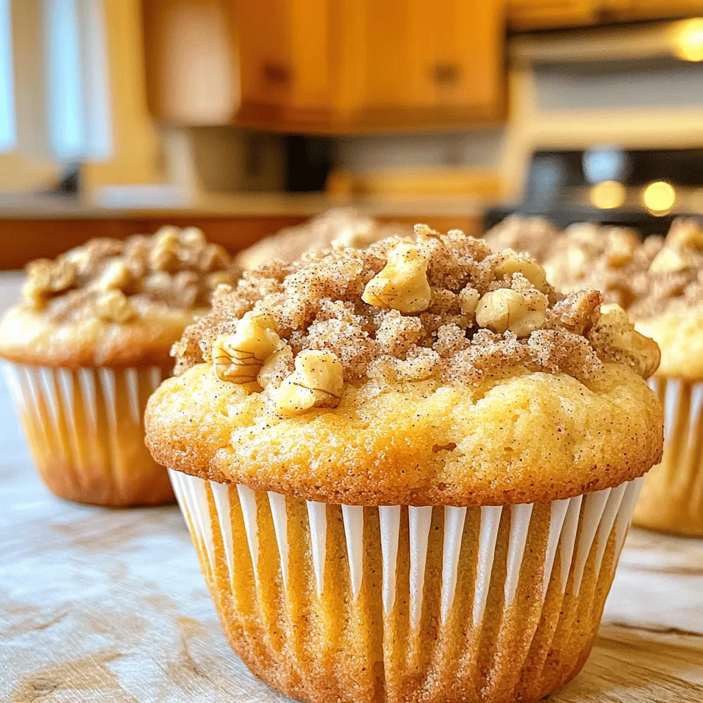 - 2 cups all-purpose flour - 1 cup granulated sugar - 1/2 cup unsalted butter, softened - 2 large eggs - 1 tablespoon baking powder - 1 teaspoon ground cinnamon - 1/2 teaspoon salt - 1 cup milk - 1 teaspoon pure vanilla extract - 1/2 cup chopped walnuts or pecans (optional) - 1/2 cup packed brown sugar (for topping) - 1 tablespoon ground cinnamon (for topping) - 2 tablespoons melted butter (for topping) These ingredients are key to making perfect coffee cake muffins. The flour gives structure, while the sugar adds sweetness. Butter creates a rich flavor and keeps muffins moist. Eggs bind everything together and help with rising. Baking powder gives them lift, and cinnamon adds warmth. The milk keeps the batter creamy, and vanilla enhances the flavor. If you like nuts, add walnuts or pecans for crunch. The topping of brown sugar and cinnamon creates a sweet crust. Each muffin has about 200 calories. They contain around 9 grams of fat, 28 grams of carbs, and 3 grams of protein. These muffins are a tasty treat but should be enjoyed in moderation. - Muffin tin - Mixing bowls - Measuring cups and spoons These tools will make your baking easier. A muffin tin shapes the muffins, while mixing bowls hold the ingredients. Measuring tools help you use the right amounts. Using these supplies will lead to great results. For the full recipe, follow the steps carefully. Enjoy making your coffee cake muffins! - Preheat the oven to 375°F (190°C). - Prepare the muffin tin with liners or non-stick spray. Start by getting your oven ready. Preheat it to 375°F (190°C). This step is key for even baking. Next, take your muffin tin and line it with paper liners. You can also use a non-stick spray if you prefer. This will help you easily take out the muffins later. - Creaming the butter and sugar. - Incorporating the eggs and vanilla extract. - Alternating the addition of dry ingredients and milk. Now, let’s mix the batter. In a large bowl, beat the softened butter and granulated sugar together. You want a light and fluffy mix. This usually takes about 2 to 3 minutes with a hand mixer. Next, add the eggs one at a time. Mix well after each egg. This helps make the muffins airy. In another bowl, sift together the flour, baking powder, cinnamon, and salt. Sifting helps keep the muffins light. Slowly add this dry mix to the wet mix, alternating with the milk. Start and end with the flour. Mix gently; it’s okay if the batter is a bit lumpy. Overmixing can make your muffins dense. - Filling the muffin cups with batter. - Preparing and adding the cinnamon-brown sugar topping. - Baking time and checking for doneness. Next, fill each muffin cup about two-thirds full with batter. This allows room for rising. In a small bowl, mix the brown sugar, cinnamon, and melted butter for the topping. Sprinkle this mixture generously on each muffin. Place the muffin tin in your preheated oven. Bake for about 18 to 20 minutes. To check if they are done, insert a toothpick into the center. If it comes out clean or with a few crumbs, your muffins are ready. Let them cool in the pan for about 5 minutes before moving them to a wire rack. This helps keep them fluffy. You can find the full recipe above for more details. To make soft and fluffy muffins, do not overmix the batter. Overmixing can make them dense. Mix just until the ingredients come together. It is okay if the batter is lumpy. Use room temperature ingredients, like butter and eggs. This helps create a smooth mix and a better rise. One common mistake is mis-measuring ingredients. Always use measuring cups for dry and liquid ingredients. This ensures the right balance. Another mistake is not letting muffins cool properly. Cooling gives them time to set and helps keep them fluffy. Serve your muffins warm with a cup of coffee or tea. This makes them a cozy treat. For a nice finish, drizzle melted butter on top or dust with powdered sugar. These small touches improve flavor and look great on a plate. {{image_4}} You can change the flavor of your coffee cake muffins easily. Try adding chocolate chips for a sweet twist. Dried fruits, like raisins or cranberries, also work great. If you want a nutty crunch, swap walnuts for pecans. Pecans have a rich, buttery taste that pairs well with coffee. If you need gluten-free muffins, use almond flour instead of all-purpose flour. Almond flour gives a nice texture and flavor. For a vegan version, replace eggs with flax eggs and use plant-based butter and milk. These substitutes still make tasty muffins. Switch up the topping for a new taste. Use a streusel topping instead of cinnamon-brown sugar for a crumbly texture. You can also drizzle the muffins with caramel or chocolate sauce after baking. This adds a sweet finish that everyone will love. Feel free to explore these variations to suit your taste or dietary needs. For the full recipe, check out the Cozy Coffee Cake Muffins section above! You can store leftover muffins at room temperature. Place them in an airtight container. They stay fresh for about three days this way. If you want to keep them longer, use the fridge. Muffins can last up to a week in the fridge. Just remember, they may get a bit dry. To keep them fresh, wrap them in plastic wrap first. Freezing muffins is a great option for later enjoyment. First, let the muffins cool completely. Then, wrap each muffin in plastic wrap. Place the wrapped muffins in a freezer-safe bag. They will stay good for about three months. When you want to eat them, take them out and let them thaw in the fridge overnight. To keep the texture nice, don’t reheat them right away. Give them a few hours or overnight. This way, they won’t get soggy. You can reheat muffins in a microwave or an oven. For the microwave, place a muffin on a plate and heat it for 15-20 seconds. Check if it’s warm enough. If it’s not, heat it in small bursts. For the oven, preheat it to 350°F (175°C). Place the muffins on a baking sheet. Heat them for about 5-10 minutes. This method helps restore their freshness. You can also cover them with foil to keep them from getting too dry. Enjoy your cozy coffee cake muffins! To make coffee cake muffins moist, you can do a few things: - Use room temperature ingredients. - Add an extra egg for moisture. - Include sour cream or yogurt in the batter. - Do not overbake; check them early. These tips help keep the muffins soft and fluffy. Yes, you can use whole wheat flour. However, it might change the texture. Whole wheat flour makes muffins denser. If you want a lighter muffin, mix half all-purpose and half whole wheat flour. This gives a nice balance and adds fiber. Coffee cake muffins last about 2 to 3 days at room temperature. Keep them in an airtight container. You can also store them in the fridge for up to a week. Look for signs like dryness or hard edges to check if they are fresh. You can absolutely make mini muffins! Just fill each mini cup about halfway. Bake them for about 10 to 12 minutes. Check with a toothpick for doneness. Mini muffins are cute and fun to share! Many flavors pair well with coffee cake muffins. Some great options are: - Chocolate chips for a sweet touch. - Fresh fruits like blueberries or apples. - Nuts like pecans or almonds for crunch. These flavors add fun twists to the classic muffin. You can prepare the batter ahead of time! Just store it in the fridge for up to 24 hours. When you’re ready to bake, give it a quick stir. However, don’t let it sit too long, as the baking powder can lose its power. For the best results, bake the muffins fresh when you can. For the full recipe, check out the details above! You now have a complete guide to making delicious coffee cake muffins. We covered each ingredient, preparation step, and baking tip. You learned about flavor variations and storage methods too. Remember, avoid common mistakes, and enjoy experimenting with variations. Perfectly baked muffins add joy to your day. Follow these steps, and you’ll impress everyone with your baking skills. Happy baking!