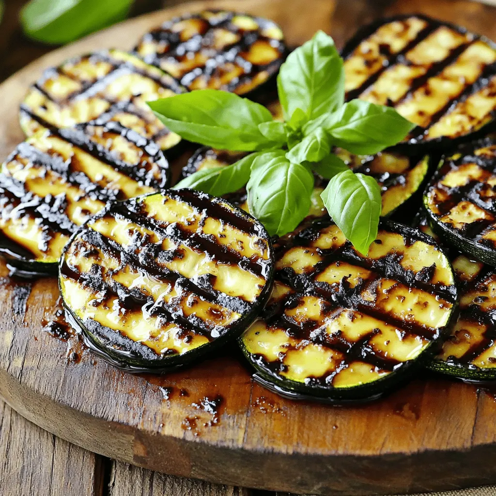 To make grilled zucchini with balsamic glaze, you need fresh ingredients. Here’s what you will need: - 3 medium zucchinis, sliced into ½ inch thick rounds - 3 tablespoons extra virgin olive oil - Sea salt and freshly cracked black pepper, to taste - ½ teaspoon garlic powder - ½ teaspoon Italian seasoning blend - ½ cup balsamic glaze (can be store-bought or homemade) - Fresh basil leaves, for garnish These ingredients come together to create a tasty dish that shines on any table. The zucchinis offer a satisfying crunch, while the balsamic glaze adds a sweet tang. The olive oil helps the flavors mix, making each bite delicious. The salt and pepper bring out the natural taste of the zucchini. Garlic powder and Italian seasoning give a warm, comforting flavor. Fresh basil not only looks great but smells wonderful too! For the full experience, check the [Full Recipe]. It guides you step-by-step to create this flavorful treat. Preheat your grill to medium-high heat. This step is key for great results. A hot grill helps the zucchini cook evenly and get those nice grill marks. Take three medium zucchinis and slice them into ½ inch thick rounds. In a big bowl, combine these slices with three tablespoons of extra virgin olive oil. Make sure every slice gets a good coat of oil. Next, add sea salt, freshly cracked black pepper, half a teaspoon of garlic powder, and half a teaspoon of Italian seasoning blend. Toss everything together gently until the zucchini is well coated. This mix brings out the best flavors in your grilled zucchini. Now, it’s time to grill! Place the seasoned zucchini slices on the hot grill. Grill them for about 4-5 minutes on one side. Look for nice grill marks and a tender texture. During the last minute of grilling, drizzle half a cup of balsamic glaze over the zucchini. This glaze caramelizes and adds a sweet touch. Once done, carefully take the grilled zucchini off the grill and put them on a serving platter. You can arrange them in an attractive way. Finally, add fresh basil leaves for a pop of color and aroma. For the full recipe, you can check the earlier section. Enjoy your grilled zucchini with balsamic glaze! To grill zucchini well, heat your grill to medium-high. Aim for a temperature of about 400°F. This heat ensures even cooking and nice grill marks. Grill the zucchini for 4-5 minutes on one side. Flip them once you see the grill marks and they feel tender. To achieve perfect grill marks, place the zucchini at a 45-degree angle. After a few minutes, turn them 90 degrees to create a crosshatch pattern. This technique adds flair to your dish and enhances the visual appeal. For extra flavor, try adding herbs or spices. A sprinkle of smoked paprika or chili flakes can bring a kick. Fresh herbs like thyme or oregano also work great. You can even swap out the balsamic glaze. Try a lemon vinaigrette or a garlic-infused olive oil for a fresh twist. These options can elevate your grilled zucchini experience. Mix and match to create your own flavor profile. For the full recipe, refer to the earlier section. Enjoy cooking! {{image_4}} You can cook grilled zucchini in different ways. If you don't have a grill, use your oven. Preheat the oven to 400°F. Place the zucchini on a baking sheet, drizzle with olive oil, and season. Bake for about 20 minutes until tender. You can also use a stovetop grill pan. Heat the pan over medium heat. Add the zucchini slices and cook for about 4-5 minutes on each side. You can mix it up by adding other veggies. Try bell peppers, asparagus, or eggplant. Each vegetable brings its own taste. You can create a colorful veggie medley. Grilled zucchini pairs well with many dishes. It makes a great side for grilled chicken or steak. Serve it alongside a fresh salad for a light meal. For sauces, you can try a yogurt dip or a lemon vinaigrette. Both add a nice zing that complements the sweetness of the zucchini. You can also use marinara or pesto for more flavor. For a full recipe, check out the complete details to bring this dish to life! After enjoying your grilled zucchini, store leftovers in a safe way. First, let the zucchini cool to room temperature. Then, place it in an airtight container. This keeps the zucchini fresh and tasty. Grilled zucchini lasts about 3 to 4 days in the fridge. You can enjoy it as a side dish or in salads later. To reheat grilled zucchini, use a skillet or microwave. If you use a skillet, heat it on medium. Add the zucchini and warm it for a few minutes. This method helps keep the flavor and texture nice. If you use a microwave, heat it on medium power for about 30 seconds. Check if it’s warm enough and stir if needed. Avoid overheating to keep the zucchini from getting mushy. Yes, you can prepare grilled zucchini ahead of time. To do this, grill the zucchini as directed in the full recipe. After grilling, let them cool completely. Store the zucchini in an airtight container in the fridge. They will stay fresh for about 2-3 days. When you want to serve them, just reheat them on the grill or in a pan for a few minutes. This quick reheating brings back some of that lovely charred flavor. If you don’t have balsamic glaze, you can try other sauces. A simple mix of balsamic vinegar and honey works well. Just combine 1 part vinegar with 1 part honey and warm it slightly to blend. You can also use teriyaki sauce or a lemon vinaigrette. Each option brings a unique twist to the dish. Experiment to find what suits your taste best. To keep zucchini firm, slice it evenly. Aim for ½ inch thick rounds, as this helps them cook evenly. Make sure your grill is hot before adding the zucchini. This quick sear keeps the moisture inside. Grill for about 4-5 minutes per side. Avoid overcooking, as that leads to mushy zucchini. Following these tips helps ensure you get delicious, tender, yet firm grilled zucchini every time. Grilling zucchini is simple and tasty. You learned the right ingredients and steps for success. Zucchini's different cooking methods and flavor tips add variety. Proper storage keeps leftovers fresh, while reheating maintains taste. By exploring balsamic alternatives and seasoning options, you can customize your dish. Enjoy your grilled zucchini with various sides, making every meal delightful. Remember, cooking is fun, and experimenting will only improve your skills. Dive in and make this dish your own!