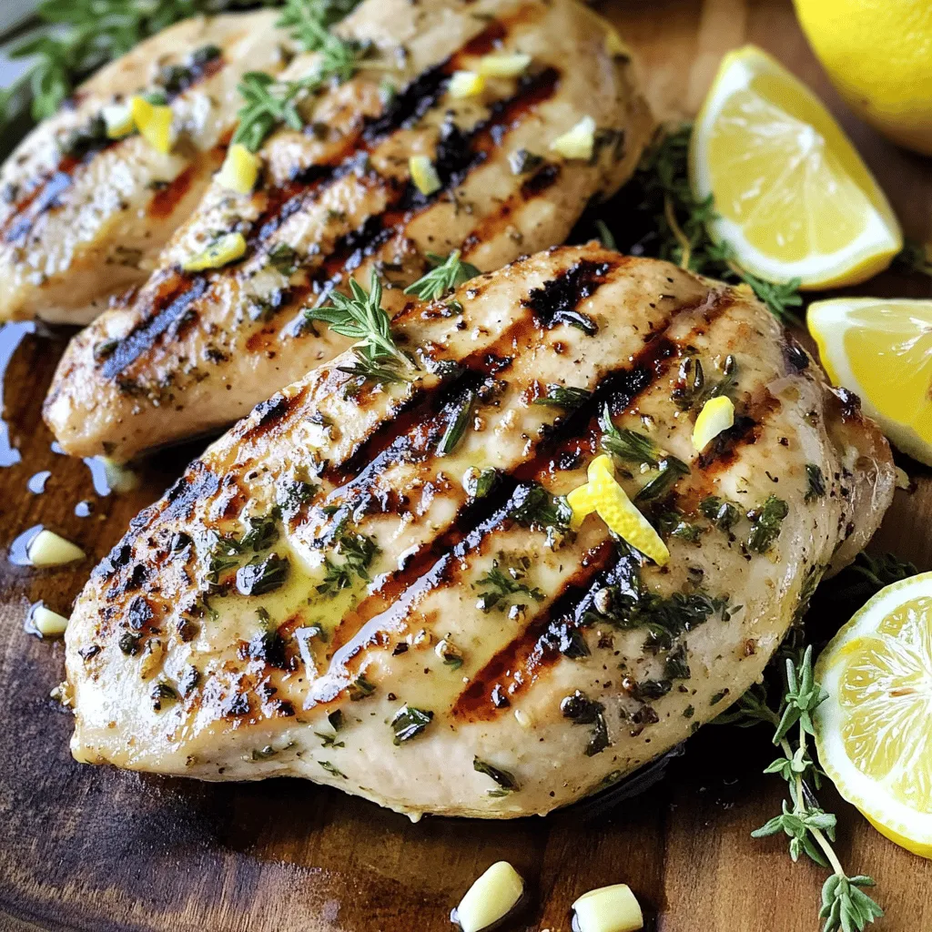 - 4 boneless, skinless chicken breasts - 2 tablespoons extra virgin olive oil - Fresh herbs: rosemary and thyme - Seasonings: sea salt and black pepper - 1 tablespoon fresh lemon zest (from about 1 lemon) - 3 tablespoons freshly squeezed lemon juice - 3 cloves garlic, minced (about 1 tablespoon) - 1 tablespoon honey - Fresh herbs - Lemon wedges To make a great grilled chicken, you need a mix of fresh and tasty ingredients. The main items are chicken breasts, olive oil, herbs, and seasonings. These items give the chicken a nice flavor. For the marinade, I use lemon zest, lemon juice, garlic, and honey. This mix adds a zesty and sweet touch that makes the chicken shine. You can also add fresh herbs and lemon wedges as garnishes. They make the dish look beautiful and add extra flavor. If you want to see the full recipe, check out the Zesty Herb-Infused Grilled Chicken. First, gather your ingredients for the marinade. You need olive oil, lemon zest, lemon juice, garlic, rosemary, thyme, honey, sea salt, and black pepper. - Combine all these ingredients in a mixing bowl. - Whisk them together until they blend well. - Next, add the chicken breasts to the bowl. Make sure each piece gets a good coat of the marinade. - Cover the bowl with plastic wrap or a lid. Refrigerate it for at least 30 minutes. For better flavor, marinate for 2-4 hours. Now, let’s get the grill ready. - Preheat your grill to medium-high heat, about 400°F (200°C). - Clean the grill grates with a brush to remove old bits. - Oil the grates lightly to help prevent sticking. Once your grill is ready, it’s time to cook the chicken. - Take the chicken out of the marinade. Let the excess drip off. - Place the chicken breasts on the grill, spacing them apart. - Grill for 6-7 minutes on one side without moving them. This helps create nice grill marks. - Flip the chicken and grill the other side for another 6-7 minutes. - Use a meat thermometer to check the internal temperature. It should reach 165°F (75°C) to be safe to eat. After grilling, let the chicken rest for about 5 minutes. This helps keep it juicy. For the full recipe, you can find more details. Marinating chicken is key to great flavor. I suggest marinating for at least 30 minutes. For even better taste, go for 2-4 hours. This lets the herbs soak in. Feel free to add your favorite herbs, like basil or parsley. Spice it up with a pinch of cayenne or smoked paprika. These choices add more depth to your dish. Flare-ups can ruin your grilling. To avoid them, keep a close eye on the heat. Move the chicken to a cooler part of the grill if flames rise. For that perfect sear, don’t flip the chicken too soon. Let it cook for 6-7 minutes on one side before turning. This helps lock in juices and flavor. Resting is crucial for juicy chicken. After grilling, let the chicken sit for about 5 minutes. This step allows the juices to spread out. If you cut right away, the juices escape. The result is dry meat. Trust me, this small wait makes a big difference in taste. {{image_4}} You can change up the flavor of your grilled chicken with different marinades. Here are a few ideas: - Citrus-based marinades: Use orange or lime juice instead of lemon. These fruits add a sweet and tangy taste. Mix in some zest for extra flavor. - Spicy or sweet options: Add chili powder or cayenne for heat. For a sweet touch, try maple syrup or brown sugar. Both give a nice balance to the chicken. You can grill chicken in different ways. Here are two methods you can try: - Oven-baked grilled chicken: If you don’t have a grill, you can use your oven. Preheat it to 425°F (220°C). Place the marinated chicken on a baking sheet. Bake for about 25-30 minutes. Check that it reaches 165°F (75°C) inside. - Stovetop grilling method: If you want to grill indoors, use a grill pan. Heat the pan over medium-high heat. Add a little oil to prevent sticking. Cook the chicken just like on an outdoor grill. Grilled chicken pairs well with many sides. Here are some ideas to enhance your meal: - Pairing grilled chicken with salads: A fresh salad goes great with grilled chicken. Try mixed greens with a light vinaigrette. Add fruits like berries or mango for a sweet contrast. - Adding sauces and dips for flavor enhancement: Serve the chicken with dips like tzatziki or salsa. These add a nice burst of flavor. You can also drizzle some balsamic glaze over the top for an elegant touch. These variations keep your grilled chicken exciting and tasty. For the full recipe, check out [Full Recipe]. To keep grilled chicken fresh, let it cool first. Place it in an airtight container. Store it in the fridge. Consume it within three to four days. This helps prevent spoilage and maintains flavor. To freeze grilled chicken, wrap each piece tightly in plastic wrap. Then place them in a freezer bag. Remove as much air as possible. This keeps the chicken from getting freezer burn. You can freeze grilled chicken for up to three months. When ready to eat, thaw the chicken overnight in the fridge for best results. Reheating grilled chicken can make it dry. To avoid this, use a microwave with a damp paper towel. You can also use the oven at 350°F (175°C). Heat until it's just warm. Check the middle to ensure it's heated through. Enjoy your flavorful chicken without losing moisture. You should marinate chicken for at least 30 minutes. For the best flavor, aim for 2 to 4 hours. This time allows the marinade to soak into the meat. It helps to make the chicken tasty and moist. You can even marinate overnight for a stronger flavor. Just keep it in the fridge to stay safe. The best internal temperature for grilled chicken is 165°F (75°C). Use a meat thermometer to check this. This temperature ensures the chicken is safe to eat. Undercooked chicken can cause foodborne illness. Always let the chicken rest after grilling. This helps keep the juices in the meat. Yes, you can grill frozen chicken, but it is not ideal. It is better to thaw chicken before grilling. Thawing helps cook the chicken evenly. You can thaw chicken in the fridge overnight or in cold water. If grilling from frozen, cook it longer and check the internal temperature carefully. Grilled chicken is a tasty and simple dish that many enjoy. This guide shared key ingredients, marinade tips, and grilling steps to make it a success. You learned about variations and storage methods to keep the chicken fresh. Remember, a good marinade and resting time make all the difference. Explore new flavors and techniques to elevate your grilling game. With practice, you can create delicious meals that impress every time. Enjoy your grilling adventures and savor every bite!
