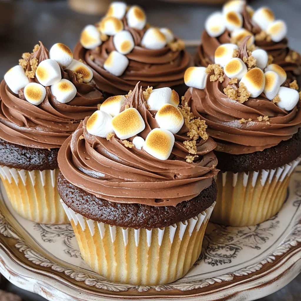 To make S'mores cupcakes, you need some key items. Here is a list of the main ingredients: - 1 cup graham cracker crumbs - 1/2 cup all-purpose flour - 1/2 cup unsweetened cocoa powder - 1 teaspoon baking powder - 1/2 teaspoon baking soda - 1/4 teaspoon salt - 1/2 cup unsalted butter, softened - 1 cup granulated sugar - 2 large eggs, at room temperature - 1 teaspoon vanilla extract - 1/2 cup buttermilk, at room temperature - 1 cup mini marshmallows - 1/2 cup semi-sweet or milk chocolate chips - Chocolate frosting, store-bought or homemade - Extra graham cracker crumbs, for garnish - Mini marshmallows, for topping These ingredients create a rich and sweet treat that captures the charm of classic S'mores. If you don’t have some ingredients, don’t worry. Here are good substitutes: - Use crushed cookies instead of graham cracker crumbs for a different flavor. - Swap all-purpose flour with whole wheat flour for a healthier option. - Use almond milk instead of buttermilk for a non-dairy choice. - Replace mini marshmallows with larger ones, just cut them down to size. These swaps can help you make S'mores cupcakes with what you have on hand. Choosing quality ingredients can make a big difference. Here are some tips: - Select fresh eggs for better flavor and texture. - Pick unsweetened cocoa powder that is rich and dark for deeper chocolate taste. - Look for pure vanilla extract, as it enhances the overall flavor. - Buy high-quality chocolate chips for a rich and creamy melt. - Always check your baking powder and soda for freshness to ensure proper rising. Using quality ingredients will elevate your S'mores cupcakes and make them even more delicious. For the full recipe, check out the detailed instructions above. Start by preheating your oven to 350°F (175°C). This ensures your cupcakes bake evenly. Line a cupcake tin with paper liners to keep them from sticking. In a medium bowl, whisk together these dry ingredients: graham cracker crumbs, all-purpose flour, cocoa powder, baking powder, baking soda, and salt. Set this dry mix aside. In a large bowl, beat the softened butter and sugar with an electric mixer. Mix until it looks light and fluffy, about 3 to 5 minutes. Next, add the eggs one at a time. Mix well after each egg. Then, add the vanilla extract and blend it in. Gradually mix the dry ingredients into the wet mixture. Alternate between adding the dry mix and the buttermilk. Start and end with the dry mix. This keeps your batter light. Finally, gently fold in the mini marshmallows and chocolate chips using a spatula. This step ensures the fun bits are evenly spread. Spoon the batter into the prepared cupcake liners, filling each about two-thirds full. This allows for rising without spilling over. Bake in the preheated oven for 18 to 20 minutes. Check by inserting a toothpick into the center. If it comes out clean, your cupcakes are done. Once baked, take them out and let them cool in the pan for about 5 minutes. After that, transfer them to a wire rack to cool completely. When your cupcakes are cool, it’s time for frosting. Use a piping bag to swirl chocolate frosting on top. Make each swirl generous for that rich look. For the finishing touch, sprinkle extra graham cracker crumbs over the frosting. This adds crunch and beauty. Place a few mini marshmallows on top for extra flair. If you want to be fancy, lightly toast the marshmallows with a kitchen torch. This gives a true S'mores taste. Feel free to check out the Full Recipe for more details! To make your cupcakes moist, use room-temperature ingredients. This helps blend better. Also, don’t overmix the batter. Mix just until combined to keep them soft. Adding buttermilk gives a nice texture too. Lastly, be sure not to bake them too long. Check them a few minutes before the time is up. One common mistake is skipping the lining of the cupcake tin. This makes it hard to remove the cupcakes. Another mistake is using cold eggs or butter. Always let them warm up first. Overfilling the liners is a big no. Fill them only two-thirds full. Also, don’t forget to let them cool completely before frosting. Store your cupcakes in an airtight container. This keeps them fresh longer. If you want to keep them for a few days, place them in the fridge. Just remember to let them come back to room temperature before serving. For longer storage, you can freeze them. Wrap them well and use them within three months. You can find the Full Recipe for S'mores Cupcakes in this article! {{image_4}} You can switch things up with flavors in your S'mores cupcakes. Try adding peanut butter for a nutty twist. A hint of mint extract can give a fresh taste. You can also replace cocoa powder with white chocolate for a sweeter treat. Each flavor adds a new layer of fun. For gluten-free cupcakes, swap all-purpose flour with a gluten-free blend. Make sure it includes xanthan gum for texture. To make vegan cupcakes, substitute eggs with flaxseed meal mixed with water. Use plant-based butter and non-dairy milk for a creamy mix. These adjustments keep the taste while meeting dietary needs. Toppings can elevate your S'mores cupcakes. Consider adding crushed nuts for crunch. Caramel sauce drizzled on top brings extra sweetness. You can also use different types of chocolate for frosting. Try dark chocolate or even white chocolate for a fun surprise. Mix in toffee bits or coconut for unique flavors. Each topping makes your cupcakes a personal treat. For the full experience, follow the Full Recipe to make these delicious cupcakes. To keep your S'mores cupcakes fresh, place them in an airtight container. This method helps maintain their moisture and flavor. If you have leftover cupcakes, store them at room temperature for the best taste. You can also put them in the fridge, but they may dry out faster. For a fun twist, try adding a slice of bread to the container. The bread will help keep the cupcakes soft. When stored properly, S'mores cupcakes can last for about 3 to 4 days. If you keep them in the fridge, they may last up to a week. However, the frosting might lose some texture after a few days. To enjoy the best taste and texture, eat them within the first few days. If you want to save S'mores cupcakes for later, freezing is a great option. Wrap each cupcake tightly in plastic wrap. Then, place them in a freezer-safe bag. They can last up to 3 months in the freezer. When you're ready to eat them, let the cupcakes thaw in the fridge overnight. You can frost them after they thaw for the best results. For the full recipe, check out the details above! Yes, you can make S'mores Cupcakes ahead of time. I often bake them a day before serving. Store them in an airtight container at room temperature. Just wait to frost them until the day of serving. This keeps the frosting fresh and the cupcakes moist. To boost the chocolate flavor, add more cocoa powder to the batter. You might use up to 3/4 cup of cocoa. Another trick is to mix in extra chocolate chips. Dark chocolate chips add depth and richness. You can also swirl in melted chocolate before baking for a gooey surprise. If you can’t find mini marshmallows, try using marshmallow fluff. Spread it on top of the frosting for a similar flavor. You can also use chocolate-covered marshmallow candies for a fun twist. They add a nice crunch and extra sweetness. You learned about the key parts to make s'mores cupcakes. We covered the must-have ingredients, how to make the batter, and tips for baking. I also shared ways to keep cupcakes moist and mistakes to dodge. Don't forget to try different flavors and toppings for fun variations. Lastly, storing them right will keep them fresh. Embrace your creativity and enjoy making these tasty treats!