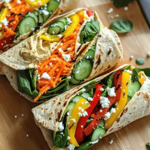 To make these tasty Rainbow Veggie Wraps, you will need: - 4 large whole grain tortillas - 1 cup hummus (any flavor of your choice) - 1/2 cup grated carrots - 1/2 cup sliced bell peppers (mix of red, yellow, and green for color) - 1/2 cup fresh baby spinach leaves - 1/2 cup sliced cucumbers - 1/4 cup crumbled feta cheese (optional for a creamy texture) - 1 tablespoon balsamic glaze (optional for a sweet tang) - Salt and freshly ground black pepper to taste Each ingredient in these wraps brings something special to the table. Here are the highlights: - Whole grain tortillas provide fiber and keep you full. - Hummus adds protein and healthy fats. It also gives a creamy texture. - Carrots are rich in vitamin A, which is good for your eyes. - Bell peppers are high in vitamin C, which helps your immune system. - Spinach offers iron and vitamins, supporting your energy. - Cucumbers are hydrating and low in calories, perfect for crunch. - Feta cheese adds calcium and a tasty bite, but skip it if you want. - Balsamic glaze gives a sweet taste and adds flavor depth. If you want to mix things up, here are some easy swaps: - Use spinach wraps instead of whole grain tortillas for a different flavor. - Swap hummus for avocado for a creamy and healthy fat source. - Try shredded zucchini or radishes if you can't find carrots. - Use any color bell pepper you like, or add roasted veggies for warmth. - Replace feta with goat cheese or skip cheese altogether. - If you prefer a different sauce, try ranch or tzatziki for a new twist. These wraps are fun to make and even better to eat! To start, you need to gather your ingredients. Grab 4 large whole grain tortillas. Lay one flat on a clean cutting board. This gives you a stable space to work. Next, take 1 cup of hummus. Use a spatula to spread about 1/4 cup of hummus evenly over the tortilla. Cover all corners for the best flavor. Now, it’s time for the fun part! In the center of the tortilla, create a colorful layer. Add 1/2 cup of grated carrots, 1/2 cup of sliced bell peppers, and 1/2 cup of fresh baby spinach. Mix red, yellow, and green bell peppers for a vibrant look. Add 1/2 cup of sliced cucumbers on top. If you want a creamy touch, sprinkle 1/4 cup of crumbled feta cheese. For a sweet tang, drizzle 1 tablespoon of balsamic glaze on top. Don’t forget to season with salt and freshly ground black pepper. This step adds extra flavor to your wrap. Now, let’s roll your wrap! Start by folding in the left and right sides of the tortilla. This helps keep all the fillings inside. Then, begin rolling from the bottom up. Roll it tightly to make a secure wrap. Repeat these steps for each tortilla. Make sure each wrap is packed full of yummy veggies. Presentation matters! To serve, cut each wrap in half diagonally. This shows off the colorful filling inside. Arrange the halved wraps on a platter with the cut side facing up. You can add a sprinkle of sesame seeds or extra baby spinach for a nice touch. Serve with more hummus on the side for dipping. This makes your lunch look fun and inviting! Enjoy your Rainbow Veggie Wraps! To save time, prep your veggies in advance. Wash and slice your carrots, cucumbers, and bell peppers. Store them in airtight containers in the fridge. This way, you grab them easily when making wraps. You can also make a big batch of hummus. Store it in small containers for quick use. Packing wraps for school is simple. First, wrap each one in parchment paper. This keeps them fresh and makes them easy to eat. Use a rubber band to hold the wrap together. Then, place the wrapped wraps in a lunchbox. Add a small container of dip, like extra hummus, on the side. Add fun flavors to your wraps. Try using different hummus flavors, like roasted red pepper or garlic. You can also spice things up with fresh herbs, such as basil or cilantro. For crunch, add sunflower seeds or nuts. For a creamy touch, sprinkle feta cheese or avocado slices. Experiment with different combinations to find your favorite. {{image_4}} You can change up your wraps easily. Try using different fillings to keep things fun. Here are some ideas: - Grilled chicken or turkey slices: These add protein and flavor. - Avocado slices: They make the wrap creamy and rich. - Roasted veggies: Zucchini, eggplant, or mushrooms bring a new taste. - Cheese alternatives: Use goat cheese or a dairy-free option if needed. - Tuna or chickpea salad: These make a filling and tasty option. Feel free to mix and match! You can create a new wrap each week. Dietary needs vary. Here are some ways to adjust the wraps: - Gluten-free tortillas: Use these if you need to avoid gluten. - Vegan options: Skip the feta cheese and use plant-based hummus. - Nut-free: Always check ingredients on labels for allergens. - Low-carb: Use lettuce leaves instead of tortillas for a lighter wrap. These options help everyone enjoy the meal. Want to boost nutrition? Add these healthy ingredients: - Chia seeds: They pack a punch of fiber. - Sunflower seeds: These add crunch and healthy fats. - Microgreens: They bring flavor and vitamins. - Spices: Consider adding cumin or paprika for an extra kick. These add-ins make your wraps not just tasty but also power-packed! For a full recipe, check out the Rainbow Veggie Wraps. To keep your wraps fresh, store them properly. Wrap each one in plastic wrap or parchment paper. This keeps them from drying out. Place the wrapped wraps in an airtight container. Label the container with the date. This way, you won't forget when you made them! When stored correctly, wraps can last about 3 to 4 days in the fridge. After that, they may lose flavor and texture. Always check for any signs of spoilage before eating. If the wraps look or smell off, it's best to toss them. You can freeze wraps for later use. To do this, wrap each one tightly in plastic wrap. Then place them in a freezer-safe bag. This helps prevent freezer burn. You can store them for up to 2 months. When ready, thaw them in the fridge overnight before eating. This keeps the taste fresh. For more details on making delicious wraps, check out the Full Recipe. Yes, you can make Rainbow Veggie Wraps ahead of time. Just prepare them one day in advance. Wrap them tightly in plastic wrap to keep them fresh. Store them in the fridge until you are ready to eat. This makes them great for busy mornings. Kids will love having a tasty lunch ready to go! There are many easy dips you can pair with these wraps. Here are a few ideas: - Hummus: This is a classic choice. You can use any flavor you like. - Ranch dressing: Kids love this creamy dip. It adds a nice flavor. - Guacamole: This is a fun twist that adds creaminess. - Tzatziki: This yogurt-based dip is refreshing and tangy. - Salsa: A bit of spice can make lunch exciting. These dips add flavor and make lunch even more fun! Getting kids involved in making wraps can be fun and easy. Here are some tips: - Let them choose the veggies. Ask them what colors they want. - Show them how to spread hummus on the tortilla. This helps them learn new skills. - They can help layer the veggies in a rainbow pattern. - Teach them to roll the wraps tightly. This can be a fun challenge! - Allow them to cut the wraps in half for serving. By getting kids involved, they will be more excited to eat healthy meals! Rainbow Veggie Wraps are a fun and healthy meal choice. We covered ingredients, prep steps, and tips for serving. Variations let you customize each wrap to fit your taste. Plus, knowing how to store and pack them can make life easier. These wraps are not just tasty; they’re full of vitamins. I hope you try them and explore all the options. Rainbow Veggie Wraps can be a go-to meal for everyone. Enjoy creating and sharing them with friends and family.
