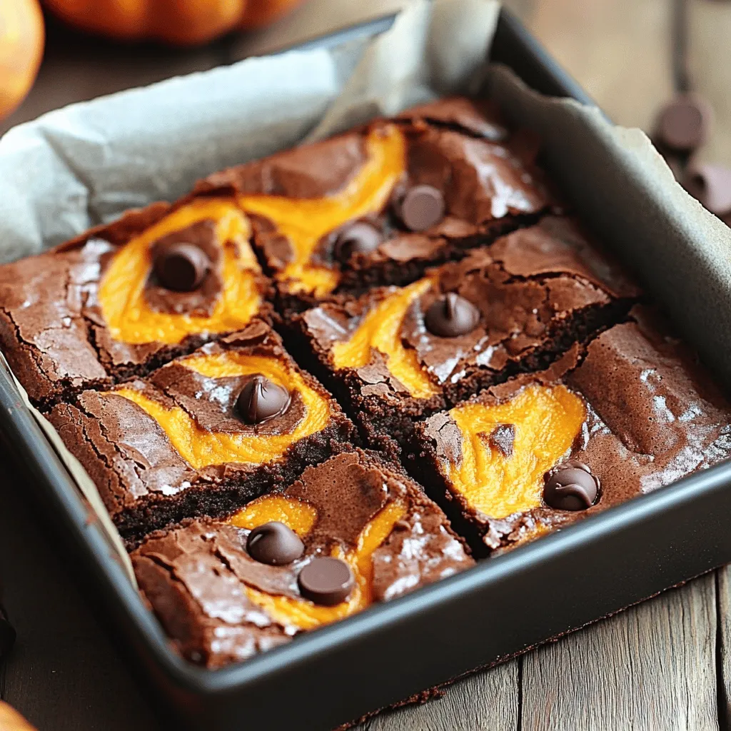 To make these pumpkin brownies, you'll need: - 1 cup all-purpose flour - 1/2 cup unsweetened cocoa powder - 1 cup granulated sugar - 1/2 cup packed brown sugar - 1/2 cup unsalted butter, melted and slightly cooled - 3 large eggs, at room temperature - 1 teaspoon pure vanilla extract - 1/2 teaspoon baking powder - 1/4 teaspoon fine sea salt - 3/4 cup pumpkin puree (canned or homemade) - 1 teaspoon pumpkin pie spice - 1/2 cup semi-sweet chocolate chips These ingredients combine to create a rich, fudgy texture. The pumpkin puree adds moisture and a lovely flavor, while cocoa powder gives that classic brownie taste. If you want to mix things up, consider adding these: - Chopped walnuts or pecans for a crunchy bite - White chocolate chips for a sweeter twist - A sprinkle of sea salt on top for contrast - A dash of cinnamon or nutmeg for extra warmth These optional ingredients can help you create your unique version of pumpkin brownies. You can tailor the recipe to fit your taste. Each brownie offers a delightful treat. Here’s a basic rundown of the nutrition: - Calories: About 180 per brownie - Total Fat: 8g - Saturated Fat: 4g - Cholesterol: 40mg - Sodium: 60mg - Carbohydrates: 25g - Fiber: 1g - Sugar: 14g - Protein: 2g This information helps you enjoy these brownies in moderation. You can indulge without straying too far from a balanced diet, especially if you share them! For the full recipe, check out the earlier section. First, preheat your oven to 350°F (175°C). Grab an 8x8-inch baking pan. Lightly grease it with butter or cooking spray. Next, line the pan with parchment paper. Leave some parchment hanging over the edges. This helps you lift the brownies out easily later. In a large bowl, combine melted butter, granulated sugar, brown sugar, and vanilla extract. Use a whisk to mix everything until smooth. Now, add the eggs one at a time, mixing well after each. This makes the batter creamy. In another bowl, sift the flour, cocoa powder, baking powder, and salt. Gradually fold this dry mix into the wet ingredients. Use a spatula and mix until just combined. Avoid overmixing to keep the brownies fudgy. Set aside about 1/4 of the brownie batter in a small bowl. You will use this for the pumpkin swirl. Fold semi-sweet chocolate chips into the remaining batter. Stir gently to spread the chips evenly. In the reserved brownie batter, add pumpkin puree and pumpkin pie spice. Mix until smooth. Now, pour the main brownie batter into the prepared pan. Spread it evenly. Spoon dollops of the pumpkin mixture over the brownie batter. Use a knife or toothpick to swirl the pumpkin into the brownie batter. Be careful not to overmix; you want nice swirls. Bake the brownies for 25-30 minutes. Check by inserting a toothpick in the center. It should come out with some moist crumbs. This means they are done but still gooey. Let the brownies cool in the pan for about 10 minutes. Then, lift them out using the parchment overhang and place them on a wire rack. Cool completely before slicing into squares. For the full recipe, refer to the earlier section. When making pumpkin brownies, it's easy to make a few common errors. Here are some to watch out for: - Overmixing the batter: This can make your brownies tough. Mix just until the flour disappears. - Using cold eggs: Cold eggs can affect the texture. Always use eggs at room temperature. - Skipping the parchment paper: This makes it hard to lift brownies from the pan. Use it for easy removal. To get that perfect fudgy texture, follow these tips: - Use more fat: The melted butter adds moisture. Stick with the recipe's butter amount for rich flavor. - Less flour: Too much flour can dry out your brownies. Measure carefully. - Underbake slightly: Remove brownies from the oven when a toothpick shows a few moist crumbs. This keeps them gooey. The right baking time is key to great brownies. Here’s what to remember: - Temperature check: Always preheat your oven to 350°F (175°C). This ensures even baking. - Watch the clock: Bake for 25-30 minutes. Adjust based on your oven's quirks. - Use a toothpick: Check for doneness by inserting a toothpick into the center. If it has moist crumbs, it’s done! By following these tips, you can craft the most delicious pumpkin brownies. For all the details, check the Full Recipe. {{image_4}} You can make vegan pumpkin brownies by swapping a few ingredients. Use flaxseed meal instead of eggs. Combine 1 tablespoon of flaxseed meal with 2.5 tablespoons of water for each egg. Let it sit for about 5 minutes until it thickens. Replace the unsalted butter with coconut oil or a plant-based butter. Use a vegan chocolate option for the chocolate chips. This way, you get a rich, fudgy brownie that everyone will love! For gluten-free pumpkin brownies, it’s easy to adjust the recipe. Simply use a gluten-free all-purpose flour blend instead of regular flour. Make sure it has xanthan gum for the right texture. The rest of the ingredients stay the same. This change ensures your brownies are still delicious and fudgy without gluten. To boost the texture of your pumpkin brownies, add nuts or other mix-ins. Chopped walnuts or pecans add a nice crunch. You can also try adding chocolate chunks for extra richness. Stir in these mix-ins when you fold in the chocolate chips. This small step makes a big difference in taste and texture! For the full recipe, check out the complete guide. After enjoying your brownies, let them cool completely. Cut them into squares. Place the squares in an airtight container. Make sure to layer parchment paper between the layers to keep them from sticking. Store them at room temperature for up to four days. If you want them to last longer, consider freezing. Freezing is a great option if you want to save some brownies for later. First, let them cool completely. Then, wrap each brownie in plastic wrap. After that, place the wrapped brownies in a freezer-safe bag or container. They can stay in the freezer for up to three months. When you're ready to enjoy, just thaw them at room temperature. If you prefer warm brownies, reheating is easy. Preheat your oven to 350°F (175°C). Place the brownies on a baking sheet. Cover them with aluminum foil to keep them moist. Heat for about 10 minutes. You can also reheat them in the microwave. Just warm one brownie for about 15-20 seconds. Enjoy your fudgy pumpkin brownies warm! You can use several substitutes for eggs in pumpkin brownies. Common options include: - Flaxseed meal: Mix 1 tablespoon of flaxseed meal with 2.5 tablespoons of water. Let it sit for a few minutes to thicken. - Applesauce: Use 1/4 cup of unsweetened applesauce for each egg. - Greek yogurt: Replace each egg with 1/4 cup of plain Greek yogurt. - Silken tofu: Blend 1/4 cup of silken tofu until smooth for each egg. These swaps keep the brownies moist and fudgy! Yes, you can use fresh pumpkin instead of canned puree. Here’s how to do it: 1. Choose a sugar pumpkin for the best flavor. 2. Cut it in half and remove the seeds. 3. Roast the halves in the oven at 350°F (175°C) for about 45 minutes or until soft. 4. Scoop out the flesh and puree it in a blender or food processor. This fresh puree adds a lovely taste and texture to your brownies! To check if your pumpkin brownies are done, follow these steps: - Insert a toothpick into the center of the brownies. - If it comes out with a few moist crumbs, they are ready. - If the toothpick comes out clean, the brownies may be overbaked. Keep an eye on them during the last few minutes. The perfect brownie should be gooey and fudgy! For the full recipe, check out the earlier section. You learned about the key ingredients for tasty pumpkin brownies and how to make them. We covered steps for mixing, baking, and creating a pumpkin swirl. I shared common mistakes and tips to make your brownies fudgy. You can even try vegan or gluten-free options for fun. Remember to store leftovers correctly and reheat them for the best flavor. Keep these tips in mind, and enjoy baking these delicious brownies again and again!
