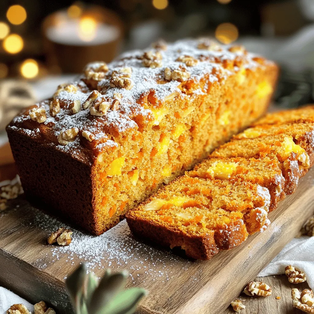 To make the best easy carrot bread, gather these ingredients: - 2 cups all-purpose flour - 1 teaspoon baking soda - 1/2 teaspoon baking powder - 1/2 teaspoon salt - 1 teaspoon ground cinnamon - 1/2 teaspoon ground nutmeg - 1/2 cup vegetable oil - 1 cup granulated sugar - 2 large eggs - 2 cups finely grated carrots (about 3 medium carrots) - 1/2 cup crushed pineapple, well-drained - 1/2 cup walnuts or pecans, finely chopped (optional) - 1/2 cup raisins (optional) - 1 teaspoon pure vanilla extract Accurate measurements are key to great carrot bread. Here are my tips: - Use dry measuring cups for flour and sugar. Fill the cup and level it off with a knife. - For sticky ingredients like oil, use a liquid measuring cup. - Grate carrots finely. This helps them mix well and keeps the bread moist. - If using crushed pineapple, drain it well. Too much moisture can make the bread dense. Choosing the right brands can make a difference. Here are my favorites: - Flour: King Arthur All-Purpose Flour is reliable and consistent. - Baking Powder and Baking Soda: I trust Rumford for baking needs. - Vegetable Oil: Canola oil works well, but I often use Wesson for its neutral flavor. - Sugar: Domino granulated sugar is a staple in my kitchen. - Vanilla Extract: Use pure vanilla extract for the best flavor. Nielsen-Massey is excellent. These choices help to ensure your carrot bread turns out delicious every time. For the full recipe, check the details above! 1. First, preheat your oven to 350°F (175°C). This ensures even baking. 2. Prepare a 9x5-inch loaf pan by greasing it. You can also line it with parchment paper. 3. In a medium bowl, whisk together the dry ingredients: all-purpose flour, baking soda, baking powder, salt, ground cinnamon, and ground nutmeg. Make sure there are no lumps. 4. In a large bowl, mix the vegetable oil and granulated sugar. Blend them until smooth. 5. Add the eggs one at a time to the sugar mixture. Mix well after each egg. 6. Fold in the finely grated carrots and crushed pineapple. If you want, add nuts and raisins too. Mix until everything is combined. 1. Gradually mix the dry ingredients into the wet mixture using a spatula. Be gentle! It’s okay to have a few lumps. 2. Pour the batter into your prepared loaf pan. Use a spatula to smooth the top. 3. Place the pan in the preheated oven. Bake for 55-65 minutes. Check doneness by inserting a toothpick into the center. 4. If the toothpick comes out clean, the bread is ready. 1. After baking, let the carrot bread cool in the pan for about 10 minutes. 2. Then, transfer it to a wire rack to cool completely. 3. Slice the bread and serve it warm with cream cheese or butter. For extra flair, dust the top with powdered sugar. This recipe makes the best easy carrot bread. You can find the full recipe for more details! To make the best carrot bread, follow these key tips: - Grate the carrots finely. This helps them blend well into the batter. - Measure flour accurately. Use the spoon and level method to avoid too much flour. - Don’t overmix. Mix just until combined to keep the bread soft. - Check the oven. Use an oven thermometer to ensure accurate baking temperature. - Cool in the pan. Let it sit for 10 minutes before moving it to a rack. Avoid these common mistakes to ensure your carrot bread is a success: - Using wet carrots. Drain the carrots well to prevent a soggy bread. - Skipping spices. Don’t leave out cinnamon or nutmeg; they add great flavor. - Not testing for doneness. Always check with a toothpick for doneness; it should come out clean. - Using cold eggs. Let eggs sit at room temperature for better mixing. - Ignoring baking times. Ovens can vary; start checking a few minutes early. Here are some ways to boost flavor and moisture in your carrot bread: - Add crushed pineapple. It brings moisture and a hint of sweetness. - Use brown sugar. This can add depth and a slight caramel flavor. - Include nuts or raisins. They add texture and extra flavor. - Try additional spices. A pinch of ginger or allspice can elevate the taste. - Brush with syrup. A light syrup glaze on top keeps it moist and adds shine. For a complete guide to making this delicious treat, check out the Full Recipe. Enjoy your baking! {{image_4}} Want to make this carrot bread gluten-free? You can use almond flour or a gluten-free blend. Replace the all-purpose flour with two cups of your choice. Make sure the blend has xanthan gum to help with texture. This option gives you a moist, tasty bread without gluten. For a vegan version, swap out the eggs with flaxseed meal. Mix one tablespoon of flaxseed meal with three tablespoons of water. Let it sit for five minutes to thicken. Use plant-based oil in place of vegetable oil. You can also use maple syrup instead of granulated sugar for a unique flavor. You can add many fun flavors to carrot bread. Consider mixing in 1/2 cup of shredded coconut for sweetness. Chopped apples or pears add moisture and a fruity taste. For a nutty crunch, include 1/2 cup of chopped walnuts or pecans. You can also add 1/2 cup of raisins or chocolate chips for extra sweetness. Each of these options enhances the bread's flavor, making it even more delightful. For the full recipe, check out the details above! To keep your carrot bread fresh, follow these simple tips. First, let the bread cool completely. This helps prevent moisture buildup inside the storage container. Use an airtight container or a resealable plastic bag. Store it at room temperature for up to three days. If you want to keep it longer, refrigeration is an option. However, this may change its texture, making it a bit denser. Freezing is a great way to save carrot bread for later. Once the bread cools, slice it into individual pieces. Wrap each slice tightly in plastic wrap. Then place them in a freezer-safe bag or container. Be sure to label the container with the date. You can freeze carrot bread for up to three months. Thaw slices overnight in the fridge when you're ready to enjoy. To reheat carrot bread, you have a few options. For the oven, preheat it to 350°F (175°C). Place the slices on a baking sheet and cover them with foil. Heat for about 10-15 minutes until warmed through. If you prefer the microwave, heat a slice for about 15-20 seconds. This method keeps it moist, but it may not be as crispy. Enjoy your delicious carrot bread warm! Yes, you can substitute some ingredients in this recipe. If you want a healthier option, use whole wheat flour instead of all-purpose flour. You can also swap granulated sugar for brown sugar to add depth. For oil, try applesauce for a lighter version. If you have nut allergies, feel free to skip walnuts or pecans. You can also use sunflower seeds as a crunchy alternative. Just remember, these changes might adjust the taste and texture slightly. Carrot bread stays fresh for about 3 to 5 days at room temperature. Store it in an airtight container to keep it moist. You can also refrigerate it, and it will last for up to a week. For longer storage, freeze it. Wrapped well, it can last for 2 to 3 months in the freezer. Just remember to thaw it completely before enjoying. Serving carrot bread is all about the experience. Slice it warm and spread cream cheese on top. A pat of salted butter is also a great choice. For a twist, try adding a sprinkle of cinnamon sugar. You can serve it as a breakfast treat or a snack. Pair it with tea or coffee for a delightful afternoon moment. Want to impress? Dust the top with powdered sugar for a sweet finish! We covered how to bake tasty carrot bread. Start with the right ingredients and measurements. Follow the steps closely for the best results. Use the tips to avoid common mistakes. You can create fun variations, like gluten-free or vegan options. Lastly, store and reheat it properly for fresh flavors. Enjoy your baking journey and all the yummy carrot bread you make.