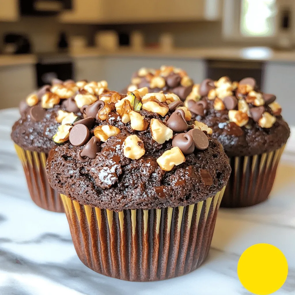 To make moist zucchini chocolate muffins, you need key ingredients. These ingredients work together to create a rich, delightful treat. Here’s a list of what you’ll need: - 1 cup grated zucchini (approximately 1 medium zucchini) - 1 cup all-purpose flour - 1/2 cup unsweetened cocoa powder - 1/2 teaspoon baking soda - 1/2 teaspoon baking powder - 1/4 teaspoon salt - 1/2 cup granulated sugar - 1/4 cup packed brown sugar - 1/2 cup vegetable oil - 2 large eggs - 1 teaspoon vanilla extract - 1/2 cup semi-sweet chocolate chips (plus extra for topping) - 1/2 cup chopped walnuts (optional) The grated zucchini adds moisture and nutrition. The cocoa powder gives the muffins a rich chocolate flavor. The combination of sugars helps create a sweet, tender texture. You can add a few optional ingredients to change the flavor or texture. Here are some ideas to consider: - Chopped nuts (like walnuts or pecans) for crunch - Mini chocolate chips for extra sweetness - A dash of cinnamon for warmth - A splash of almond extract for a unique twist These optional ingredients allow you to customize your muffins. You can mix and match based on your tastes. Choosing the right ingredients matters. Always use fresh zucchini for the best taste. Look for firm, unblemished zucchini. When selecting cocoa powder, choose unsweetened to avoid extra sugar. For oils, a neutral vegetable oil works best, but you can use coconut oil for a hint of flavor. If you want to make the muffins healthier, consider using whole wheat flour. It may change the texture slightly but will add fiber. Remember, fresh ingredients make a big difference in your baked goods. For the full recipe, check out the complete steps. Enjoy your baking! First, preheat your oven to 350°F (175°C). This step is key for even baking. Next, grab your muffin tin. Line it with paper liners or spray it lightly with cooking spray. This helps the muffins release easily. In a medium bowl, combine the grated zucchini, granulated sugar, brown sugar, vegetable oil, eggs, and vanilla extract. Mix well until all the ingredients blend smoothly. The zucchini adds moisture and flavor to the muffins. In a separate large bowl, sift together the all-purpose flour, cocoa powder, baking soda, baking powder, and salt. Sifting removes lumps and mixes the dry ingredients evenly. This step helps the muffins rise well and taste great. Gently fold the wet mixture into the dry ingredients. Use a spatula to combine them. Mix just until you see no dry flour. It’s okay if the batter is a bit lumpy. Overmixing can make the muffins tough. Now, evenly distribute the batter into the muffin tin. Fill each muffin cup about two-thirds full. This allows room for the muffins to rise without overflowing. Sprinkle some extra chocolate chips on top of the batter for a nice touch. Bake the muffins for 18 to 20 minutes. Check for doneness by inserting a toothpick into the center. If it comes out clean, they are ready! Let the muffins cool in the tin for 5 minutes, then transfer them to a wire rack to cool completely. For the full recipe, refer to the earlier section. To keep your muffins moist, use enough zucchini. The water in the zucchini helps. Grate your zucchini finely for better mixing. Do not squeeze out the moisture. Adding vegetable oil also helps keep the muffins soft. Use room temperature eggs for a better mix. Fresh zucchini is key. Choose firm, bright green zucchini. Wash it well before grating. Grate just before you mix your batter. This keeps the moisture locked in. If you have too much zucchini, save it for another recipe. You can freeze grated zucchini for later use. Do not overmix the batter. This makes the muffins tough. Mix just until combined for a light texture. Avoid using old baking soda or baking powder. This can lead to flat muffins. Lastly, do not skip the chocolate chips. They add flavor and sweetness. For the full recipe, check out the complete guide. {{image_4}} To make vegan zucchini chocolate muffins, swap eggs with flax eggs. Mix 1 tablespoon of ground flaxseed with 2.5 tablespoons of water. Let it sit for five minutes to thicken. Use plant-based milk instead of eggs, and replace vegetable oil with coconut oil or applesauce. These changes keep muffins moist and tasty. You can easily make gluten-free zucchini chocolate muffins. Just replace all-purpose flour with a gluten-free blend. Almond flour or oat flour also works well. Add a teaspoon of xanthan gum if your blend lacks it. This helps to bind the ingredients together. The muffins will still be soft and delicious. If you want to cut back on sugar, try using ripe bananas or applesauce. These natural sweeteners add flavor and moisture while lowering sugar content. You can reduce granulated sugar by half. This keeps the muffins sweet without all the sugar. Enjoy your tasty treat with less guilt! For the full recipe, check the details in the article. To keep your moist zucchini chocolate muffins fresh, place them in an airtight container. This method helps retain moisture and keeps them soft. You can store them at room temperature for up to three days. If you want to keep them longer, try refrigerating them. Just be sure to let them cool completely before sealing them up. Freezing muffins is a great way to save them for later. Wrap each muffin in plastic wrap and then place them in a freezer bag. This prevents freezer burn and keeps them tasty. They can last for up to three months in the freezer. When you're ready to enjoy them, simply take out the muffins and let them thaw at room temperature. Reheating these muffins is simple. You can use a microwave or an oven. For the microwave, heat each muffin for about 15-20 seconds. If you prefer the oven, preheat it to 350°F (175°C) and warm the muffins for about 5-10 minutes. This will bring back their delicious moisture and flavor. Enjoy your muffins warm! Yes, you can use whole wheat flour or almond flour. Whole wheat adds fiber and a nutty flavor. Almond flour gives a gluten-free option. Just remember, the texture may change a bit with these flours. You can test the muffins with a toothpick. Insert it into the center of a muffin. If it comes out clean or with a few crumbs, they are done. The tops should look set and slightly springy when you touch them. If you lack zucchini, you can use applesauce or mashed bananas. These add moisture and sweetness. You will not get the same texture, but the muffins will still taste great. Absolutely! Just fill mini muffin tins about halfway. Bake them for about 10 to 12 minutes. Keep an eye on them since they bake faster than regular-sized muffins. These muffins stay fresh for about three days on the counter. For longer storage, keep them in the fridge for up to a week. You can also freeze them for up to three months. Just thaw them in the fridge overnight before enjoying. For the full recipe details, check the Full Recipe. You learned about the key ingredients for making delicious muffins. I shared steps to prepare, mix, and bake them perfectly. I also gave tips for keeping your muffins moist and avoiding common mistakes. You can try fun variations like vegan and gluten-free options. Finally, I explained how to store and reheat your muffins. Enjoy baking and experimenting! You’ll create tasty treats for yourself and others. Happy baking!