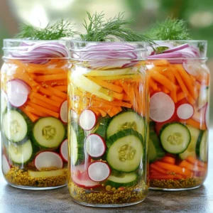 To make my vibrant pickled veggie medley, gather these fresh ingredients: - 1 cup carrots, julienned - 1 cup cucumbers, thinly sliced - 1 cup radishes, thinly sliced - 1 cup bell peppers (any color), thinly sliced - 1 cup red onions, thinly sliced - 2 cups water - 1 cup apple cider vinegar - 2 tablespoons granulated sugar - 1 tablespoon sea salt - 1 teaspoon mustard seeds - 1 teaspoon coriander seeds - 1 teaspoon black peppercorns - 2 garlic cloves, smashed - Fresh dill sprigs (optional, for added flavor) Each ingredient in my pickled veggie medley brings unique health benefits: - Carrots: Rich in beta-carotene and good for your eyesight. - Cucumbers: Hydrating and low in calories, perfect for staying refreshed. - Radishes: Packed with fiber, they help with digestion. - Bell Peppers: High in vitamin C, which boosts your immune system. - Red Onions: Contain antioxidants and add a nice crunch. - Apple Cider Vinegar: Aids digestion and may help with weight control. - Garlic: Known for its heart health benefits and flavor boost. - Dill: Contains vitamins and offers a fresh taste. You can swap ingredients based on your taste or what you have: - Carrots: Try zucchini or yellow squash for a different flavor. - Cucumbers: Use green beans for a crunchy option. - Radishes: Turnips can give a similar bite with a different flavor. - Bell Peppers: Substitute with jalapeños for some heat. - Red Onions: Use shallots for a milder flavor. - Apple Cider Vinegar: White vinegar works well too, though it tastes different. - Garlic: Garlic powder can be used if fresh isn't available. These ingredients all work together to create a crunchy and tasty snack. You can find the full recipe to get started on this healthy delight! To make pickled vegetables, start by gathering all your ingredients. You'll need carrots, cucumbers, radishes, bell peppers, and red onions. Combine water, apple cider vinegar, sugar, salt, and spices in a large pot. Heat this mixture over medium heat. Stir it until the sugar and salt dissolve. Once it boils, take it off the heat. Let the brine cool for about 10-15 minutes. Meanwhile, prepare your vegetables. Slice them thinly and layer them in a large glass jar. Add fresh dill if you want extra flavor. Now, pour the cooled brine over the veggies. Make sure they are fully covered. Press them down if needed. Seal the jar tightly and place it in the fridge. Wait at least 24 hours to let the flavors mix. For a deeper taste, let them pickle for 3-5 days. Enjoy your vibrant pickled veggies as a snack or topping for dishes. Try this Full Recipe for a fun cooking adventure! Timing is key in pickling. Letting the brine cool is very important. If you pour hot brine over the veggies, they can become mushy. Always cool the brine for at least 10-15 minutes. After sealing the jar, it needs at least 24 hours in the fridge. This allows the flavors to develop well. For best results, taste them after 3-5 days. The longer they sit, the more flavor they gain. Layering your vegetables is fun and important. Start with harder veggies like carrots and radishes. Then add softer ones like cucumbers and bell peppers. This way, all vegetables get enough brine. Fill the jar tightly, but don’t mash the veggies. Leave some room at the top for the brine. If you want more flavor, add dill or other herbs between layers. This makes each bite exciting and tasty. To achieve great pickled veggies, start with fresh ingredients. Choose vibrant colors for a stunning look. Use a mix of crunchiness and flavor. Slice your veggies evenly for a uniform texture. Here are some key tips: - Use a clean jar: Always sterilize your jar to keep your pickles safe. - Experiment with spices: Add spices like dill or cumin for extra flavor. - Taste as you go: Adjust salt and sugar to suit your preference. Many people make mistakes that can ruin pickled vegetables. Here are some pitfalls to avoid: - Skipping the brine cooling: Always let the brine cool before adding veggies. - Not pressing down veggies: Ensure all veggies stay submerged in the brine. - Rushing the pickling time: Let them pickle for at least 24 hours for best taste. Serve your pickled vegetables in a fun way. Here are some ideas: - Colorful display: Use small bowls or clear jars for an eye-catching presentation. - Snack ideas: Pair with cheese or crackers for a tasty treat. - Add to meals: Use them as toppings on salads, tacos, or sandwiches. These tips will help you enjoy your pickled vegetables to the fullest. For a delicious recipe, check out the Full Recipe for Vibrant Pickled Veggie Medley. {{image_4}} You can use many veggies for pickling. Each one adds its taste and crunch. Some great options include: - Carrots - Cucumbers - Radishes - Bell peppers - Red onions - Cauliflower - Green beans Mixing these vegetables gives you fun flavors and colors. You can also try seasonal veggies. This helps you enjoy fresh tastes all year. Spices and herbs are key to pickled veggies. They give your snacks a unique twist. Here are some great options to add: - Mustard seeds for a hint of warmth - Coriander seeds for a citrus flavor - Black peppercorns for a touch of heat - Bay leaves for a smooth taste - Fresh dill or thyme for herbal notes - Red pepper flakes for extra spice You can adjust the spices to match your taste. A little experimentation can lead to exciting new flavors. Short on time? No problem! Here are some quick pickling methods: 1. Quick Vinegar Pickle: Combine vinegar, salt, and sugar. Pour over sliced veggies and let sit for 30 minutes. 2. Microwave Pickle: Mix vinegar, sugar, and salt in a bowl. Microwave for 1-2 minutes. Pour over veggies and cool. 3. Refrigerator Pickle: Use the full recipe, but skip the cooling time. Just chill for an hour before snacking! These methods let you enjoy pickled vegetables fast. They are perfect for last-minute cravings! Storing your pickled vegetables right helps keep them fresh. Use a clean glass jar with a tight lid. Make sure your vegetables are fully submerged in the brine. This prevents them from spoiling. Store the jar in the fridge to keep your pickled veggies crisp and tasty. Homemade pickled vegetables usually last about 2 to 3 weeks in the fridge. Check for signs of spoilage as time goes on. If you see mold or an off smell, it’s time to throw them away. The veggies should stay bright and crunchy. If they lose their color or become mushy, don’t eat them. You can reuse pickling brine for another batch of pickles! Just make sure to strain it first. This removes any leftover bits of veggies. However, the brine may lose some flavor over time. For the best taste, use it within a week or two. You can even add new spices or herbs to freshen it up. Try my full recipe for Vibrant Pickled Veggie Medley for a delicious snack! Pickled vegetables can last 2 to 4 weeks in the fridge. The vinegar helps preserve them. Always store them in a sealed jar. Check for any signs of spoilage, like off smells or mold. If they look and smell good, they are safe to eat. Yes, pickled vegetables are healthy snacks. They are low in calories and high in vitamins. You get fiber from the veggies, which is great for digestion. The fermentation process can also add probiotics, which support gut health. Just be mindful of the salt content as some recipes may use more than others. Yes, you can enjoy pickled vegetables even with dietary restrictions. They are naturally vegan and gluten-free. If you have specific allergies, check the ingredients carefully. For example, if you're avoiding sugar, you can adjust the recipe. Try using less sugar or a substitute to fit your needs. For more details, check the Full Recipe for alternative options. Making pickled veggies is simple and fun. We covered the key ingredients, their benefits, and alternatives. I shared step-by-step instructions, tips to avoid mistakes, and how to layer for the best taste. You learned different vegetable combos and quick pickling methods for snacks. We discussed storage practices, shelf life, and reusing brine. Pickled vegetables not only add flavor but also boost health. Enjoy your pickling journey!