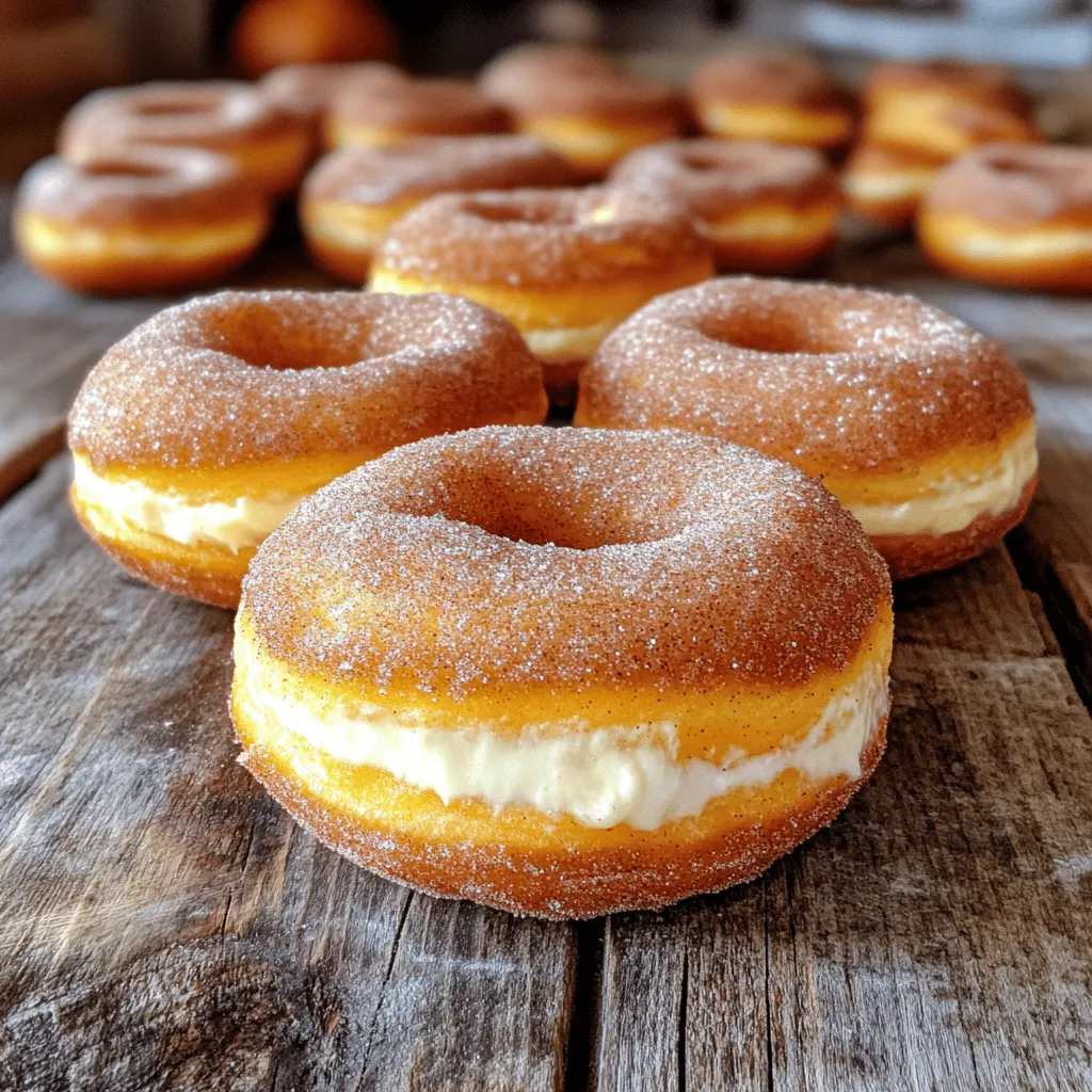 - 1 cup all-purpose flour - 1/2 cup granulated sugar - 1 teaspoon baking powder - 1/2 teaspoon baking soda - 1 teaspoon pumpkin pie spice - 1/4 teaspoon salt - 1/2 cup canned pumpkin puree - 1 large egg - 1/2 teaspoon vanilla extract - 1/4 cup buttermilk - 4 oz cream cheese, softened - 1/4 cup powdered sugar - 1 tablespoon milk - 1/2 tablespoon cinnamon sugar (for topping) To make these doughnuts, you need to gather fresh ingredients. Start with the dry ingredients. Flour, sugar, baking powder, baking soda, pumpkin pie spice, and salt are key. They create the base for your doughnuts. Next, focus on the wet ingredients. Canned pumpkin puree gives that rich flavor. A large egg binds everything. Vanilla extract adds a touch of sweetness. Buttermilk brings moisture and richness. For the cheesecake filling, use softened cream cheese. It should be easy to mix. Add powdered sugar for sweetness. A little milk helps create a smooth texture. Finally, cinnamon sugar gives a tasty finish. Using these ingredients, you can create a delightful treat. The blend of flavors makes each bite special. Check out the Full Recipe for complete steps. Enjoy your baking adventure! - Set the temperature to 350°F (175°C). - Grease doughnut pan with cooking spray. - Mix flour, sugar, baking powder, baking soda, pumpkin pie spice, and salt. - Blend pumpkin, egg, vanilla, and buttermilk until smooth. - Integrate wet and dry mixtures. - Fill doughnut pan and bake for 10-12 minutes. - Beat cream cheese, powdered sugar, and milk until smooth. - Create holes in doughnuts and pipe in cheesecake filling. - Dip tops in cinnamon sugar. Making these pumpkin spice cheesecake doughnuts is simple and fun! Follow the Full Recipe to get every detail. Enjoy the sweet aroma of pumpkin while you bake. The blend of spices makes your kitchen feel warm and cozy. Plus, the cheesecake filling adds a creamy touch that everyone will love. To get the best texture in your Pumpkin Spice Cheesecake Doughnuts, avoid overmixing. Mix just until the wet and dry ingredients come together. This keeps your doughnuts light and fluffy. Room temperature ingredients are key for the wet mixture. They blend better and help create a smooth batter. Always check if your doughnuts are done with a toothpick. Insert it into a doughnut; if it comes out clean, they are ready. After baking, let the doughnuts cool in the pan for a bit. This makes it easier to remove them without breaking. For a great presentation, use decorative platters. This adds charm to your doughnuts. Pairing them with cream cheese frosting for dipping takes them to the next level. It adds flavor and a fun twist to your treat. You can find the Full Recipe for more details on making these doughnuts. {{image_4}} You can change the taste of your doughnuts easily. Try adding chocolate chips to the batter for a sweet twist. The chocolate goes great with pumpkin spice. Instead of granulated sugar, use maple syrup. This swap gives your doughnuts a rich flavor. You can make your doughnuts fit your diet. For a gluten-free option, use gluten-free flour. This change keeps the texture light and fluffy. If you want dairy-free doughnuts, replace cream cheese with dairy-free alternatives. Options like tofu or cashew cream work well. Toppings can take your doughnuts to the next level. Drizzle caramel sauce on top for extra sweetness. It adds a lovely shine too. For some crunch, sprinkle chopped nuts on top. Walnuts or pecans are tasty choices. These toppings make your doughnuts look great and taste even better. For the full recipe, check out the details above! Store your doughnuts in an airtight container. They will stay fresh for up to 3 days. This helps keep them moist and tasty. You can freeze unfilled doughnuts for longer storage. This is a great option if you want to save some for later. When you're ready to enjoy, just thaw and fill them before serving. This keeps the texture perfect. To enjoy your doughnuts warm, pop them in the microwave. Heat them for 10-15 seconds before serving. This will make them soft and delicious again. A delicious doughnut filled with a creamy cheesecake mixture and flavored with pumpkin spice. The doughnuts have a soft, fluffy texture, and the cheesecake filling adds a rich and tangy contrast. You get the warmth of pumpkin spice in each bite, making them perfect for autumn. Yes, they can be prepared in advance and stored properly. Just make sure to cool them completely before storing. Keep them in an airtight container to keep them fresh. You can fill them with cheesecake just before serving for the best taste. Check local bakeries or specialty dessert shops for availability. Many shops love to create seasonal treats like this. If you can't find them, try making them at home with the full recipe. Explore variations in flavors and toppings as detailed above. You can add chocolate chips or nuts to the dough. Try using maple syrup instead of sugar for a different sweetness. Get creative with your favorite flavors! Insert a toothpick into the doughnut; it should come out clean when fully baked. If the toothpick has batter on it, bake the doughnuts a few more minutes. This simple test helps ensure you get perfectly baked doughnuts. Consider substituting sweeteners and using whole grain flour to enhance nutritional value. You can also use yogurt instead of cream cheese for the filling. Small changes make a big difference in health without losing flavor! In this post, we explored how to make tasty Pumpkin Spice Cheesecake Doughnuts. You learned about the ingredients, from dry and wet mixtures to cheesecake filling. I gave step-by-step instructions for baking and tips for perfect texture. We also covered variations, storage, and answers to common questions. These doughnuts are simple to make and delicious to eat. Enjoy creating your own treats!
