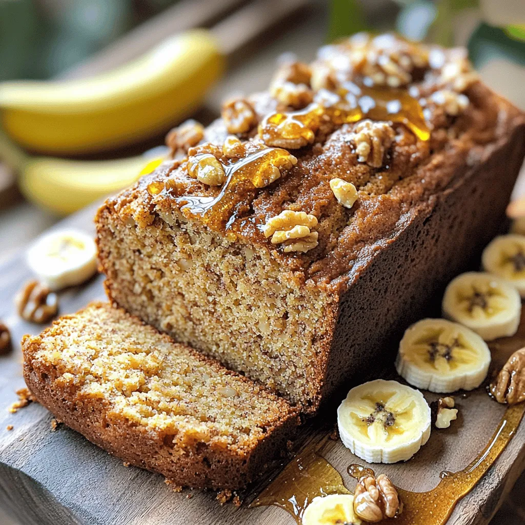 To make the best moist almond flour banana bread, you need a few key ingredients. Here’s the list: - 2 ripe bananas, thoroughly mashed - 3 cups almond flour - 1/2 teaspoon baking soda - 1 teaspoon baking powder - 1/4 teaspoon fine sea salt - 3 large eggs, at room temperature - 1/4 cup honey or pure maple syrup - 1 teaspoon pure vanilla extract - 1/2 cup chopped walnuts or pecans - 1/2 teaspoon ground cinnamon (optional) Using ripe bananas is key. They add natural sweetness and moisture. Almond flour gives the bread a nice texture and nutty flavor. You can use honey or maple syrup for sweetness. If you like a bit of crunch, add walnuts or pecans. The ground cinnamon is optional but adds warmth to the flavor. This recipe is simple and tasty. You can find the full recipe above for step-by-step instructions. Enjoy baking! - Preheat your oven to 350°F (175°C). - Prepare a 9x5-inch loaf pan by greasing it lightly with oil or butter or lining it with parchment paper. This helps the bread come out easily after baking. - In a large bowl, combine 3 cups of almond flour, 1/2 teaspoon of baking soda, 1 teaspoon of baking powder, 1/4 teaspoon of fine sea salt, and 1/2 teaspoon of ground cinnamon (if you like). Whisk these dry ingredients well. This mix is key for the bread’s texture. - In another bowl, mix together 2 ripe bananas, 3 large eggs, 1/4 cup of honey or maple syrup, and 1 teaspoon of pure vanilla extract. Use a whisk to blend until smooth. The bananas add moisture and sweetness to the bread. - Gently pour the wet mixture into the dry ingredients. Stir with a wooden spoon or spatula until just combined. It’s okay if there are a few lumps; do not overmix. This keeps your bread light and fluffy. - Carefully fold in 1/2 cup of chopped walnuts or pecans. This adds a nice crunch. Transfer the batter to your prepared loaf pan. Smooth the top to help it bake evenly. - Place the loaf pan in the oven and bake for 50-60 minutes. Check for doneness by inserting a toothpick into the center. It should come out clean or with just a few moist crumbs attached. After baking, let it cool in the pan for about 10 minutes. Then, move it to a wire rack to cool completely before slicing. Enjoy the process and the delicious smell that fills your kitchen! For the full recipe, check the details above. To make moist almond flour banana bread, ripe bananas are key. They add natural sweetness and moisture. Choose bananas that are brown and soft. These will blend well into your batter. Next, avoid overmixing the batter. When you mix too much, the bread can become dense. Stir just until you see no dry flour. A few lumps in the batter are okay. This keeps the bread light and fluffy. To check if your banana bread is done, use a toothpick. Insert it into the center of the loaf. It should come out clean or with a few moist crumbs. If it comes out wet, give it more time in the oven. Baking time may change based on your elevation. If you live at a higher altitude, you might need to adjust your baking time. Start checking for doneness a bit earlier to avoid overbaking. When slicing the banana bread, use a serrated knife. This helps you get neat slices without squishing the loaf. Arrange the slices on a rustic wooden board for a lovely display. For garnish, drizzle a bit of honey over the top. Add banana slices and a sprinkle of walnuts for color. Serve warm or toasted with butter for a tasty treat. If you want to know the full recipe, check out the Full Recipe section. {{image_4}} You can make your banana bread even tastier with some fun additions. Adding chocolate chips brings a sweet touch. You can mix in about a cup of semi-sweet or dark chocolate chips. Dried fruits, like raisins or cranberries, also add great flavor. They bring a chewiness that pairs well with the soft bread. You might want to try some spices too. Nutmeg or ginger can give your bread a warm kick. Just a sprinkle of these can change the whole taste. Experiment to find out what you love best. If you need gluten-free options, almond flour fits perfectly. It is naturally gluten-free. This recipe is already safe for those with gluten issues. For a nut-free version, use sunflower seed flour. It provides a similar texture and taste. Be sure to check for any allergies before serving. Adjusting the sweetness is easy. If you want less sugar, use less honey or maple syrup. You can start with a couple of tablespoons less. Taste the batter before baking to find your sweet spot. You can also explore sugar substitutes. Stevia or coconut sugar can be great options. Just remember that some substitutes may change the flavor. Always test a small batch first. For the full recipe, check the previous section. Enjoy baking! To keep your moist almond flour banana bread fresh, store it in the pantry or refrigerator. Wrap it tightly in plastic wrap or foil. You can also use an airtight container. If kept in the pantry, it will last about 2-3 days. In the fridge, it can stay fresh for up to a week. Make sure to check for mold before eating. Freezing is a great way to keep your banana bread longer. First, let it cool completely. Then, wrap it well in plastic wrap, followed by aluminum foil. This double layer helps prevent freezer burn. Label it with the date. You can freeze the bread for up to three months. When ready to eat, thaw it in the fridge overnight. To warm up your banana bread, you have a few options. The oven is best for even heating. Preheat to 350°F (175°C) and place the bread on a baking sheet. Heat for about 10-15 minutes. You can also use a microwave for quick reheating. Just place a slice on a plate and heat for 15-30 seconds. Enjoy it warm for the best taste! You can use regular flour, but it will change the taste and texture. Almond flour gives a moist, nutty flavor. Regular flour is drier and less rich. If you want to substitute, use about 1 cup of regular flour for every cup of almond flour. You may need to adjust the liquid in your recipe, as almond flour absorbs more moisture. Check your banana bread after 50 minutes of baking. Insert a toothpick into the center. If it comes out clean or with a few moist crumbs, it's done. The top should be golden brown and spring back lightly when touched. If it looks wet, bake for a few more minutes. Keep an eye on it to avoid overbaking. If your banana bread is dense, it may be due to overmixing or not enough leavening. Mix the batter gently. Use fresh baking powder and baking soda. You can add a bit more baking powder for a lighter loaf. If your bananas are very ripe, they add moisture but can also weigh down the bread. Banana bread lasts about 3-4 days at room temperature. Wrap it tightly to keep it fresh. In the fridge, it can last up to a week. For longer storage, freeze it. Wrap tightly in plastic wrap and then in foil. It can last for up to 3 months in the freezer. Thaw it overnight in the fridge before enjoying. Absolutely! You can add chocolate chips, dried fruits, or nuts for extra flavor. Try adding spices like nutmeg or ginger for a twist. You can also mix in some peanut butter or yogurt for richness. Just be careful not to add too many wet ingredients, or it may change the texture. This blog discussed how to make delicious banana bread. We covered key ingredients, step-by-step instructions, and helpful tips. You learned ways to tweak flavors and dietary needs too. Banana bread is versatile, simple, and enjoyable. With ripe bananas, you can create a moist treat. Try different nuts or spices to make it your own. Follow the storage tips for long-lasting goodness. Happy baking!