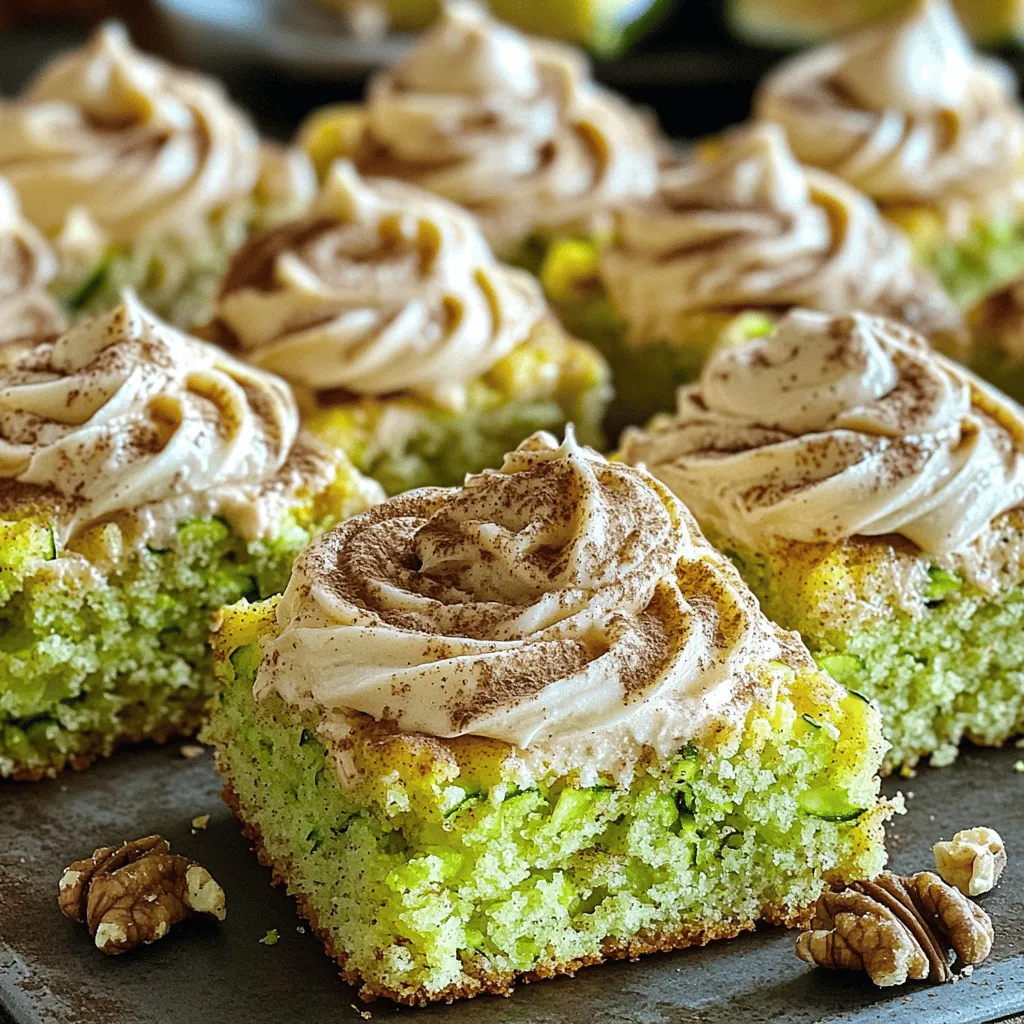 To make a delightful zucchini cake, you will need: - 2 cups freshly grated zucchini (ensure it’s squeezed dry) - 1 ½ cups all-purpose flour - 1 cup granulated sugar - ½ cup packed brown sugar - ½ cup vegetable oil - 3 large eggs - 1 teaspoon vanilla extract - 1 teaspoon baking soda - 1 teaspoon baking powder - 1 teaspoon ground cinnamon - ½ teaspoon salt - ½ cup chopped walnuts or pecans (optional) For the creamy frosting, gather these ingredients: - 8 oz cream cheese, softened to room temperature - ½ cup unsalted butter, softened to room temperature - 3 cups powdered sugar - 1 teaspoon vanilla extract - 1 teaspoon ground cinnamon - 2 tablespoons milk (adjust as needed for consistency) If you want to play with flavors, consider these options: - Swap granulated sugar for coconut sugar for a richer taste. - Use almond flour instead of all-purpose flour for a gluten-free option. - Add a pinch of nutmeg to the cake for an extra spice kick. - Try using Greek yogurt instead of butter in the frosting for a lighter feel. These ingredients provide the base for a moist and flavorful zucchini cake, topped with a rich cinnamon cream cheese frosting. Feel free to adjust based on what you have at home. For the full recipe, follow the complete instructions for a perfect bake! 1. Preheat your oven to 350°F (175°C). This helps your cake bake evenly. 2. Grab a 9x13 inch baking dish. Grease it lightly and dust with flour. This keeps the cake from sticking. 3. In a large bowl, whisk together the wet ingredients. Mix the grated zucchini, granulated sugar, brown sugar, vegetable oil, eggs, and vanilla extract until smooth. 4. In another bowl, sift the dry ingredients. Combine the flour, baking soda, baking powder, ground cinnamon, and salt. This step ensures even flavor and texture. 5. Fold the dry mix into the wet zucchini mix. Stir gently until just combined. A few lumps are fine; don’t overmix. 6. If you want, fold in chopped walnuts or pecans. This will add a nice crunch to your cake. 7. Pour the batter into your prepared dish. Use a spatula to smooth the top for even baking. 8. Bake for 30-35 minutes. Test with a toothpick; it should come out clean. Let the cake cool completely in the dish. 1. In a large bowl, beat the softened cream cheese and unsalted butter. Mix until creamy and fluffy. 2. Gradually add the powdered sugar while beating. This helps avoid lumps. 3. Once mixed, add the vanilla extract and ground cinnamon. Continue mixing until smooth. 4. If the frosting is too thick, add a tablespoon or two of milk. This will help reach your desired consistency. - Always check your oven’s temperature with an oven thermometer. This ensures your cake bakes correctly. - If you want a thicker frosting, add more powdered sugar. For a lighter frosting, add more milk. - When frosting the cake, use a spatula to spread it evenly. Add swirls for a nice finish. - For a fun touch, sprinkle extra cinnamon on top before serving. Following these steps will lead you to a delightful zucchini cake with creamy frosting. For the full recipe, check out the details above. Enjoy your baking! To keep your zucchini cake moist, use fresh zucchini. Grate it and squeeze out excess water. This step helps prevent a soggy cake. Mix wet ingredients well, but don’t overmix. Overmixing can lead to a dense texture. You can also add a bit of applesauce for extra moisture. It adds sweetness and keeps the cake soft. One common mistake is using too much flour. Always spoon flour into your measuring cup, then level it off. This method gives you the right amount. Another mistake is not properly greasing your pan. This can cause the cake to stick and break apart. Make sure you grease and flour your baking dish well. Lastly, avoid skipping the cooling step before frosting. A hot cake can melt your frosting, making it runny. Once your cake cools, it’s time to decorate! You can swirl the cinnamon cream cheese frosting for a beautiful look. Add a sprinkle of cinnamon or chopped nuts on top for extra flair. For a fun twist, use edible flowers or fresh fruit. These bright colors make the cake pop. You can also slice the cake into squares and serve on a nice platter. It makes a great treat for parties or family gatherings. For the full recipe, check out the Zucchini Cake Delight with Creamy Cinnamon Swirl. {{image_4}} You can switch up flavors in your zucchini cake. Try adding cocoa powder for a chocolate twist. Just replace a quarter cup of flour with it. Orange zest brings a fresh kick. Lemon zest adds brightness too. You can also use spices like nutmeg or ginger for added warmth. Each change creates a new cake experience. If cream cheese frosting isn't your style, consider a buttercream. Mix butter, powdered sugar, and vanilla for a classic treat. You could also try a glaze made with powdered sugar and milk. For a fruity touch, use a berry puree mixed with whipped cream. Each frosting offers a unique flavor that pairs well with the cake. For extra crunch, toss in nuts like walnuts or pecans. Chocolate chips add sweetness and richness. Dried fruits such as raisins or cranberries can give a chewy texture. Shredded coconut will add a tropical flavor. Feel free to mix and match these add-ins for a custom cake. For the full recipe, check out the Zucchini Cake Delight with Creamy Cinnamon Swirl. To keep your zucchini cake fresh, store it in an airtight container. This helps keep moisture in and prevents it from drying out. You can also cover the cake with plastic wrap. Keep it at room temperature for up to three days. If your kitchen is hot, place it in the fridge to stay fresh longer. If you have leftover cake, freezing is a great option. First, allow the cake to cool completely. Then, slice it into pieces. Wrap each slice in plastic wrap. Place the wrapped slices in a freezer bag. This way, they stay fresh for up to three months. When ready to eat, thaw the slices in the fridge overnight. The zucchini cake itself lasts about three days at room temperature. If stored in the fridge, it can last up to a week. The cinnamon cream cheese frosting can stay in the fridge for about one week if stored in an airtight container. Make sure to check for any changes in smell or texture before using. For the full recipe, you can refer to the earlier sections. Yes, you can use frozen zucchini. Just make sure to thaw it first. Squeeze out any extra water before adding it to your batter. This step keeps the cake from being too wet. Frozen zucchini works great in baked goods, so don’t worry if fresh is not available. To make this cake gluten-free, simply swap all-purpose flour with a gluten-free blend. Look for blends that include xanthan gum, as it helps with texture. Many stores sell ready-made gluten-free flour mixes. Just be sure to check the package instructions for any special tips on baking. I love serving this cake warm or at room temperature. Cut it into squares for easy serving. You can add a sprinkle of cinnamon on top for a nice touch. Pair it with a scoop of vanilla ice cream or a dollop of whipped cream for extra delight. Enjoy it with friends at a gathering or as a sweet treat after dinner! For the full recipe, check out the details I shared earlier. In this post, we explored how to make a delicious zucchini cake. We covered the key ingredients, steps to prepare the cake, and made a creamy cinnamon frosting. I gave tips on keeping your cake moist and how to avoid mistakes. Variations and storage tips helped you think outside the box. Lastly, I answered common questions you might have. Baking can be fun and easy. With these tips, you’ll impress everyone with your cake! Enjoy the process and share your delicious creation.