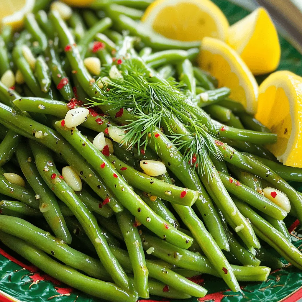 To make Spicy Dilly Garlic Beans, you need fresh and simple ingredients. Here’s what you will need: - 1 lb fresh green beans, trimmed - 3 cloves of garlic, finely minced - 1 tablespoon extra virgin olive oil - 1 teaspoon red pepper flakes - 2 tablespoons fresh dill, finely chopped - 1 tablespoon apple cider vinegar - Sea salt, to taste - 1/4 teaspoon freshly ground black pepper - 1 teaspoon sugar (optional) Each ingredient brings its own flavor to this dish. The fresh green beans add a crisp texture. Garlic adds warmth, while red pepper flakes kick up the heat. Dill gives a fresh note, and apple cider vinegar brings a tangy twist. Sea salt and black pepper enhance all these flavors. You can use sugar to balance the heat, if needed. When selecting green beans, look for vibrant ones. They should feel firm and snap easily. Fresh dill should smell strong and fragrant. These choices will ensure your dish is as tasty as possible. For the full recipe, check the section above. You will enjoy how these simple ingredients come together for a delightful side dish! - Rinse and trim the green beans. This helps remove dirt and makes them neat. - Blanch the green beans for 3-4 minutes. This keeps them bright and slightly tender. - Plunge beans into ice water for quick cooling. This stops the cooking and locks in color. - Heat olive oil and sauté minced garlic in a skillet. This brings out the garlic's rich flavor. - Add red pepper flakes and infuse oil. This step adds a spicy kick to the dish. - Toss blanched green beans in the skillet. Make sure they get coated in the garlic oil. - Add fresh dill and apple cider vinegar. This brings a fresh taste to the beans. - Season and adjust to taste. Add salt, black pepper, and sugar if you want to balance the heat. This easy recipe makes a delightful side dish. You can find the full recipe for Spicy Dilly Garlic Beans in the earlier sections. Enjoy every bite! To make your Spicy Dilly Garlic Beans even better, you can adjust the red pepper flakes. If you love heat, add more. If you prefer a milder taste, use less. You can also experiment with other herbs or spices. Try adding a pinch of smoked paprika or a dash of cumin for a twist. Fresh herbs like basil or parsley can also add a unique flair. Presentation matters! Serve your beans on a vibrant platter to catch the eye. Scatter extra dill on top for an added pop of color. To brighten the dish, include lemon wedges on the side. A squeeze of lemon adds great freshness and lifts the flavors. Using ice water after blanching is key. It helps lock in the beans' bright green color and crisp texture. When you cook garlic, be careful not to burn it. Garlic cooks fast and can turn bitter. Sauté it just until fragrant; about one minute is perfect. These small tips will enhance the overall taste and look of your dish. {{image_4}} You can change up the beans in this dish. Try using yellow wax beans or even chickpeas. Both will bring a new flavor. You can also swap in different veggies. For instance, sliced bell peppers or zucchini work well. They add a nice crunch and color. Vinegar is key for the tangy taste. You can substitute apple cider vinegar with white wine vinegar if you prefer. This swap gives a milder flavor. Another option is rice vinegar, which adds a sweet touch. Each vinegar will give a unique twist. Making this dish vegan is easy. All the ingredients are plant-based, so you’re set. Just skip the sugar if you want a low-sugar option. The beans will still taste great without it. If you need a gluten-free option, you can relax. This recipe is naturally gluten-free. Always check your vinegar for hidden gluten if you buy pre-made. This dish fits many diets while keeping the flavor intact. To keep your Spicy Dilly Garlic Beans fresh, store them in the fridge. Place the beans in an airtight container. This helps prevent moisture loss and keeps them crisp. You can enjoy your beans for up to three days. For best results, let the beans cool completely before sealing them. This practice avoids steam buildup that can cause sogginess. If you have a vacuum sealer, that’s even better! It removes air and keeps the beans vibrant. If you want to keep them longer, freezing is a great option. First, make sure the beans are completely cool. Then, portion them in freezer-safe bags or containers. Remove as much air as possible to avoid freezer burn. To thaw, simply place the frozen beans in the fridge overnight. You can also use the microwave for quick thawing. Heat them gently to avoid overcooking. When reheating on the stove, add a splash of olive oil to bring back their flavor. Enjoy your beans even after freezing! For the full recipe, check out the details provided above. Spicy Dilly Garlic Beans are a vibrant, flavorful side dish. They feature fresh green beans, garlic, and dill. The addition of red pepper flakes gives them a spicy kick. The taste is a mix of fresh, tangy, and savory notes. This dish is crunchy and bright, making it a perfect addition to any meal. Yes, you can prepare these beans ahead of time. Blanch and cool the beans, then store them in the fridge. Keep them in an airtight container for up to three days. When you’re ready to serve, just heat them in a skillet with the garlic and spices. This saves time and allows the flavors to meld. Spicy Dilly Garlic Beans pair well with grilled meats and fish. They also complement hearty grains like quinoa or rice. Serve them alongside roasted chicken or a fresh salad for a balanced meal. Their bright flavor can elevate any dish, making them a versatile side. To adjust the spice, change the amount of red pepper flakes. Start with less if you prefer a milder flavor. You can also add a touch of sugar to balance the heat. For those who love spice, increase the flakes or add sliced jalapeños. This way, you can make the dish just right for your taste. For the full recipe, check the [Full Recipe]. Spicy Dilly Garlic Beans are easy to make and packed with flavor. You learned about the key ingredients, how to prepare them, and tips for enhancing taste and appearance. You can switch ingredients for variety, and my storage tips help keep leftovers fresh. This dish not only shines on its own but pairs well with many meals. Enjoy creating your own version, and don't shy away from making it your own. You’ll impress your guests and family with this delightful side!