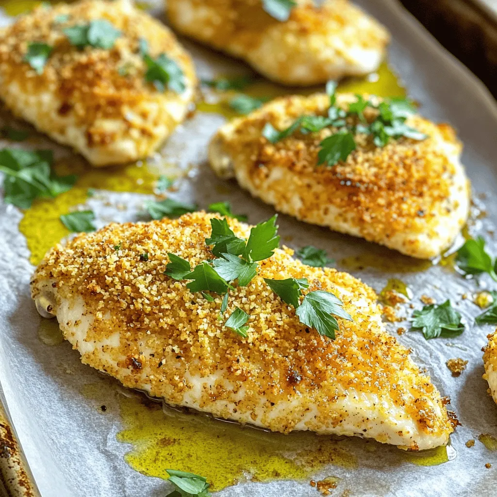- 4 boneless, skinless chicken breasts - 1 packet (1 oz) ranch seasoning mix - 1 cup buttermilk - 1 cup panko breadcrumbs - 1 teaspoon garlic powder - 1 teaspoon paprika - Salt and black pepper to taste - 2 tablespoons olive oil - Fresh parsley for garnish When choosing chicken breasts, look for ones that are firm and pink. Avoid any that feel slimy or look discolored. If you don’t have buttermilk, you can make your own by mixing milk with lemon juice or vinegar. This gives a similar tangy flavor. For ranch seasoning, you can use a mix of dried herbs like dill, parsley, and garlic powder if you want a homemade touch. This allows you to control the flavors more closely. If you want to try something different, consider adding spices like cayenne pepper or paprika for a kick! 1. In a medium bowl, pour 1 cup of buttermilk. 2. Add 1 packet of ranch seasoning mix to the buttermilk. 3. Whisk the two together until fully mixed. 4. Submerge the 4 chicken breasts in the buttermilk mixture. 5. Make sure each piece is well coated. 6. Let the chicken marinate for at least 15 minutes. For deeper flavor, marinate up to 2 hours. 1. Preheat your oven to 425°F (220°C). 2. Line a baking sheet with parchment paper. 3. In a separate bowl, mix 1 cup of panko breadcrumbs, 1 teaspoon garlic powder, and 1 teaspoon paprika. 4. Add salt and pepper to taste, then stir until mixed. 5. After marinating, take each chicken breast out of the buttermilk. 6. Allow any excess liquid to drip off. 7. Dredge each chicken piece in the breadcrumb mixture. 8. Press lightly to make sure the crumbs stick well. 1. Arrange the coated chicken on the prepared baking sheet. 2. Drizzle 2 tablespoons of olive oil over the chicken. 3. Bake in the preheated oven for 20-25 minutes. 4. Cook until the chicken is golden brown and reaches 165°F (74°C). 5. Remove the chicken from the oven and let it rest for a few minutes. 6. This helps the juices stay inside. 7. Garnish with finely chopped fresh parsley for a fresh look and flavor. To get that perfect crunch on your chicken, use panko breadcrumbs. They are light and airy, which helps create a crisp outer layer. Regular breadcrumbs won’t give you the same texture. When you drizzle olive oil, do it evenly across the chicken. This helps the breadcrumbs crisp up while baking. Too little oil can lead to soggy chicken. You can easily boost the flavor of your ranch chicken. Try adding extra spices like cayenne pepper or smoked paprika to the breadcrumb mix. These will give your dish a little kick. For a different taste, think about using a marinade. You could mix some lemon juice or honey into the buttermilk. This can add a nice tang or sweetness to the chicken. One mistake is over-marinating the chicken. If you let it sit too long, it can become mushy. Aim for 15 minutes to 2 hours for the best results. Another issue is not preheating your oven. If the oven isn’t hot enough, the chicken may not cook right. Always preheat to 425°F before baking your ranch chicken for that golden, crispy finish. For the full recipe, check out the details above. {{image_4}} To make this recipe fit your needs, try these changes. For gluten-free options, swap regular breadcrumbs for gluten-free ones. Look for brands that use rice flour or cornmeal. You can easily find these at most grocery stores. For a dairy-free choice, use unsweetened almond milk instead of buttermilk. Add a splash of vinegar or lemon juice to mimic the tangy flavor of buttermilk. Want to spice things up? Try adding cayenne pepper or hot sauce to the buttermilk mix. This gives your ranch chicken a kick that many will love. If you prefer a more herbal taste, mix fresh or dried herbs into your breadcrumb mix. Good choices are thyme, oregano, or rosemary. These herbs add depth and freshness to your dish. Pair your ranch chicken with tasty sides. Roasted vegetables like carrots, zucchini, or broccoli work well. They not only taste great but also add color to your plate. You can also serve the chicken over a hearty salad. Mix greens, cherry tomatoes, and cucumber for a fresh crunch. Drizzle some ranch dressing on top for a fun twist. Each bite will be bursting with flavor! To keep your ranch chicken fresh, store it in an airtight container. Place it in the fridge. It will stay good for about 3 to 4 days. If you want to keep it longer, freezing is a great option. Wrap each piece in plastic wrap, then place in a freezer bag. This way, you can enjoy it for up to 3 months. To reheat the chicken, the best method is using the oven. Preheat your oven to 350°F (175°C). Place the chicken on a baking sheet and cover it with foil. This keeps it moist. Heat for about 15 to 20 minutes. If you want the coating crispy, remove the foil for the last 5 minutes. You can also use an air fryer for a quick and crispy result. Leftover ranch chicken is safe to eat for 3 to 4 days when stored in the fridge. If you freeze it, it will last for about 3 months. Always check for signs of spoilage before eating. If it looks or smells off, it’s best to throw it away. Enjoy your meals safely! It takes about 15 minutes to prep and 25 minutes to cook. You can enjoy your meal in just 40 minutes. This makes it perfect for busy weeknights. Yes, you can use frozen chicken, but make sure to thaw it first. Thawing helps the chicken cook evenly. You can thaw chicken in the fridge overnight or in cold water if you're short on time. Ranch chicken pairs well with many sides. Here are a few ideas: - Fresh garden salad - Roasted vegetables - Mashed potatoes - Steamed rice These sides will add color and nutrients to your meal. Absolutely! Ranch chicken is great for meal prep. You can cook a batch and store it for later. Just follow these tips: - Store cooked chicken in airtight containers. - Keep it in the fridge for up to four days. - You can also freeze it for up to three months. This makes it easy to grab a quick meal anytime. For the full details on how to make this dish, check out the Full Recipe. In this blog post, we covered how to make Quick Weeknight Ranch Chicken using simple ingredients and easy steps. I shared tips for ensuring crispiness, variations for dietary needs, and how to store leftovers. You can create a meal that is both tasty and quick. With these easy methods, you’ll impress everyone at your table. Enjoy your cooking and have fun experimenting with flavors!