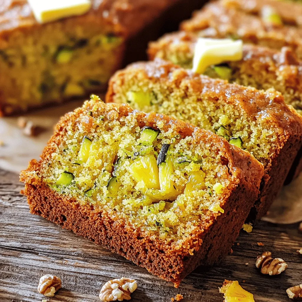 Making pineapple zucchini bread starts with fresh and flavorful ingredients. Here’s what you need: - 1 cup grated zucchini (about 1 medium zucchini) - 1 cup crushed pineapple, thoroughly drained - 1/2 cup unsweetened applesauce - 1/2 cup granulated sugar - 1/2 cup packed brown sugar - 2 large eggs - 1/3 cup vegetable oil - 1 teaspoon vanilla extract - 1 1/2 cups all-purpose flour - 1 teaspoon baking soda - 1/2 teaspoon baking powder - 1/2 teaspoon salt - 1 teaspoon ground cinnamon - 1/4 teaspoon ground nutmeg (optional) - 1/2 cup chopped walnuts or pecans (optional) Using fresh, high-quality ingredients makes a big difference. The grated zucchini adds moisture and texture while the crushed pineapple brings sweetness and flavor. Applesauce helps keep the bread moist without extra fat. I love using a mix of sugars for depth. The spices round out the taste, creating a warm, inviting aroma as it bakes. You can also add nuts for a crunchy texture. Don't forget to check out the Full Recipe for the complete guide! First, preheat your oven to 350°F (175°C). This step is key for even baking. Next, grab a 9x5 inch loaf pan and grease it with butter or cooking spray. This helps the bread slide out easily after baking. In a large bowl, mix together the grated zucchini, crushed pineapple, and liquids. Add unsweetened applesauce, granulated sugar, brown sugar, eggs, vegetable oil, and vanilla extract. Stir until you have a smooth mixture. In another bowl, whisk together the flour, baking soda, baking powder, salt, and spices. This ensures that all dry ingredients blend well. Good mixing here helps the bread rise nicely. Now, slowly add the dry mixture into the wet ingredients. Use a spatula to fold them together gently. It’s fine if the batter has some lumps. Overmixing can make the bread tough, so mix just until combined. If you enjoy nuts, fold in chopped walnuts or pecans now. This adds a nice crunch to the bread. Then, pour the batter into your prepared loaf pan. Use a spatula to smooth the top for a neat finish. Place your loaf pan in the oven and bake for about 50-60 minutes. To check if it's done, insert a toothpick in the center. It should come out clean or with a few moist crumbs. Once baked, let it cool in the pan for 10 minutes. Then transfer it to a wire rack to cool fully. For the full recipe, check the detailed instructions above. Enjoy your homemade Pineapple Zucchini Bread! To make your pineapple zucchini bread moist, you need to manage the moisture well. Drain the crushed pineapple thoroughly. If you leave too much juice, the bread can turn soggy. Use unsweetened applesauce to add moisture without extra fat. It keeps the bread soft and tender. Plus, applesauce adds a light sweetness that pairs well with zucchini and pineapple. Mixing your batter correctly is key. Overmixing can make your bread tough. Stir just until the dry ingredients blend with the wet. A few lumps are okay; they will bake out. This gentle mixing helps create a light and fluffy texture. Remember, less is more when it comes to mixing! Want to elevate your bread? Consider adding spices or extracts. Ground cinnamon gives warmth, while a hint of nutmeg adds depth. You could also use vanilla extract for extra flavor. For a fun twist, try adding almond or coconut extract. These simple changes can make your bread even more delightful! {{image_4}} If you want a nut-free version, you can easily skip the nuts. This bread still tastes amazing without them. You can also add seeds like pumpkin or sunflower seeds for a nice crunch. Chia seeds can add nutrition without changing the flavor. Feel free to get creative with what you have! Spices can change the taste of your pineapple zucchini bread. You can add 1/4 teaspoon of ground ginger for a warm kick. If you like a bit of heat, try a pinch of cayenne pepper. Cardamom is another option, giving a lovely floral note. Experiment with what you love! You can mix in other fruits for extra flavor. Mashed bananas work well, adding moistness and sweetness. Diced apples will give a nice crunch. You can also use other canned fruits like peaches or mangoes. Just make sure to drain them well before mixing. The options are endless! For the full recipe and detailed steps, check out the Full Recipe. To keep your pineapple zucchini bread fresh, store it properly. You can keep it at room temperature for up to three days. Wrap it in plastic wrap or place it in an airtight container. This keeps it moist and tasty. If your home is warm or humid, refrigerate it. This will help avoid mold. However, refrigeration may slightly dry it out. Want to save some for later? Freezing is a great option! First, let the bread cool completely. Then, wrap it tightly in plastic wrap. After that, place it in a freezer-safe bag. Be sure to label the bag with the date. You can freeze it for up to three months. When you’re ready to enjoy it, simply thaw it in the fridge overnight. When it's time to eat your bread, reheating can bring back its soft texture. You can use an oven or microwave. For the oven, preheat it to 350°F (175°C). Wrap the bread in foil and heat for about 10-15 minutes. This warms it up without drying it out. If you're using a microwave, heat a slice for 15-20 seconds. Make sure to check it so it doesn’t get too hot. Enjoy your homemade delight! Yes, you can use frozen zucchini! Just make sure to thaw it first. Drain any extra water to keep your bread from getting soggy. Using frozen zucchini saves prep time and still gives great flavor. Just remember, fresh zucchini works well too if you have it. Check your bread by inserting a toothpick in the center. If it comes out clean or with a few moist crumbs, your bread is done. Look for a golden-brown crust. The edges should pull away from the pan slightly. Trust your nose; it should smell amazing too! This bread is great on its own, but you can serve it with cream cheese or butter. Try a fruit spread for a sweet touch. A cup of tea or coffee pairs well with it too. It’s perfect for breakfast, snacks, or dessert! You can find the Full Recipe [here](#). It has all the steps and tips you need to make this tasty bread! You learned how to make Pineapple Zucchini Bread by following a clear recipe. We covered the essential ingredients, including zucchini and crushed pineapple, and a step-by-step guide for baking. I shared tips on moisture balance and mixing techniques to enhance flavor. You discovered variations, storage tips, and answers to common questions. Now you can bake a delicious treat to share or enjoy at home. Happy baking!