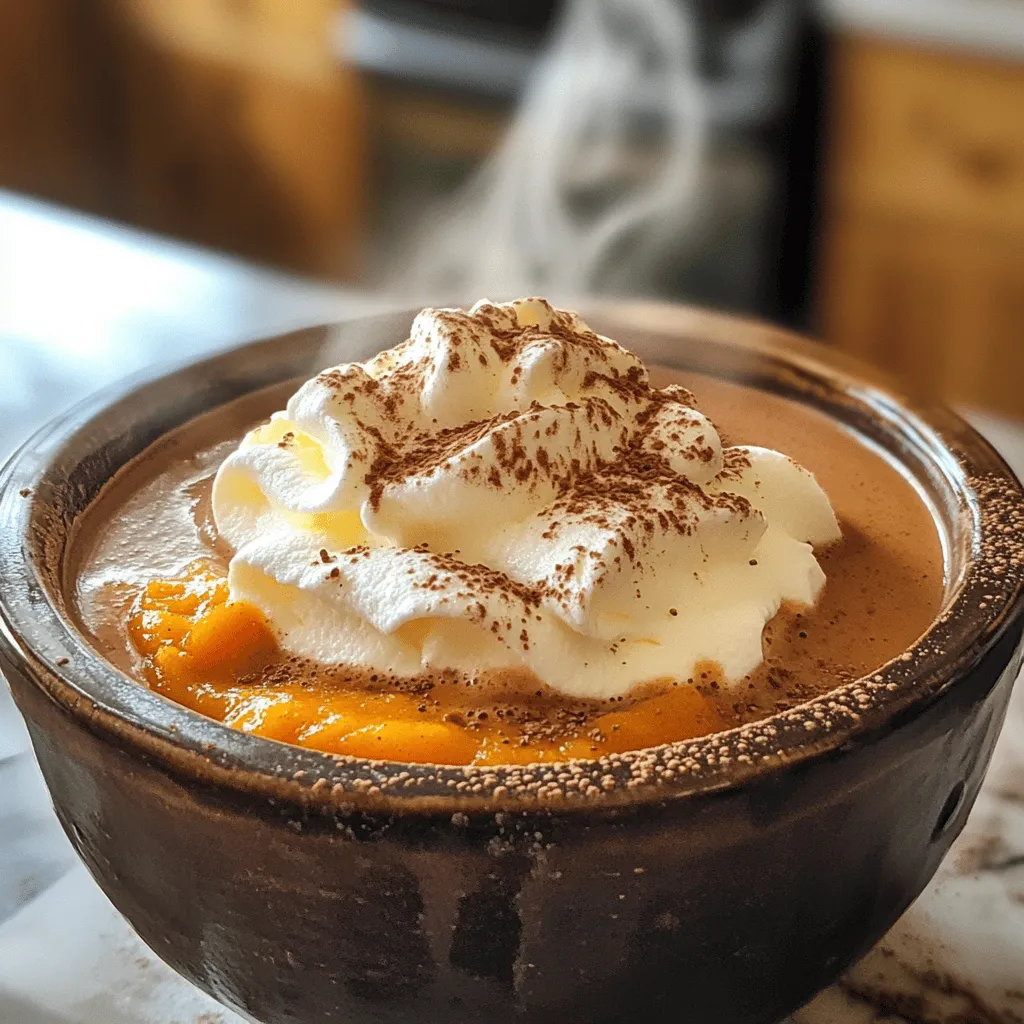 To make this warm drink, you'll need: - 4 cups whole milk - 1 cup heavy cream - 1 cup pumpkin puree - 1/2 cup semi-sweet chocolate chips - 1/4 cup unsweetened cocoa powder - 1 teaspoon pure vanilla extract - 3 tablespoons packed brown sugar (adjust to taste) - 1 teaspoon ground cinnamon - 1/2 teaspoon ground nutmeg - 1/4 teaspoon sea salt - Whipped cream, for serving - Pumpkin spice or cocoa powder, for garnish Using the right amounts makes a big difference. I always recommend measuring your ingredients carefully. Use liquid measuring cups for milk and cream. For dry ingredients like cocoa powder and sugar, use dry measuring cups. A kitchen scale can help if you want to be precise. Weighing the chocolate chips can also give you a perfect result every time. If you have dietary needs, no worries! Here are some easy swaps: - Milk Alternatives: Use almond milk, oat milk, or coconut milk instead of whole milk. - Cream Alternatives: Try coconut cream or a non-dairy cream for a lighter option. - Sweeteners: Maple syrup or honey can replace brown sugar. Adjust to taste. - Dairy-Free Chocolate: Use dairy-free chocolate chips for a vegan version. Feel free to mix and match these options. Enjoy your cozy drink! For the complete recipe, check the Full Recipe. Start by gathering your ingredients. You will need whole milk, heavy cream, and pumpkin puree. These ingredients form the creamy base of your hot chocolate. Pour 4 cups of whole milk and 1 cup of heavy cream into a large crockpot. Use a whisk to mix them well. This step ensures a smooth texture in your drink. Next, it's time to add the fun flavors. Add 1 cup of pumpkin puree, 1/2 cup of semi-sweet chocolate chips, and 1/4 cup of unsweetened cocoa powder. Stir everything together. You want the chocolate to start melting. This gives the drink its rich flavor. Once mixed, pour in 1 teaspoon of pure vanilla extract. Then add 3 tablespoons of packed brown sugar, 1 teaspoon of ground cinnamon, 1/2 teaspoon of ground nutmeg, and 1/4 teaspoon of sea salt. Mix everything until it's well blended. Now, cover the crockpot with its lid. Set the temperature to low. Let your hot chocolate cook for about 2 to 3 hours. Stir it occasionally to help heat evenly. This time allows all the flavors to meld together beautifully. Once it's hot, taste it. You can adjust the sweetness or spice levels to match your liking. If you want it sweeter, add more brown sugar. For the perfect finish, serve your hot chocolate warm. Top each cup with whipped cream and a sprinkle of pumpkin spice or cocoa powder. This not only looks great but adds a delicious touch. Enjoy your cozy treat! For the detailed recipe, check out the Full Recipe. To get the best texture for your hot chocolate, start with whole milk and heavy cream. This mix gives a rich and creamy base. Stir the mixture well to blend all ingredients smoothly. If it seems too thick, add a bit more milk. If it’s too thin, let it cook a bit longer. Stir it every so often to keep it uniform and smooth. One common mistake is not mixing the chocolate chips enough. They need to melt fully for great flavor. Another issue is cooking it too long. If it cooks too long, it may burn or become too thick. Always keep an eye on your crockpot and stir as needed. Lastly, don't skip tasting! Adjust the sweetness and spices to fit your taste. Serve your hot chocolate warm for the best experience. Top it with whipped cream for extra richness. A sprinkle of pumpkin spice or cocoa powder adds a festive touch. You can even add chocolate shavings for a nice look. For a fun twist, serve it in cute mugs with a cinnamon stick as a stirrer. This makes your drink not just tasty, but also fun to enjoy. For more details on making this cozy drink, check the Full Recipe. {{image_4}} You can easily make this drink dairy-free. Use coconut milk in place of whole milk and heavy cream. Coconut milk gives a rich texture. It adds a subtle coconut flavor, which pairs well with pumpkin. Almond milk and oat milk are also great options. Both will give a lighter texture. Make sure to choose unsweetened versions to control the sweetness. Want to spice things up? Cinnamon and nutmeg are classic choices, but you can do more! Try adding a pinch of ginger for warmth. A dash of allspice can add depth too. If you like heat, a bit of cayenne pepper will surprise your taste buds. Just remember, start small and taste as you go. Each spice adds its own flair to the hot chocolate. Garnishes can make your drink look special. Whipped cream is a must, but let’s go further. Drizzle some chocolate sauce on top for a sweet touch. Sprinkle crushed graham crackers for a s'mores vibe. A cinnamon stick can double as a stirrer and add flavor. For a festive look, use mini pumpkin marshmallows. These small changes turn ordinary into extraordinary. Feel free to explore these variations to make your Crockpot Pumpkin Hot Chocolate your own. Check out the Full Recipe for more details! After enjoying this cozy drink, you may have some left. Let it cool to room temperature. Pour it into a clean container. Seal the container tightly. Store it in the fridge for up to three days. This keeps the flavors fresh and ready for you. When you're ready to enjoy the hot chocolate again, pour it into a pot. Heat it over low heat. Stir often to avoid burning. If it seems thick, add a splash of milk or cream. This will bring back its creamy texture. You want it warm, not boiling. If you want to save some for later, freezing is a great option. Pour the cooled hot chocolate into freezer-safe bags or containers. Leave a little space at the top for expansion. Seal them tightly and label with the date. You can freeze it for up to two months. When ready to use, thaw it in the fridge overnight. Then reheat as mentioned before. This way, you’ll have a warm treat waiting for you! Yes, you can make this hot chocolate ahead of time. I often prepare it the night before. Just follow the recipe and let it cool after cooking. Then, store it in the fridge. When you're ready to serve, just reheat it in the crockpot or on the stove. Stir well to mix the flavors again. This way, you can enjoy a cozy drink without any hassle. If you want a lighter option, use whole milk or coconut cream. Almond milk also works well but may change the flavor slightly. You can try oat milk for a creamier texture. Just remember, these swaps might alter the richness a bit. Adjust the recipe to your taste. To reduce sweetness, cut back on the brown sugar. Start by using just 1 or 2 tablespoons instead of 3. You can also skip the sugar and let the chocolate chips add sweetness. Taste as you go to find your perfect balance. - Can I make this hot chocolate with other types of milk? Absolutely! You can use almond, oat, or soy milk. Each type will bring its own unique flavor. Just pick one that you enjoy. If you use a non-dairy milk, make sure it’s unsweetened to keep the flavor profile balanced. For the full recipe, check out the Cozy Crockpot Pumpkin Hot Chocolate section above! This article covered how to make Crockpot Pumpkin Hot Chocolate. We listed ingredients and precise measures. I shared tips for cooking times and the perfect texture. You learned easy substitutions for dietary needs and fun variations to try. In the end, enjoy making this cozy drink your way. Small tweaks can lead to big flavor changes. Keep experimenting until you find your perfect cup!