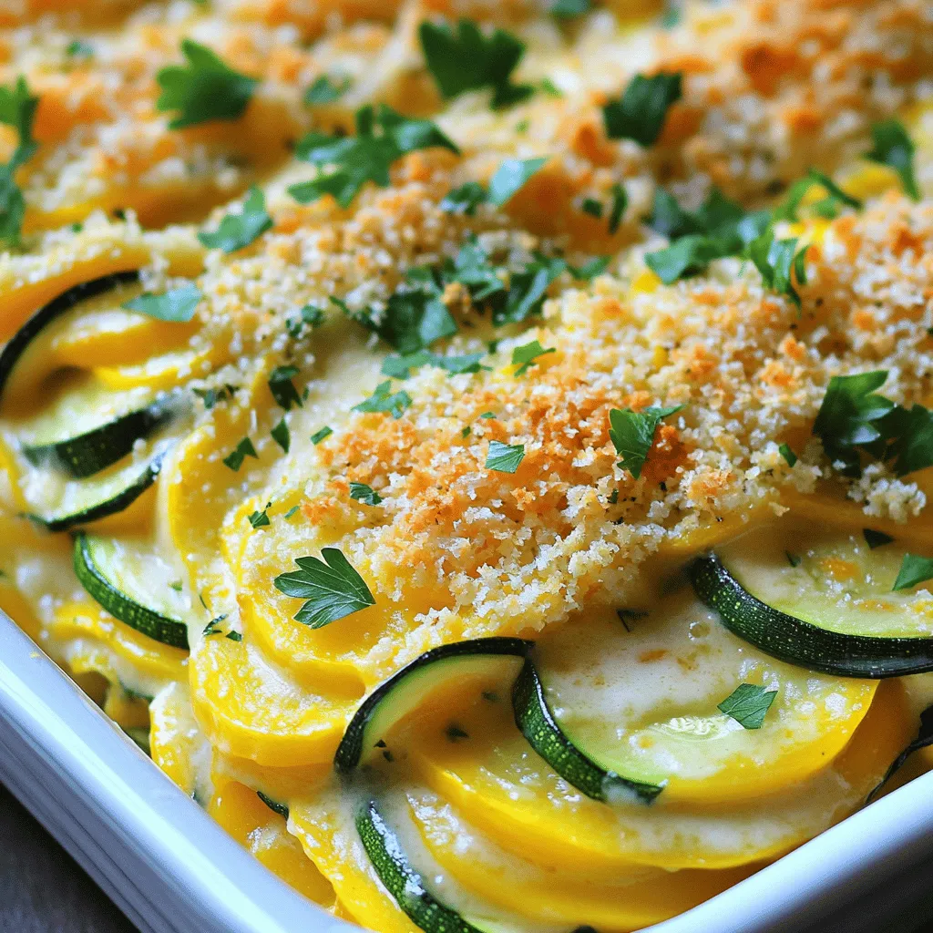 - 2 medium zucchinis, thinly sliced - 2 medium yellow squashes, thinly sliced - 1 cup shredded sharp cheddar cheese - 1 cup shredded mozzarella cheese - 1/2 cup grated Parmesan cheese - 1/2 cup onion, finely chopped - 3 cloves garlic, minced - 1 cup heavy cream - 2 large eggs - 1 teaspoon dried thyme - 1 teaspoon garlic powder - 1 teaspoon salt - 1/2 teaspoon black pepper - 1 cup breadcrumbs - 2 tablespoons olive oil - Fresh parsley for garnish I love how simple these ingredients come together to create a tasty dish. The zucchinis and yellow squashes provide a fresh base. The sharp cheddar and mozzarella bring rich flavor and melt beautifully. The Parmesan cheese adds a nice salty kick. Onions and garlic make everything taste better. Heavy cream helps bind it all together, creating a creamy texture. The eggs act as a great binder too, ensuring every bite holds together well. Dried thyme adds an earthy note, while garlic powder enhances the flavor. Salt and black pepper are essential for balancing the taste. Breadcrumbs give the casserole a crispy top, which contrasts nicely with the soft veggies below. Finally, fresh parsley brightens up the dish with color and flavor. For the full recipe, check the details above. Enjoy making this cheesy delight! - Preheat the oven to 375°F (190°C). - Sauté the onions and garlic until soft. To start, I heat a large skillet over medium heat and add olive oil. Once the oil shimmers, I toss in the finely chopped onion. I sauté it, stirring often, until the onion turns soft and clear. This step takes about five minutes. Then, I add minced garlic to the skillet. I cook it for another minute, letting the garlic fill the air with its wonderful scent. - Combine the zucchini, squash, sautéed mixture, and cheese in a bowl. - Mix in cream, eggs, and seasonings thoroughly. Next, I grab a big mixing bowl. I add the thinly sliced zucchini and yellow squash to the bowl along with the sautéed onion and garlic. Then, I pour in the heavy cream and crack in the eggs. This is where I add salt, black pepper, dried thyme, garlic powder, and half of the cheddar and mozzarella cheeses. I gently mix everything together until it looks well combined. - Grease the casserole dish and pour in the mixture. - Add breadcrumb and cheese topping before baking. Now, I lightly grease a 9x13-inch casserole dish with cooking spray or olive oil. I carefully pour the squash mixture into the dish, spreading it evenly. In a separate bowl, I mix the remaining breadcrumbs with the leftover shredded cheeses. I sprinkle this topping generously over the squash mixture in the dish. - Bake for 30 to 35 minutes until golden brown. - Let cool for 10 minutes before serving. I place the casserole in the preheated oven and bake it for 30 to 35 minutes. I watch for the top to turn golden brown and the edges to bubble. Once it’s done, I take it out and let it cool for about 10 minutes. This cooling time helps it set, making it easier to serve. For more detailed instructions, check the Full Recipe. - Use a mandoline for even slicing of zucchini and squash. This tool helps you get uniform pieces. - Avoid excess moisture by salting the squash before mixing. This step makes the dish less watery. - Experiment with different types of cheeses like Gouda or Monterey Jack. Each cheese adds its own flavor. - Adjust cheese quantities based on personal preference for cheesiness. More cheese means a richer, creamier dish. - Serve with a side salad for a complete meal. The salad adds freshness to your plate. - Pair with crusty bread for a hearty experience. The bread soaks up the cheesy goodness. For the full recipe, check out the details above. {{image_4}} You can make this dish even more vibrant. Add fresh spinach or sautéed mushrooms for extra veggies. Both options offer great taste and nutrition. If you want a vegan version, substitute plant-based cream for the heavy cream. This keeps the dish creamy without dairy. If you enjoy meat, consider incorporating cooked bacon or sausage. These choices add a savory touch to your casserole. Cooked ground turkey is another great option for extra protein. It will blend nicely with the other flavors. Want to spice things up? Add a pinch of red pepper flakes for heat. This small change can make a big difference. You can also try adding herbs like basil or oregano. These herbs give a fresh flavor twist that brightens the dish. For the full recipe, check out the complete instructions. Store leftovers in an airtight container for up to 3 days. This keeps your cheesy zucchini squash casserole fresh. When you want to enjoy it again, just grab it from the fridge. You can freeze the casserole before baking for up to 2 months. Make sure to wrap it well. Thaw it overnight in the refrigerator before baking. This method helps you enjoy a quick meal later. Reheat in the oven for the best texture. This keeps the top crispy and the inside warm. Microwaving is an option, but it may not give the same delightful crunch. Enjoy your tasty dish! For the full recipe, check out the earlier section. Yes, bell peppers and carrots can be good substitutes or additions. They add color and taste. You can mix and match your favorite veggies for more variety. Just remember to slice them thinly, like the zucchini and squash. Substitute regular breadcrumbs with gluten-free breadcrumbs. This simple swap keeps the dish tasty and safe for those avoiding gluten. Look for brands that are certified gluten-free to ensure safety. Yes, prepare it a day ahead and bake it just before serving. Make sure to store it in the fridge. When you’re ready, bake it until hot and bubbly. This makes it perfect for busy days or gatherings. You can use whole milk or Greek yogurt as a lighter alternative. Both options keep the casserole creamy. Greek yogurt adds a nice tang, while whole milk keeps it rich. This recipe is not spicy, but you can add more spice as per your preference. If you like heat, try adding red pepper flakes or a dash of hot sauce. Adjust it to match your taste. Cheddar and mozzarella are great, but using a blend enhances the flavor. Mixing different cheeses gives a richer taste. Feel free to experiment with your favorites for a unique twist. For the full recipe, check out the details above! You now have a tasty and easy casserole recipe. From the fresh zucchini and squash to the cheesy blend, each step adds flavor. You can mix it up with different veggies or meats. Don’t forget the tips for perfect texture and storage options. Enjoy it fresh or save leftovers for another meal. This dish is sure to impress anyone at your table. Cooking doesn’t have to be hard when you have simple recipes like this!