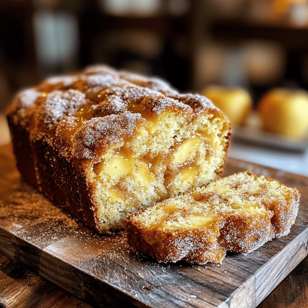 To make this delightful Spiced Apple Cider Donut Loaf, you need some simple ingredients. Here's what you'll need: - 2 cups all-purpose flour - 1 teaspoon baking powder - 1/2 teaspoon baking soda - 1 teaspoon ground cinnamon - 1/2 teaspoon ground nutmeg - 1/4 teaspoon ground ginger - 1/4 teaspoon salt - 1/2 cup unsalted butter, softened to room temperature - 3/4 cup brown sugar, packed firmly - 2 large eggs, at room temperature - 1 cup apple cider (to be reduced to 1/2 cup, see instructions below) - 1 teaspoon vanilla extract - 1/2 cup granulated sugar (for topping) - 1 teaspoon ground cinnamon (for topping) These ingredients create a loaf that is moist and bursting with flavor. To make your loaf even more special, consider these toppings: - A drizzle of icing made from powdered sugar and milk - Chopped nuts like pecans or walnuts for crunch - Shredded coconut for added sweetness - Fresh apple slices for a beautiful garnish These options can enhance both the look and taste of your loaf. If you need to make changes, here are some easy swaps: - Use whole wheat flour instead of all-purpose flour for a healthier option. - Substitute coconut oil or margarine for unsalted butter. - Try maple syrup in place of brown sugar for a different sweetness. - For a dairy-free option, use almond or oat milk instead of butter. These substitutes can help you cater to dietary needs while keeping the loaf tasty. For the full recipe, please refer to the section above. First, preheat your oven to 350°F (175°C). This step is key for even baking. Prepare your 9x5 inch loaf pan by greasing it lightly or lining it with parchment paper. This helps with easy removal later. Next, we reduce the apple cider. Pour 1 cup of apple cider into a small saucepan. Heat it over medium heat. Allow it to simmer gently for about 10-15 minutes. Stir occasionally to prevent sticking. You want it to thicken until you have about 1/2 cup left. Once done, remove it from heat and let it cool slightly. Now, let's mix the dry ingredients. In a medium bowl, whisk together the all-purpose flour, baking powder, baking soda, ground cinnamon, nutmeg, ginger, and salt. Make sure everything is evenly mixed. Set this bowl aside for later. In a larger bowl, cream together the softened butter and brown sugar. Use an electric mixer on medium speed. Beat until the mixture is light and fluffy, which takes about 3 minutes. Then, add the eggs one at a time. Beat well after each addition. Pour in the cooled apple cider and vanilla extract. Mix until just combined. Be careful not to overmix. Now, it's time to combine the wet and dry ingredients. Gradually fold the dry mixture into the wet mixture using a spatula. Stir gently until no flour streaks remain. Don’t worry about lumps; they are okay! Next, pour the batter into your prepared loaf pan. Smooth the top if needed. Place the pan in the oven and bake for 50-60 minutes. To check for doneness, insert a toothpick into the center. If it comes out clean, your loaf is ready! Once baked, let it cool in the pan for 10-15 minutes. Then transfer it to a wire rack to cool completely. Enjoy your Spiced Apple Cider Donut Loaf! For the full recipe, check the earlier section. To bake a great loaf, follow a few key tips: - Use room temperature ingredients. This helps the batter mix well. - Measure your flour correctly. Spoon it into the cup and level it off. - Preheat your oven. This ensures even baking right from the start. - Grease your pan well. Use butter or cooking spray for easy removal. The texture of your loaf is crucial. For the best results: - Don’t overmix the batter. Mix until you see no dry flour. A few lumps are okay. - Use fresh spices. Freshly ground spices give a more intense flavor. - Check your oven temperature. An oven thermometer can help ensure accuracy. Avoid these common mistakes to ensure success: - Skipping the apple cider reduction. This step concentrates the flavor. - Not checking for doneness. Use a toothpick; it should come out clean. - Forgetting to cool before slicing. This helps the loaf set and hold together. These tips will help you bake a delightful Spiced Apple Cider Donut Loaf. For more detailed instructions, check the Full Recipe. {{image_4}} You can spice things up by adding more flavors. Try adding cardamom or allspice for a warm twist. You can also mix in chopped nuts like walnuts or pecans for a crunchy bite. Dried fruits such as raisins or cranberries can add sweetness and texture. Even a bit of citrus zest can brighten the loaf. Experimenting is fun! If you want a healthier version, you can reduce the sugar. Use half the brown sugar and add a ripe banana or applesauce for natural sweetness. For a gluten-free option, swap all-purpose flour with a gluten-free blend. Make sure the baking powder is also gluten-free. Your loaf will still be tasty and soft! Serve your Spiced Apple Cider Donut Loaf warm for the best taste. It pairs nicely with a cup of hot tea or coffee. For a special touch, add a dollop of whipped cream or a scoop of vanilla ice cream. You can also slice and toast it for a crispy edge. Try serving it with a drizzle of caramel sauce for a sweet treat. Check out the Full Recipe for more details! To keep your Spiced Apple Cider Donut Loaf fresh, wrap it tightly in plastic wrap. You can also place it in an airtight container. Store it at room temperature for up to three days. If you want it to last longer, consider refrigerating it. This will keep it good for about a week. If you have extra loaf, freezing is a great option. Slice the loaf first. Wrap each slice in plastic wrap, then place them in a freezer bag. Remove as much air as possible. You can freeze the slices for up to three months. When you’re ready to eat, just thaw them at room temperature. To enjoy your loaf warm, preheat your oven to 350°F (175°C). Place slices on a baking sheet. Heat for about 10 minutes. If you want a soft texture, cover them with foil. You can also microwave slices for about 15-20 seconds. This method is quick but may not keep the loaf as moist. Spiced Apple Cider Donut Loaf can last about 3 to 5 days at room temperature. To keep it fresh, store it in an airtight container. If you want to make it last longer, you can refrigerate it for up to a week. For even more time, freeze it for about 2 to 3 months. Just thaw it in the fridge when you’re ready to enjoy it again. You can use fresh apple juice, but the flavor will change. Apple cider has a deeper taste due to its spices and fermentation. If you use juice, consider adding a bit of cinnamon or nutmeg to boost the flavor. Reducing the juice as you would with cider helps make it thicker and more flavorful, which is key for the loaf. To slice a loaf cake, use a serrated knife. This type of knife cuts through the crust without squishing the soft inside. Start at one end and cut straight down, making even slices. For best results, let the loaf cool completely before slicing. This helps keep each slice neat and tidy. Enjoy the beautiful layers and flavors! In this post, we explored how to make Spiced Apple Cider Donut Loaf. We covered the key ingredients, step-by-step baking instructions, and helpful tips for the best results. You learned about variations, storage, and common questions to ensure success. Remember, baking should be fun, so don’t stress over mistakes. Enjoy the process, and savor each bite of your delicious creation. Happy baking!