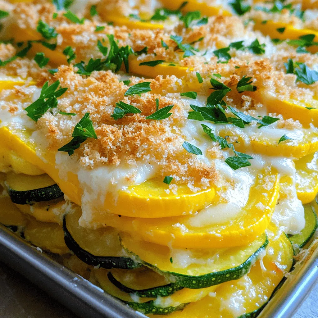 To make a delicious Cheesy Summer Squash and Zucchini Casserole, gather these fresh ingredients: - 2 medium zucchini, sliced into thin rounds - 2 medium yellow squash, sliced into thin rounds - 1 cup shredded cheddar cheese - 1 cup shredded mozzarella cheese - 1/2 cup grated Parmesan cheese - 1 medium onion, finely chopped - 3 cloves garlic, minced - 1 cup heavy cream - 2 large eggs - 1 teaspoon dried thyme - 1 teaspoon dried oregano - Salt and pepper, to taste - 1 cup seasoned breadcrumbs - 2 tablespoons olive oil These ingredients come together to create a rich and creamy dish. Zucchini and yellow squash offer a fresh taste. The cheeses melt beautifully, adding a savory touch. The mixture of herbs gives depth and flavor. When I cook, I always choose fresh veggies. They make a big difference in taste. This dish is perfect for summer gatherings. It uses seasonal produce, making it both tasty and sustainable. For those who want to explore different flavors, try adding other vegetables. Bell peppers or mushrooms can enhance the dish. You can find the full recipe to guide you step-by-step in creating this delight. Begin by preheating your oven to 350°F (175°C). This step is key for even cooking. Next, lightly coat a 9x13 inch baking dish with olive oil. This helps prevent sticking and adds a nice flavor. Heat 2 tablespoons of olive oil in a skillet over medium heat. Once the oil is hot, add the chopped onion. Sauté until it turns translucent, about 5 minutes. Then, add the minced garlic and cook for one more minute. This will fill your kitchen with a yummy aroma, setting the stage for the dish. In a mixing bowl, whisk together 1 cup of heavy cream, 2 large eggs, 1 teaspoon of dried thyme, 1 teaspoon of dried oregano, salt, and pepper. Mix until smooth. This creamy base adds richness to your casserole. Start layering your casserole. Place half of the sliced zucchini and yellow squash at the bottom of the baking dish. Sprinkle half of the sautéed onion and garlic mixture on top. Next, pour half of the cream mixture over the veggies. Then, sprinkle half of the shredded cheddar and mozzarella cheeses over everything. Repeat these layers with the remaining ingredients for a full, rich casserole. To finish, top your casserole with seasoned breadcrumbs and 1/2 cup of grated Parmesan cheese. This gives a nice crunch and golden color when baked. Place the casserole in your preheated oven and bake for 40-45 minutes. It’s ready when the top is golden brown and the edges are bubbly. Wait about 10 minutes before slicing. Enjoy the warm, cheesy goodness! For the full recipe, check out the earlier section. - Use fresh vegetables for the best flavor and texture. Fresh squash and zucchini give a vibrant taste. - Allow the casserole to rest before slicing for cleaner pieces. This helps the layers set up nicely. - Serve warm with a sprinkle of fresh parsley. It adds a pop of color and taste. - Pair with a side salad or fresh tomato slices for a balanced meal. This keeps your plate bright and fresh. - Don't skip greasing the dish to prevent sticking. This step saves you from a messy clean-up. - Ensure the vegetables are evenly layered for consistent cooking. This helps all parts cook at the same rate. For the full recipe, check out the detailed instructions. Enjoy creating your delicious Cheesy Summer Squash and Zucchini Casserole! {{image_4}} You can easily make this dish vegetarian. Just swap the heavy cream for a creamy vegetarian alternative, like cashew cream or coconut cream. This change keeps the dish rich while making it plant-based. You can also add other seasonal vegetables. Bell peppers or mushrooms work great. They add color and flavor, making your casserole even more fun to eat. If you want a heartier dish, add protein. Cooked chicken or turkey blends well with the squash. It makes the meal filling and satisfying. For a tasty twist, try crumbled sausage or bacon. These meats infuse the casserole with savory flavor. They also bring a nice crunch when baked. Don’t feel stuck with just cheddar or mozzarella. You can experiment with cheese types. Goat cheese adds a tangy kick, while vegan cheese can keep it dairy-free. Mixing different cheeses can create a unique taste. Try adding some spicy pepper jack for an extra zing. For the full recipe, check out the Cheesy Summer Squash and Zucchini Casserole. Store your Cheesy Summer Squash and Zucchini Casserole in an airtight container. It will stay fresh in the fridge for up to 3-4 days. If you have leftovers, make sure to let them cool completely before sealing them up. This helps keep the flavors intact. Want to save some for later? You can freeze the cooled casserole for up to 2 months. Wrap it tightly in plastic wrap or foil before placing it in a freezer-safe container. When ready to enjoy, simply thaw it in the fridge overnight. For the best texture, reheat your casserole in the oven. Set it to 350°F (175°C) and heat until warm. If you need a quicker option, the microwave works fine too. Just keep an eye on it to avoid overcooking. Enjoy your meal again just like the first time! Yes, you can prepare the casserole and store it uncooked in the fridge overnight. This saves time when you're ready to bake it. Just remember to cover the dish well with plastic wrap or aluminum foil. When you are ready to cook, take it out and let it sit for about 30 minutes before baking. This helps it bake evenly. Consider using half-and-half or a dairy-free alternative like cashew cream. Half-and-half offers a similar creaminess but with less fat. Cashew cream is a great choice for those who avoid dairy. Just blend soaked cashews with water until smooth. It gives a nice texture while keeping the dish creamy. Yes, just use gluten-free breadcrumbs to make this casserole gluten-free. Many brands offer tasty options that work well in this recipe. Always check the label to ensure they meet your needs. This way, everyone can enjoy the dish without worry. To add some heat, include red pepper flakes or diced jalapeños to the vegetable mixture. Start with a small amount and adjust to your taste. This gives the casserole a fun kick and makes it more exciting. Enjoy exploring different levels of spice! This casserole combines fresh vegetables, creamy layers, and melted cheese for a delicious meal. You learned how to layer ingredients, bake it right, and avoid common mistakes. With tips for storage and optional variations, this dish is versatile and easy to customize. Try this recipe for a warming meal any time. Enjoy making it your own!