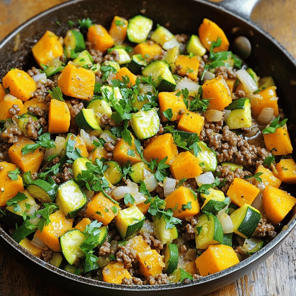 - Ground beef: Use 1 pound of lean ground beef for a healthier option. Lean beef has less fat and works well in this dish. - Zucchini: You need 2 medium zucchinis. Dice them into bite-sized pieces for even cooking. - Sweet potato: One large sweet potato works best. Peel it and cut into 1-inch cubes. This size helps it cook evenly. - Onion: A small onion, finely chopped, adds savory depth to the skillet. - Garlic: Use 3 cloves of minced garlic. Garlic gives a strong flavor that pairs well with beef. - Olive oil: One tablespoon of olive oil is enough to sauté the onion and garlic. - Spices: - 1 teaspoon smoked paprika for a warm, smoky flavor. - 1 teaspoon dried oregano for a hint of earthiness. - 1/2 teaspoon ground cumin adds a warm, nutty taste. - Salt and pepper: Season to taste for the best flavor. - Broth: 1/4 cup of beef broth helps cook the sweet potatoes and adds moisture. - Garnishes: Fresh parsley chopped on top adds color and freshness. - Extra vegetables: You can add bell peppers or spinach for more nutrition and flavor. - Proteins: For a twist, try swapping ground beef for turkey or chicken. 1. Heating the Oil: Start by pouring one tablespoon of olive oil into a large skillet. Heat it over medium heat until it shimmers. This step helps create a tasty base for your dish. 2. Sautéing the Onion: Once the oil is hot, add one small onion, finely chopped. Sauté it for about 3 to 4 minutes until it becomes soft and translucent. This will bring a nice sweetness to the dish. 3. Garlic Incorporation: Next, add three cloves of minced garlic to the skillet. Cook for one more minute. Stir often so the garlic does not burn. The garlic will bring a wonderful aroma and flavor. 1. Browning the Ground Beef: Now, it’s time to add one pound of ground beef to the skillet. Use a spatula to break it into smaller pieces. Cook it for about 5 to 7 minutes, until the beef turns brown. If there’s any extra fat, drain it carefully. 2. Cooking Sweet Potatoes: Sprinkle in the smoked paprika, dried oregano, ground cumin, salt, and pepper over the beef. Mix to combine the spices. Then, add one large sweet potato, peeled and cut into 1-inch cubes. Pour in 1/4 cup of beef broth. Cover the skillet with a lid. 3. Adding Zucchini: Let the sweet potatoes cook for 10 to 12 minutes. Stir occasionally until they’re tender. Once they are soft, fold in two medium zucchinis, diced into bite-sized pieces. Cover the skillet again and cook for an additional 5 to 7 minutes until the zucchini is tender but still bright green. 1. Adjusting Seasonings: After cooking, taste the mixture. Adjust the seasoning with salt and pepper if needed. This step ensures that every bite is flavorful. 2. Presentation Tips: To serve, you can ladle the skillet meal into individual bowls or serve it directly from the pan. For an extra touch, garnish with freshly chopped parsley. Drizzle a bit of olive oil over the top for added flavor before serving. This process creates a delicious and colorful dish that's sure to impress. For the full recipe, check the details above. How to properly brown ground beef: To brown ground beef well, start with a hot skillet. Add the beef in one layer, and do not stir right away. Let it sear for a few minutes. This helps create a nice crust. Use a spatula to break it apart after it turns brown. This method adds great flavor to your dish. Ensuring sweet potatoes are cooked perfectly: Cut sweet potatoes into even 1-inch cubes. This helps them cook at the same rate. Add them to the skillet first and cover with broth. Covering keeps moisture in and helps them cook through without burning. Stir occasionally to check for tenderness. They should be soft but not mushy. Spices that pair well with the dish: To boost flavor, use smoked paprika and ground cumin. These spices add warmth and depth. Dried oregano also works well and gives a nice herbal note. Feel free to experiment with other spices like thyme or rosemary for a twist. Adding a kick with hot sauce or chili powder: For those who enjoy heat, add hot sauce or chili powder. Start with a small amount and adjust to taste. This adds a nice kick and balances the sweetness of the sweet potatoes. You can also use red pepper flakes for a different flavor profile. For the complete cooking flow, refer to the [Full Recipe]. {{image_4}} You can easily change this recipe to fit your taste. If you want to swap proteins, try turkey or chicken instead of ground beef. For a plant-based option, use lentils or chickpeas. Each protein has its own flavor and texture, adding variety to the dish. You can also mix in different vegetables. Bell peppers add a sweet crunch. Spinach gives a nice green color and extra nutrients. Feel free to get creative! Just remember to cut the vegetables into similar sizes for even cooking. If you need a gluten-free option, this recipe is already a winner. Just check your broth for gluten-free labeling. For a dairy-free version, skip any cheese toppings. You can still enjoy the dish without losing flavor. For those on low-carb or keto diets, swap sweet potatoes for cauliflower. Cauliflower has fewer carbs and works great in this dish. You can also reduce the amount of oil used, if desired. These small changes help fit your diet while keeping the meal tasty. You can find the full recipe above to get started with these variations! To keep your Ground Beef Zucchini Sweet Potato Skillet fresh, store it in an airtight container. Make sure it cools down before sealing it. This dish stays fresh in the fridge for up to four days. If you want to eat it later, proper storage helps maintain its flavor and texture. When reheating, you want to keep it tender. The best method is to use a skillet. Heat it over medium-low heat, stirring often. This way, you prevent the dish from drying out. You can also use the microwave for quick reheating, but cover it to maintain moisture. For long-term storage, freezing works well. Place the cooled skillet in a freezer-safe container. It lasts for up to three months in the freezer. When ready to eat, let it thaw in the fridge overnight. Then, reheat using the skillet method to restore its taste and texture. Enjoy your meal anytime! How do I know when the beef is fully cooked? You can tell the beef is done when it turns a rich brown color. Use a meat thermometer; aim for 160°F (71°C) to ensure safety. The beef should crumble easily with your spatula. If it looks pink or mushy, give it more time. Cooking ground beef until it is fully browned adds flavor and texture. Can I use frozen vegetables instead of fresh? Yes, you can use frozen vegetables. They are often pre-washed and chopped, making them a quick option. Just add them to the skillet a bit earlier. Frozen veggies can release water, so cook a little longer to avoid a watery dish. Fresh veggies taste great, but frozen is a good alternative. Overview of calories and macros per serving Each serving of the Ground Beef Zucchini Sweet Potato Skillet has about 400 calories. You get around 25 grams of protein, 20 grams of carbs, and 25 grams of fat. This dish packs nutrients and energy without weighing you down. It's a balanced meal that keeps you full. Health benefits of the key ingredients - Ground Beef: Offers high-quality protein and iron, which help build muscle. - Zucchini: Low in calories and rich in vitamins A and C, good for skin health. - Sweet Potato: Packed with fiber and beta-carotene, which supports vision and gut health. - Onion and Garlic: Both have anti-inflammatory properties and boost the immune system. Ideal side dishes to complement the skillet meal Pair the skillet dish with a side salad for freshness. A simple green salad with vinaigrette works well. For a heartier option, serve it with crusty bread or rice. Both add texture and soak up the flavors. Drink pairings that enhance the flavor A light red wine, like Pinot Noir, complements the beef well. If you prefer non-alcoholic drinks, try sparkling water with a splash of lemon. Both options balance the dish's richness while refreshing your palate. This blog post covered a simple skillet meal from start to finish. You learned about key ingredients like ground beef, zucchini, and sweet potatoes. I shared helpful tips for cooking and seasoning, as well as variations to fit your diet. Don't forget the importance of proper storage for leftovers and reheating. I hope you feel ready to make a tasty meal that fits your needs. Enjoy cooking and experimenting with flavors to make this dish your own!
