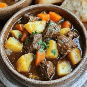 - 2 lbs beef chuck roast, cut into 1-inch cubes - 4 medium carrots, sliced into rounds - 3 medium potatoes, peeled and diced - 1 large onion, finely chopped - 3 cloves garlic, minced - 4 cups low-sodium beef broth - 2 tablespoons tomato paste - 2 teaspoons dried thyme - 1 teaspoon dried rosemary - 1 teaspoon smoked paprika - Salt and black pepper to taste - 2 tablespoons extra virgin olive oil - 1 bay leaf - 2 tablespoons cornstarch (optional, for thickening) - 2 tablespoons cold water (optional, for thickening) You can swap beef chuck with other cuts like brisket or round. If you want a lighter stew, use chicken instead. For the vegetables, you can use parsnips or sweet potatoes instead of regular potatoes. If you have no fresh garlic, garlic powder works too. Instead of beef broth, try vegetable broth or water with bouillon cubes. For herbs, fresh thyme or rosemary can replace dried options. - Serving Size: 1 cup - Calories: 360 - Protein: 30g - Total Fat: 15g - Saturated Fat: 5g - Carbohydrates: 30g - Fiber: 5g - Sugar: 3g - Sodium: 500mg This stew is hearty and packed with nutrients. Each serving gives you protein from the beef, fiber from the vegetables, and essential vitamins. Enjoy this warm meal that not only fills you up but also nourishes your body! Start by gathering all your ingredients. You will need: - 2 lbs beef chuck roast, cut into 1-inch cubes - 4 medium carrots, sliced into rounds - 3 medium potatoes, peeled and diced - 1 large onion, finely chopped - 3 cloves garlic, minced - 4 cups low-sodium beef broth - 2 tablespoons tomato paste - 2 teaspoons dried thyme - 1 teaspoon dried rosemary - 1 teaspoon smoked paprika - Salt and black pepper to taste - 2 tablespoons extra virgin olive oil - 1 bay leaf - 2 tablespoons cornstarch (optional, for thickening) - 2 tablespoons cold water (optional, for thickening) Make sure to wash and chop your veggies neatly. This keeps the stew looking great. Once your ingredients are ready, it is time to cook. First, heat the olive oil in a large skillet over medium-high heat. Add the beef cubes carefully. Sear them on all sides until they turn a deep brown. This takes about 5 to 7 minutes. Next, transfer the seared beef into your slow cooker. Layer the sliced carrots, diced potatoes, and chopped onions on top. Now, let’s create the flavorful sauce. In a bowl, whisk the beef broth, tomato paste, minced garlic, dried thyme, dried rosemary, smoked paprika, and a pinch of salt and black pepper. Stir until smooth. Pour this sauce over the beef and veggies in the slow cooker. Add the bay leaf, then gently stir to coat everything well. Cover your slow cooker and set it to cook on low for 8 hours or high for 4 hours. For rich flavor, searing the beef is crucial. This step adds depth. The browned bits from the pan also give great taste when mixed into the stew. If you want a thicker stew, mix cornstarch with cold water in a small bowl. Stir this slurry into the stew during the last 30 minutes of cooking. This will help it thicken nicely. When the cooking time is up, remove the bay leaf. Taste your stew and adjust seasoning if needed. Serve it hot, and enjoy the comfort of this hearty dish! Searing the beef is a key step. It locks in juices and adds flavor. Heat olive oil in a skillet over medium-high heat. Add your beef cubes in batches. Sear for 5-7 minutes until brown. Don’t crowd the pan; this helps form a nice crust. This deep brown color gives your stew a rich taste. Slow cookers have two main settings: low and high. Cooking on low takes about 8 hours. This method makes the beef very tender. High settings cook in about 4 hours. Use high if you’re short on time. Always check if the beef is fork-tender before serving. Taste is very personal. Start with the basic seasonings in the recipe. After cooking, taste the stew. If you want more flavor, add salt, pepper, or herbs. Fresh herbs can really brighten the dish. You can also add a splash of vinegar or lemon juice for acidity. This balances the flavors nicely. {{image_4}} For a low-carb version, swap potatoes for radishes or cauliflower. These options keep the stew hearty without the extra carbs. Radishes soften nicely, so they mimic potato textures well. Cauliflower adds a creamy feel when cooked down. You can also add mushrooms for extra flavor and texture. They soak up the rich broth, making every bite satisfying. You can change the veggies based on the season. In the fall, use butternut squash or parsnips. These add sweetness and color. In the spring, try peas or asparagus for a fresh twist. Summer brings zucchini and bell peppers, which cook quickly and add spice. You can even mix in leafy greens like kale for added nutrition. Spices can change the whole feel of your stew. For a warm, cozy flavor, add a bit of cumin and coriander. If you want a kick, try chili powder or cayenne pepper. You can also use fresh herbs like parsley or cilantro for a bright taste. Experimenting with these blends can make the stew feel new each time you cook it. Store your leftover beef stew in an airtight container. Make sure it cools down first. Place it in the fridge if you plan to eat it in the next few days. It stays fresh for about 3 to 4 days. Label your container with the date to keep track. To reheat, you can use the stove or microwave. For the stove, pour the stew into a pot. Heat it over low to medium heat. Stir often until it’s hot. In the microwave, place the stew in a safe bowl. Cover it loosely and heat for 2 to 3 minutes. Stir halfway through for even warmth. If you want to keep the stew longer, freezing works well. Pour the cooled stew into freezer bags or containers. Leave some space at the top for expansion. It can stay good for up to 3 months in the freezer. When you are ready to eat, thaw it overnight in the fridge before reheating. Slow cooker beef stew lasts about 3 to 4 days in the fridge. Store it in an airtight container. Make sure it cools down before you put it in the fridge. This helps keep it fresh and safe to eat. Yes, you can use frozen beef. Just make sure to thaw it first. Searing frozen beef is not a good idea. It won't brown well, which can affect the stew's flavor. Thaw the beef overnight in the fridge for best results. You can use chicken broth or vegetable broth instead of beef broth. Both will add nice flavor to the stew. You can also use water, but it won't be as rich. If you use water, try adding more herbs and spices to boost the taste. To spice up your stew, add more smoked paprika or some cayenne pepper. You can also toss in chopped jalapeños for a kick. Start with small amounts, then taste as you go. This way, you can find the perfect level of heat for your stew. This article covered the key elements of making a great slow cooker beef stew. We discussed ingredients, cooking steps, and flavor tips to elevate your dish. You can personalize it with variations and know how to store leftovers safely. Remember, cooking is fun, and with practice, you will get better. Enjoy making this hearty stew that warms your home and heart. Your kitchen adventures await!