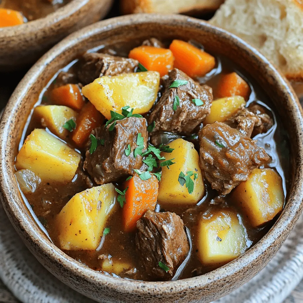 - 2 lbs beef chuck roast, cut into 1-inch cubes - 4 medium carrots, sliced into rounds - 3 medium potatoes, peeled and diced - 1 large onion, finely chopped - 3 cloves garlic, minced - 4 cups low-sodium beef broth - 2 tablespoons tomato paste - 2 teaspoons dried thyme - 1 teaspoon dried rosemary - 1 teaspoon smoked paprika - Salt and black pepper to taste - 2 tablespoons extra virgin olive oil - 1 bay leaf - 2 tablespoons cornstarch (optional, for thickening) - 2 tablespoons cold water (optional, for thickening) You can swap beef chuck with other cuts like brisket or round. If you want a lighter stew, use chicken instead. For the vegetables, you can use parsnips or sweet potatoes instead of regular potatoes. If you have no fresh garlic, garlic powder works too. Instead of beef broth, try vegetable broth or water with bouillon cubes. For herbs, fresh thyme or rosemary can replace dried options. - Serving Size: 1 cup - Calories: 360 - Protein: 30g - Total Fat: 15g - Saturated Fat: 5g - Carbohydrates: 30g - Fiber: 5g - Sugar: 3g - Sodium: 500mg This stew is hearty and packed with nutrients. Each serving gives you protein from the beef, fiber from the vegetables, and essential vitamins. Enjoy this warm meal that not only fills you up but also nourishes your body! Start by gathering all your ingredients. You will need: - 2 lbs beef chuck roast, cut into 1-inch cubes - 4 medium carrots, sliced into rounds - 3 medium potatoes, peeled and diced - 1 large onion, finely chopped - 3 cloves garlic, minced - 4 cups low-sodium beef broth - 2 tablespoons tomato paste - 2 teaspoons dried thyme - 1 teaspoon dried rosemary - 1 teaspoon smoked paprika - Salt and black pepper to taste - 2 tablespoons extra virgin olive oil - 1 bay leaf - 2 tablespoons cornstarch (optional, for thickening) - 2 tablespoons cold water (optional, for thickening) Make sure to wash and chop your veggies neatly. This keeps the stew looking great. Once your ingredients are ready, it is time to cook. First, heat the olive oil in a large skillet over medium-high heat. Add the beef cubes carefully. Sear them on all sides until they turn a deep brown. This takes about 5 to 7 minutes. Next, transfer the seared beef into your slow cooker. Layer the sliced carrots, diced potatoes, and chopped onions on top. Now, let’s create the flavorful sauce. In a bowl, whisk the beef broth, tomato paste, minced garlic, dried thyme, dried rosemary, smoked paprika, and a pinch of salt and black pepper. Stir until smooth. Pour this sauce over the beef and veggies in the slow cooker. Add the bay leaf, then gently stir to coat everything well. Cover your slow cooker and set it to cook on low for 8 hours or high for 4 hours. For rich flavor, searing the beef is crucial. This step adds depth. The browned bits from the pan also give great taste when mixed into the stew. If you want a thicker stew, mix cornstarch with cold water in a small bowl. Stir this slurry into the stew during the last 30 minutes of cooking. This will help it thicken nicely. When the cooking time is up, remove the bay leaf. Taste your stew and adjust seasoning if needed. Serve it hot, and enjoy the comfort of this hearty dish! Searing the beef is a key step. It locks in juices and adds flavor. Heat olive oil in a skillet over medium-high heat. Add your beef cubes in batches. Sear for 5-7 minutes until brown. Don’t crowd the pan; this helps form a nice crust. This deep brown color gives your stew a rich taste. Slow cookers have two main settings: low and high. Cooking on low takes about 8 hours. This method makes the beef very tender. High settings cook in about 4 hours. Use high if you’re short on time. Always check if the beef is fork-tender before serving. Taste is very personal. Start with the basic seasonings in the recipe. After cooking, taste the stew. If you want more flavor, add salt, pepper, or herbs. Fresh herbs can really brighten the dish. You can also add a splash of vinegar or lemon juice for acidity. This balances the flavors nicely. {{image_4}} For a low-carb version, swap potatoes for radishes or cauliflower. These options keep the stew hearty without the extra carbs. Radishes soften nicely, so they mimic potato textures well. Cauliflower adds a creamy feel when cooked down. You can also add mushrooms for extra flavor and texture. They soak up the rich broth, making every bite satisfying. You can change the veggies based on the season. In the fall, use butternut squash or parsnips. These add sweetness and color. In the spring, try peas or asparagus for a fresh twist. Summer brings zucchini and bell peppers, which cook quickly and add spice. You can even mix in leafy greens like kale for added nutrition. Spices can change the whole feel of your stew. For a warm, cozy flavor, add a bit of cumin and coriander. If you want a kick, try chili powder or cayenne pepper. You can also use fresh herbs like parsley or cilantro for a bright taste. Experimenting with these blends can make the stew feel new each time you cook it. Store your leftover beef stew in an airtight container. Make sure it cools down first. Place it in the fridge if you plan to eat it in the next few days. It stays fresh for about 3 to 4 days. Label your container with the date to keep track. To reheat, you can use the stove or microwave. For the stove, pour the stew into a pot. Heat it over low to medium heat. Stir often until it’s hot. In the microwave, place the stew in a safe bowl. Cover it loosely and heat for 2 to 3 minutes. Stir halfway through for even warmth. If you want to keep the stew longer, freezing works well. Pour the cooled stew into freezer bags or containers. Leave some space at the top for expansion. It can stay good for up to 3 months in the freezer. When you are ready to eat, thaw it overnight in the fridge before reheating. Slow cooker beef stew lasts about 3 to 4 days in the fridge. Store it in an airtight container. Make sure it cools down before you put it in the fridge. This helps keep it fresh and safe to eat. Yes, you can use frozen beef. Just make sure to thaw it first. Searing frozen beef is not a good idea. It won't brown well, which can affect the stew's flavor. Thaw the beef overnight in the fridge for best results. You can use chicken broth or vegetable broth instead of beef broth. Both will add nice flavor to the stew. You can also use water, but it won't be as rich. If you use water, try adding more herbs and spices to boost the taste. To spice up your stew, add more smoked paprika or some cayenne pepper. You can also toss in chopped jalapeños for a kick. Start with small amounts, then taste as you go. This way, you can find the perfect level of heat for your stew. This article covered the key elements of making a great slow cooker beef stew. We discussed ingredients, cooking steps, and flavor tips to elevate your dish. You can personalize it with variations and know how to store leftovers safely. Remember, cooking is fun, and with practice, you will get better. Enjoy making this hearty stew that warms your home and heart. Your kitchen adventures await!