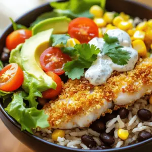 For the perfect crispy fish taco bowls, gather these key ingredients: - 4 white fish fillets (such as cod or tilapia) - 1 cup panko breadcrumbs - 1/2 cup all-purpose flour - 2 large eggs, beaten - 1 teaspoon garlic powder - 1 teaspoon smoked paprika - 1/2 teaspoon ground cumin - Salt and freshly ground black pepper to taste - 2 cups cooked brown rice (or quinoa) - 1 cup black beans, rinsed and drained - 1 cup corn (fresh, frozen, or canned) - 1 ripe avocado, sliced - 1 cup cherry tomatoes, halved - 1/2 cup shredded lettuce - Fresh cilantro leaves, for garnishing - Lime wedges, for serving - Spicy yogurt sauce (1/2 cup plain yogurt mixed with 1 tablespoon lime juice and 1 teaspoon hot sauce) When choosing fish for your taco bowls, I suggest using white fish. Cod and tilapia are great choices. They cook well and have a mild taste. Other options include haddock or flounder. These fish will soak up the flavors from the spices and toppings nicely. The seasonings make your fish tasty. I use garlic powder, smoked paprika, and ground cumin. These spices give a deep flavor and a hint of smokiness. For toppings, you can’t go wrong with fresh ingredients. I love adding sliced avocado, halved cherry tomatoes, and shredded lettuce. They brighten the dish and add crunch. Fresh cilantro ties everything together, while lime wedges add a zesty kick. Don't forget the spicy yogurt sauce! It adds creaminess and heat. To start, gather your ingredients. You need four white fish fillets, like cod or tilapia. I love these fish for their mild taste. Next, prepare three shallow dishes. In the first dish, mix together flour, garlic powder, smoked paprika, ground cumin, salt, and pepper. This will be your seasoned flour. In the second dish, pour in the beaten eggs. Finally, in the third dish, place panko breadcrumbs. These will give your fish that desired crunch. Take each fish fillet. First, coat it in the seasoned flour. Then, dip it in the egg mixture. Lastly, press it into the panko breadcrumbs. This three-step process ensures a nice, even coating on the fish. Preheat your oven to 400°F (200°C). This step is key for crispiness. Line a baking sheet with parchment paper to help prevent sticking. Place the breaded fish fillets on the prepared sheet. Bake them for 12 to 15 minutes. Flip the fillets halfway through baking. This helps them cook evenly. You want the fish to be golden brown and crispy. While the fish bakes, prepare your taco bowls. Start by dividing cooked brown rice or quinoa among four bowls. Next, add black beans and corn. Then, layer in avocado slices, halved cherry tomatoes, and shredded lettuce. This colorful mix makes the bowls look great. Once the fish is ready, cut each fillet into bite-sized pieces. Place these pieces on top of the layered ingredients in each bowl. Don’t forget to drizzle the spicy yogurt sauce over the fish. Finish with fresh cilantro for a pop of flavor. Serve lime wedges on the side. Squeezing lime juice adds extra zest to your dish. Enjoy your crispy fish taco bowls! To get that perfect crispy fish, follow some simple steps. First, use panko breadcrumbs. They give a light and crunchy texture. You can also double-coat the fish. Start with flour, then eggs, and finally panko. This method locks in moisture and adds crunch. Make sure your oven is preheated to 400°F (200°C). This high heat helps the fish crisp up fast. Don't overcrowd the baking sheet. Give each piece space to breathe. Flip the fish halfway through for even cooking. When you build your taco bowl, start with a base. Use cooked brown rice or quinoa. This adds texture and makes it filling. Next, layer the black beans and corn evenly. They add color and flavor. Add the avocado slices and cherry tomatoes next. These fresh ingredients brighten up the dish. Finally, top with shredded lettuce. This adds a nice crunch. Make sure to display the colors well. A bright bowl looks more appetizing. To serve, cut the crispy fish into bite-sized pieces. Distribute them evenly over each bowl. Drizzle the spicy yogurt sauce on top. This adds a tangy kick. Finish with a sprinkle of fresh cilantro. It adds a lovely green touch. Serve lime wedges on the side. This allows everyone to squeeze fresh juice over their bowls. A burst of citrus enhances the flavors. For a fun twist, you can use colorful bowls to make the meal inviting. {{image_4}} If you want to switch up your fish, try using salmon or haddock. Both add a rich flavor. You can also use shrimp or scallops for a different twist. These seafood options cook quickly and still taste great. Just remember to adjust the cooking time as needed. For a vegetarian or vegan version, replace the fish with roasted vegetables or tofu. You can use sweet potatoes, bell peppers, or zucchini. Season them with spices like cumin and paprika for flavor. You can also add chickpeas or lentils for protein. They will create a tasty and filling meal. While the spicy yogurt sauce is delicious, feel free to get creative with sauces. A zesty avocado dressing works well. Simply blend ripe avocado with lime juice, garlic, and a bit of water. You can also try a mango salsa for a fruity kick. This adds freshness and pairs nicely with the crispy fish. After enjoying your crispy fish taco bowls, store any leftovers in an airtight container. This will keep the flavors fresh. Place the fish and other ingredients in separate containers. This way, the fish stays crispy, and the rice does not get soggy. Use the leftovers within three days for the best taste. To reheat, preheat your oven to 350°F (175°C). Place the fish on a baking sheet. Heat for about 10 minutes, or until warm and crispy again. You can also microwave the rice and beans separately. This method is quick but may not keep the fish crispy. If you prefer, reheat everything in a skillet over medium heat. This adds a nice touch! If you want to save some bowls for later, freezing is a great option. First, let the fish cool completely. Wrap each piece tightly in plastic wrap, then place them in a freezer bag. You can freeze the rice and beans together in another bag. Use within three months for the best quality. When ready to eat, thaw overnight in the fridge and reheat as mentioned above. The best fish for tacos is white fish. I often use cod or tilapia. They have a mild flavor and cook well. You can also try mahi-mahi or halibut for a richer taste. The key is to choose fish that will stay flaky and tender when cooked. Yes, you can make the taco bowls in advance. Prepare the rice, beans, and toppings ahead of time. Store them in separate containers. When you’re ready to serve, just bake the fish and assemble the bowls quickly. This saves time on busy nights and keeps everything fresh. To get crispy fish, coat each fillet well. Start with seasoned flour, then dip in eggs, and finish with panko breadcrumbs. Bake at 400°F for 12-15 minutes. Flip them halfway for even cooking. This method ensures a crunchy outside and a soft inside. Enjoy every bite! Crispy fish taco bowls are simple and fun to make. We covered key ingredients like fish, seasonings, and toppings. Next, I shared how to prepare and bake the fish for that perfect crunch. You learned tips for layering and serving for the best presentation. We also explored tasty variations for fish, vegetarian options, and sauces. Lastly, I provided storage and reheating tips for leftovers. Enjoy making these bowls, and remember, the best meals come from your kitchen!