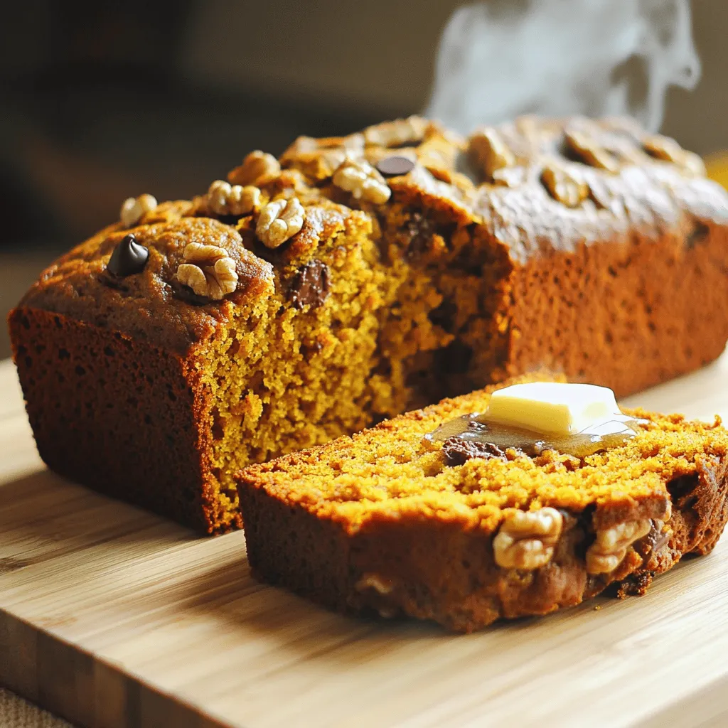 To make super moist pumpkin bread, you will need: - 1 ½ cups all-purpose flour - 1 teaspoon baking soda - ½ teaspoon baking powder - ½ teaspoon salt - 1 teaspoon ground cinnamon - ½ teaspoon ground nutmeg - ¼ teaspoon ground ginger - ⅓ cup vegetable oil - ½ cup unsweetened applesauce - 1 cup granulated sugar - ½ cup packed light brown sugar - 2 large eggs - 1 cup canned pumpkin puree - 1 teaspoon vanilla extract - ½ cup chopped walnuts or pecans (optional) - ½ cup chocolate chips (optional) You can easily swap some ingredients if you need to. Here are a few ideas: - Use whole wheat flour instead of all-purpose flour for a healthier option. - Replace vegetable oil with melted coconut oil for a tropical twist. - If you don’t have applesauce, try using mashed bananas or yogurt. - You can use honey or maple syrup in place of granulated sugar. Feel free to customize your pumpkin bread. Here are some fun add-ins: - Add ½ cup of dried cranberries for a fruity bite. - Mix in ½ cup of shredded coconut for extra texture. - Include ½ cup of chopped dark chocolate for a rich flavor. - A handful of raisins can add sweetness and chewiness. With these ingredients and substitutions, you can make a pumpkin bread that fits your taste perfectly! Start by preheating your oven to 350°F (175°C). This step is key for a good bake. Next, grab a 9x5-inch loaf pan. Grease it with butter or cooking spray. You can also use parchment paper to make removal easier later. In a large bowl, whisk together the dry ingredients. Use 1 ½ cups of all-purpose flour, 1 teaspoon of baking soda, ½ teaspoon of baking powder, and ½ teaspoon of salt. Add in 1 teaspoon of ground cinnamon, ½ teaspoon of ground nutmeg, and ¼ teaspoon of ground ginger. This mix makes sure your spices and leavening agents blend well. In another bowl, combine your wet ingredients. Mix ⅓ cup of vegetable oil with ½ cup of unsweetened applesauce. Add 1 cup of granulated sugar and ½ cup of packed light brown sugar. Stir until it looks smooth and mixed well. Now, add the eggs to the wet mix, one at a time. Make sure to mix in each egg fully before adding the next. After that, stir in 1 cup of canned pumpkin puree and 1 teaspoon of vanilla extract. This will give your bread a creamy texture. Next, gently fold the dry mix into the wet mix. Only mix until it is combined. Overmixing can make the bread tough. If you want to add nuts or chocolate chips, do it now. Fold them in gently for an even mix. Pour the batter into your prepared loaf pan. Smooth the top with a spatula for an even bake. Place it in the oven and bake for 55 to 65 minutes. To check if it’s done, insert a toothpick into the center. It should come out clean or with a few moist crumbs. Once baked, let it cool in the pan for about 10 minutes. Then, transfer it to a wire rack to cool completely. To get your pumpkin bread super moist, use a mix of wet ingredients. The combination of vegetable oil and unsweetened applesauce makes a big difference. These ingredients add moisture while keeping the bread light. Always use pure pumpkin puree, not pumpkin pie filling. Pure pumpkin has the right texture and flavor. Many people overmix the batter. This can make the bread tough instead of soft. Mix your wet and dry ingredients just until combined. Another mistake is not checking the oven temperature. An oven that's too hot can dry out the bread. Make sure to test for doneness with a toothpick. Once your bread is cool, slice it into thick pieces. Serve it warm with a pat of butter. For extra flavor, sprinkle cinnamon over the butter. You can also drizzle a simple glaze made from powdered sugar and water. This adds a sweet touch that everyone will love. Enjoy your delicious pumpkin bread! {{image_4}} You can make a gluten-free version of this bread. Replace all-purpose flour with a 1:1 gluten-free blend. Make sure it contains xanthan gum for structure. This swap keeps the bread moist and tasty. Feel free to get creative with add-ins! You can mix in nuts or chocolate chips. Try using ½ cup of chopped walnuts or pecans for a nice crunch. Chocolate lovers can add ½ cup of chocolate chips. These options enhance flavor and texture. Want to spice things up? Add different spices to your mix. You can use cardamom or allspice for a unique twist. A pinch of cloves can also add depth. Just remember to keep the balance right. Your goal is to enhance, not overpower, the pumpkin flavor. To keep your pumpkin bread fresh, wrap it tightly in plastic wrap. You can also place it in an airtight container. This method helps retain moisture. Store it at room temperature for up to three days. If you plan to keep it longer, freezing is a better option. Freezing pumpkin bread is easy. First, let the bread cool completely. Then, slice it into pieces for quick thawing. Wrap each slice in plastic wrap and place them in a freezer bag. Label the bag with the date. Your pumpkin bread can last in the freezer for up to three months. To thaw, take out a slice and let it sit at room temperature for about an hour. When you're ready to enjoy your pumpkin bread again, reheating is simple. Preheat your oven to 350°F (175°C). Place the slices on a baking sheet and cover them with foil to prevent drying. Heat for about 10 to 15 minutes. You can also use a microwave. Just heat each slice for about 15 to 20 seconds. Enjoy it warm, perhaps with a bit of butter! Yes, you can make this pumpkin bread dairy-free. Just use a dairy-free oil, like coconut or avocado oil. Instead of butter, use a dairy-free spread. This way, you can enjoy moist pumpkin bread without any dairy. To check if your pumpkin bread is ready, insert a toothpick into the middle. If it comes out clean or with just a few moist crumbs, your bread is done. This method helps ensure that your bread is perfectly baked. Yes, you can use fresh pumpkin. Just cook and puree it until smooth. Make sure to drain excess moisture. Canned pumpkin puree saves time, but fresh pumpkin can add a unique taste. There are many great options to serve with pumpkin bread. You can spread butter or cream cheese on top. Adding a sprinkle of cinnamon or a drizzle of honey can enhance the flavor. Some people enjoy it with a hot cup of coffee or tea. Pumpkin bread lasts about 3 to 4 days at room temperature. If you want it to last longer, store it in the fridge for up to a week. You can also freeze it for up to 3 months. Just wrap it well to prevent freezer burn. Making pumpkin bread combines simple ingredients and steps. You learned how to mix dry and wet ingredients right, then bake to perfection. I shared tips to avoid mistakes and achieve the best texture. With variations like gluten-free options and add-ins, you have choices for everyone. Proper storage keeps your bread fresh, so it lasts longer. Now you’re ready to impress with your pumpkin bread skills! Enjoy every bite and share your delicious results with friends.