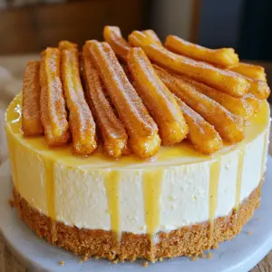 - 1 ½ cups graham cracker crumbs - ⅓ cup unsalted butter, melted - 2 tablespoons granulated sugar - 2 packages (8 oz each) cream cheese, softened to room temperature - 1 cup granulated sugar - 1 teaspoon pure vanilla extract - 3 large eggs, at room temperature - 1 teaspoon ground cinnamon - 1 cup granulated sugar - 2 teaspoons ground cinnamon - ½ cup unsalted butter - 1 cup water - 1 ¼ cups all-purpose flour - 3 large eggs When making this churro cheesecake, you need to gather all the right ingredients. For the crust, you will use graham cracker crumbs, unsalted butter, and granulated sugar. This mix gives the base a sweet and crunchy texture. In the filling, cream cheese is key. It makes the cheesecake rich and creamy. You will also need granulated sugar, vanilla extract, eggs, and ground cinnamon. These ingredients blend together to create a smooth and flavorful filling. The churro topping is what makes this dessert extra special. You will need granulated sugar, ground cinnamon, unsalted butter, water, all-purpose flour, and eggs. This topping adds a fun twist and a crunchy texture. Make sure you have everything ready. This way, you can enjoy the process of creating your Party Perfect Churro Cheesecake. Each ingredient plays a key role in making this dessert a crowd-pleaser. Happy baking! - Preheat the oven: Set your oven to 325°F (160°C) to get it ready for baking. - Make the crust: In a medium bowl, mix 1 ½ cups of graham cracker crumbs, ⅓ cup of melted unsalted butter, and 2 tablespoons of granulated sugar. Stir until the crumbs are coated. Press this mixture tightly into the bottom of a 9-inch springform pan. Bake for 10 minutes and let it cool slightly. - Prepare the cream cheese mixture: In a large bowl, beat 2 packages of softened cream cheese with 1 cup of sugar until smooth. Add 1 teaspoon of pure vanilla extract. Then, add 3 large eggs, one at a time, mixing well after each one. Finally, sprinkle in 1 teaspoon of ground cinnamon and mix until everything combines well. - Fill the crust with cheesecake filling: Pour the smooth cheesecake mixture over the cooled crust. Use a spatula to make the top even. - Bake the cheesecake: Place the springform pan in the oven. Bake for 50-60 minutes. The edges should be firm, but the center should still jiggle a little. After baking, turn off the oven and crack the door slightly. Let the cheesecake cool in the oven for about 1 hour to help avoid cracks. - Cool in the oven: This cooling step helps the cheesecake set perfectly. It also keeps the texture creamy and smooth. To avoid cracks, bake the cheesecake slowly. After baking, leave it in the oven with the door slightly open for an hour. This helps it cool down gently. A smooth filling starts with soft cream cheese. Make sure to beat it well. Mix in the sugar and vanilla until creamy. Add eggs one at a time, mixing thoroughly after each. Frying churros needs the right oil temperature. Heat your oil to 375°F (190°C) for crispy churros. Pipe the dough into the hot oil carefully to avoid splatter. Fry for 2-3 minutes on each side until golden. For a crunchy finish, roll the hot churros in the cinnamon-sugar mix right after frying. Serve slices of cheesecake on dessert plates. Top with extra churro pieces for a fun look. Lightly dust with cinnamon sugar for a sweet touch. This adds color and taste to your dish. Consider adding fresh fruit or chocolate drizzle for extra flair. {{image_4}} You can spice up your churro cheesecake with fun flavors. - Adding chocolate or caramel: Drizzle warm chocolate or caramel sauce over the top. It adds a rich taste that pairs well with the creamy cheesecake. - Fruit toppings: Fresh berries or sliced bananas can add a bright touch. They bring a burst of color and flavor, making your dessert even more special. Want to make this cheesecake fit different diets? Here are some easy swaps. - Gluten-free modifications: Use gluten-free graham cracker crumbs for the crust. This keeps the base tasty while being safe for those who can't have gluten. - Lower sugar alternatives: Swap granulated sugar with a sugar substitute. This way, you can enjoy the sweetness without all the calories. Pairing your cheesecake with drinks and snacks makes it more fun. - Pairing with beverages: Serve slices with coffee, tea, or milk. These drinks complement the flavors and make for a cozy treat. - Dessert platter ideas: Place slices on a platter with cookies, brownies, or fruit. This creates a dessert spread that pleases any crowd. - Refrigerating Leftovers: After you enjoy your churro cheesecake, cover it with plastic wrap or foil. Place it in the fridge. This helps keep it fresh. It can last for about 5 days in the fridge. - Freezing Options: If you need to store it longer, you can freeze it. Wrap the cheesecake tightly in plastic wrap and then in foil. It can last for up to 2 months in the freezer. Just remember to thaw it in the fridge before serving. - Maintaining Freshness: Always keep the cheesecake covered. This prevents it from drying out or absorbing odors from the fridge. - How Long It Lasts: In the fridge, your cheesecake stays tasty for about 5 days. If frozen, it remains good for 2 months. - Reheating Recommendations: Churro cheesecake is best served cold. If you like it warm, heat a slice in the microwave for just a few seconds. - Serving Cold or at Room Temperature: You can serve it cold right from the fridge. It also tastes great at room temperature. Let it sit out for about 20 minutes before serving for the best flavor. Yes, you can make this cheesecake a day in advance. To store, cover it well with plastic wrap. Keep it in the fridge. This helps the flavors blend better. Just wait to add the churros until serving time. They are best when fresh and crispy. If you want a dairy-free option, use cashew cream or tofu. Both can work well in this recipe. Cashew cream gives a rich texture. Tofu blended with a bit of lemon juice can mimic the tangy taste. Both choices will keep your cheesecake creamy and delicious. Look for the edges to be set. The center should still jiggle a little. You can also use a toothpick. Insert it in the center, and it should come out clean. When the cheesecake cools, it will firm up more. This ensures a perfect slice every time. This blog covered how to make a tasty cheesecake with a churro topping. We discussed the key ingredients, step-by-step instructions, and helpful tips to perfect your dish. Remember, using the right techniques ensures a smooth filling and avoids cracks. Don't forget to try different flavors and make it your own. With proper storage, your cheesecake will stay fresh for days. Enjoy creating this delicious dessert, and don’t hesitate to share your twists and experiences!