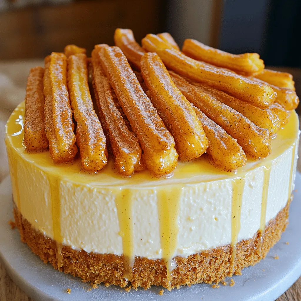 - 1 ½ cups graham cracker crumbs - ⅓ cup unsalted butter, melted - 2 tablespoons granulated sugar - 2 packages (8 oz each) cream cheese, softened to room temperature - 1 cup granulated sugar - 1 teaspoon pure vanilla extract - 3 large eggs, at room temperature - 1 teaspoon ground cinnamon - 1 cup granulated sugar - 2 teaspoons ground cinnamon - ½ cup unsalted butter - 1 cup water - 1 ¼ cups all-purpose flour - 3 large eggs When making this churro cheesecake, you need to gather all the right ingredients. For the crust, you will use graham cracker crumbs, unsalted butter, and granulated sugar. This mix gives the base a sweet and crunchy texture. In the filling, cream cheese is key. It makes the cheesecake rich and creamy. You will also need granulated sugar, vanilla extract, eggs, and ground cinnamon. These ingredients blend together to create a smooth and flavorful filling. The churro topping is what makes this dessert extra special. You will need granulated sugar, ground cinnamon, unsalted butter, water, all-purpose flour, and eggs. This topping adds a fun twist and a crunchy texture. Make sure you have everything ready. This way, you can enjoy the process of creating your Party Perfect Churro Cheesecake. Each ingredient plays a key role in making this dessert a crowd-pleaser. Happy baking! - Preheat the oven: Set your oven to 325°F (160°C) to get it ready for baking. - Make the crust: In a medium bowl, mix 1 ½ cups of graham cracker crumbs, ⅓ cup of melted unsalted butter, and 2 tablespoons of granulated sugar. Stir until the crumbs are coated. Press this mixture tightly into the bottom of a 9-inch springform pan. Bake for 10 minutes and let it cool slightly. - Prepare the cream cheese mixture: In a large bowl, beat 2 packages of softened cream cheese with 1 cup of sugar until smooth. Add 1 teaspoon of pure vanilla extract. Then, add 3 large eggs, one at a time, mixing well after each one. Finally, sprinkle in 1 teaspoon of ground cinnamon and mix until everything combines well. - Fill the crust with cheesecake filling: Pour the smooth cheesecake mixture over the cooled crust. Use a spatula to make the top even. - Bake the cheesecake: Place the springform pan in the oven. Bake for 50-60 minutes. The edges should be firm, but the center should still jiggle a little. After baking, turn off the oven and crack the door slightly. Let the cheesecake cool in the oven for about 1 hour to help avoid cracks. - Cool in the oven: This cooling step helps the cheesecake set perfectly. It also keeps the texture creamy and smooth. To avoid cracks, bake the cheesecake slowly. After baking, leave it in the oven with the door slightly open for an hour. This helps it cool down gently. A smooth filling starts with soft cream cheese. Make sure to beat it well. Mix in the sugar and vanilla until creamy. Add eggs one at a time, mixing thoroughly after each. Frying churros needs the right oil temperature. Heat your oil to 375°F (190°C) for crispy churros. Pipe the dough into the hot oil carefully to avoid splatter. Fry for 2-3 minutes on each side until golden. For a crunchy finish, roll the hot churros in the cinnamon-sugar mix right after frying. Serve slices of cheesecake on dessert plates. Top with extra churro pieces for a fun look. Lightly dust with cinnamon sugar for a sweet touch. This adds color and taste to your dish. Consider adding fresh fruit or chocolate drizzle for extra flair. {{image_4}} You can spice up your churro cheesecake with fun flavors. - Adding chocolate or caramel: Drizzle warm chocolate or caramel sauce over the top. It adds a rich taste that pairs well with the creamy cheesecake. - Fruit toppings: Fresh berries or sliced bananas can add a bright touch. They bring a burst of color and flavor, making your dessert even more special. Want to make this cheesecake fit different diets? Here are some easy swaps. - Gluten-free modifications: Use gluten-free graham cracker crumbs for the crust. This keeps the base tasty while being safe for those who can't have gluten. - Lower sugar alternatives: Swap granulated sugar with a sugar substitute. This way, you can enjoy the sweetness without all the calories. Pairing your cheesecake with drinks and snacks makes it more fun. - Pairing with beverages: Serve slices with coffee, tea, or milk. These drinks complement the flavors and make for a cozy treat. - Dessert platter ideas: Place slices on a platter with cookies, brownies, or fruit. This creates a dessert spread that pleases any crowd. - Refrigerating Leftovers: After you enjoy your churro cheesecake, cover it with plastic wrap or foil. Place it in the fridge. This helps keep it fresh. It can last for about 5 days in the fridge. - Freezing Options: If you need to store it longer, you can freeze it. Wrap the cheesecake tightly in plastic wrap and then in foil. It can last for up to 2 months in the freezer. Just remember to thaw it in the fridge before serving. - Maintaining Freshness: Always keep the cheesecake covered. This prevents it from drying out or absorbing odors from the fridge. - How Long It Lasts: In the fridge, your cheesecake stays tasty for about 5 days. If frozen, it remains good for 2 months. - Reheating Recommendations: Churro cheesecake is best served cold. If you like it warm, heat a slice in the microwave for just a few seconds. - Serving Cold or at Room Temperature: You can serve it cold right from the fridge. It also tastes great at room temperature. Let it sit out for about 20 minutes before serving for the best flavor. Yes, you can make this cheesecake a day in advance. To store, cover it well with plastic wrap. Keep it in the fridge. This helps the flavors blend better. Just wait to add the churros until serving time. They are best when fresh and crispy. If you want a dairy-free option, use cashew cream or tofu. Both can work well in this recipe. Cashew cream gives a rich texture. Tofu blended with a bit of lemon juice can mimic the tangy taste. Both choices will keep your cheesecake creamy and delicious. Look for the edges to be set. The center should still jiggle a little. You can also use a toothpick. Insert it in the center, and it should come out clean. When the cheesecake cools, it will firm up more. This ensures a perfect slice every time. This blog covered how to make a tasty cheesecake with a churro topping. We discussed the key ingredients, step-by-step instructions, and helpful tips to perfect your dish. Remember, using the right techniques ensures a smooth filling and avoids cracks. Don't forget to try different flavors and make it your own. With proper storage, your cheesecake will stay fresh for days. Enjoy creating this delicious dessert, and don’t hesitate to share your twists and experiences!