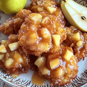 To make these tasty pear fritters, gather the following ingredients: - 2 ripe pears, peeled, cored, and diced - 1 cup all-purpose flour - 1 tablespoon baking powder - 1/2 teaspoon ground cinnamon - 1/4 teaspoon ground nutmeg - 1/4 teaspoon salt - 1 tablespoon granulated sugar - 1 large egg - 3/4 cup milk - 1/2 teaspoon vanilla extract - Vegetable oil (for frying) You can easily swap out some ingredients if needed. For the flour, you can use whole wheat flour for a nuttier flavor. If you want a dairy-free option, use almond milk instead of regular milk. For sweetness, you can replace granulated sugar with coconut sugar. Just be aware that the texture may change slightly. The glaze is a highlight of these fritters. You will need: - 1/2 cup powdered sugar - 1/4 cup maple syrup - 2 tablespoons honey - 1 tablespoon milk This sweet glaze pairs perfectly with the warm fritters. It adds a lovely shine and enhances the fruit flavor. Mixing these ingredients creates a smooth glaze that makes every bite delightful. For a fun twist, try adding a pinch of salt to the glaze, giving it a nice balance. If you want to try a different flavor, you can use agave syrup instead of honey. For the full recipe, check out the earlier sections that guide you through cooking these delicious pear fritters! Start by gathering a large mixing bowl. Add 1 cup of all-purpose flour, 1 tablespoon of baking powder, 1/2 teaspoon of ground cinnamon, 1/4 teaspoon of ground nutmeg, 1/4 teaspoon of salt, and 1 tablespoon of granulated sugar. Whisk these ingredients together until they are well combined. This mix sets the base for your fritters. In a separate bowl, crack 1 large egg and whisk it lightly. Add 3/4 cup of milk and 1/2 teaspoon of vanilla extract. Stir until the mixture is smooth and creamy. This blend will add moisture to your fritters. Gradually pour the wet mixture into the bowl with dry ingredients. Stir gently with a spatula, being careful not to overmix. It’s okay if some lumps remain in the batter. This ensures the fritters will be light and airy. Now, take 2 ripe pears that you’ve peeled, cored, and diced. Fold these pears into the batter. Make sure the pieces are evenly spread without breaking them apart. The pears add natural sweetness and a lovely texture. Grab a deep frying pan and pour in enough vegetable oil to reach about 2 inches deep. Heat the oil over medium heat. Use a kitchen thermometer to check the temperature. You want it to reach 350°F (175°C) for perfect frying. Once the oil is hot, use a spoon or small scoop to drop spoonfuls of the pear batter into the oil. Fry only a few at a time. This keeps them from sticking together. Cook each fritter for about 3-4 minutes on each side. They should turn a beautiful golden brown. While the fritters fry, prepare the glaze. In a small bowl, combine 1/2 cup of powdered sugar, 1/4 cup of maple syrup, 2 tablespoons of honey, and 1 tablespoon of milk. Whisk until smooth. If it’s too thick, add a splash more milk until it’s just right. After frying, let the fritters cool slightly on paper towels. Once they are warm, dip each fritter into the glaze or drizzle it over the top. The glaze adds a sweet finish that complements the pears. You can find the complete recipe with all the details in the Full Recipe section. To make the best fritter batter, focus on the mixture. Start by mixing your dry ingredients well. This step keeps the baking powder evenly spread. When you add the wet mix, stir gently. A few lumps are okay; they help keep the fritters light. Don’t overmix; this can lead to tough fritters. Heat the oil to the right temperature: 350°F (175°C). Using a thermometer helps a lot. When the oil is hot, drop spoonfuls of batter in small batches. This method keeps the oil temperature steady. Fry each fritter for 3-4 minutes. Look for a golden-brown color as a sign they are done. Warm fritters taste best! Serve them on a nice plate. For a fun twist, drizzle extra maple syrup on top. You can also sprinkle cinnamon for extra flavor. Try pairing them with whipped cream or vanilla ice cream. These add a creamy touch that complements the fritters. For the full recipe, check out the details above. {{image_4}} You can spice up your pear fritters by adding a few extra spices. A pinch of cardamom or ginger adds warmth and depth. Try a dash of allspice for a cozy touch. If you love heat, a sprinkle of cayenne can elevate the flavor. Mix these spices into your dry ingredients for a well-rounded taste. While maple-honey glaze is delicious, you can try other glazes. A lemon glaze gives a bright, tangy kick. Mix powdered sugar with lemon juice for quick results. For a chocolate twist, melt dark chocolate and drizzle it over the fritters. You can also dust them with powdered sugar or serve with whipped cream for a sweet touch. You can swap pears for other fruits. Apples work well in fritters, offering a crisp bite. Bananas can add a rich sweetness. For a tropical twist, use diced pineapple. Just adjust the sugar in your batter to match the fruit's sweetness. Each fruit brings its unique flavor, making your fritters a fun surprise each time. To keep your leftover fritters fresh, place them in an airtight container. Let them cool completely first. This step helps avoid moisture buildup, which can make them soggy. Store them in the fridge for up to three days. If you want to keep them longer, consider freezing. When you’re ready to enjoy your fritters again, reheating is easy. Preheat your oven to 350°F (175°C). Place the fritters on a baking sheet. Heat them for about 10 minutes, or until warm. This method helps restore their crispy texture. Avoid using the microwave, as it can make them chewy. If you want to freeze your fritters, follow these simple steps. First, let them cool completely. Then, arrange them in a single layer on a baking sheet. Freeze them for about an hour. Once they are firm, transfer them to a freezer-safe bag or container. They will last up to three months in the freezer. When you’re ready to eat, reheat them straight from the freezer. Enjoy your fritters with the same great taste! For the full recipe, check the details above. The key to crispy fritters lies in the frying process and the batter. Using cold oil helps create a crispy outer layer. Also, ensure your dough has the right balance of flour and moisture. Too much liquid can lead to soggy fritters. Frying in hot oil, around 350°F (175°C), seals the outside quickly, giving a nice crunch. Yes, you can use canned pears if fresh ones aren't available. Just make sure to drain and pat them dry. Canned pears may add extra moisture, so reduce the milk slightly in the recipe. This ensures your batter stays thick and holds the fritter shape. Fritters are done when they turn golden brown on both sides. This usually takes about 3-4 minutes per side. Use a slotted spoon to check the color. If they brown too quickly, lower the heat slightly to avoid burning. Serve these fritters warm, drizzled with the maple-honey glaze. Adding a scoop of vanilla ice cream on the side makes a delightful dessert. You can also sprinkle chopped nuts on top for added crunch. Pair them with a cup of tea for a cozy afternoon snack. To adjust the glaze's sweetness, add more powdered sugar for a sweeter taste. If you prefer less sweetness, reduce the maple syrup or honey. Start with smaller amounts and taste as you go to find the balance you enjoy. For a lighter glaze, add a bit more milk until you reach your desired consistency. In this post, we covered how to make delicious pear fritters. We looked at the ingredients needed, including the key items for the maple-honey glaze. You learned the step-by-step process, from mixing dough to frying fritters. I shared tips for a better cook and fun variations. Remember, you can store leftovers or use different fruits. Enjoy making these tasty treats, and share them with friends or family!
