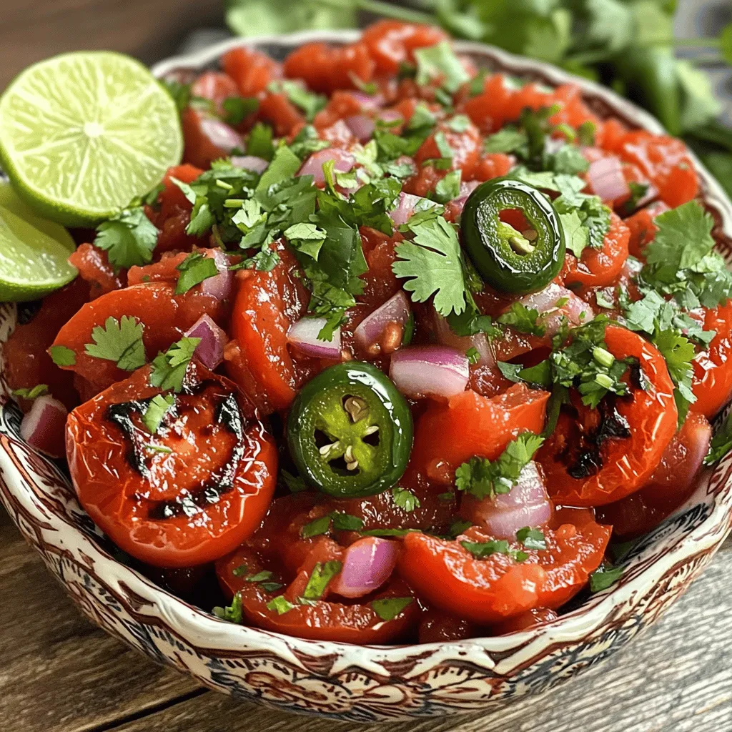 - 4 ripe tomatoes - 1 medium red onion - 2 cloves of garlic - 1-2 jalapeño peppers - 1/4 cup fresh cilantro - Juice of 1 lime - Salt, to taste - Optional: smoked paprika for depth of flavor - Skillet - Blender or food processor - Mixing bowl Gathering fresh ingredients makes all the difference in salsa roja. I choose ripe tomatoes for their sweetness. A medium red onion adds a nice crunch and flavor. Garlic gives depth and richness. Jalapeño peppers add the heat, and you can adjust them to your spice level. Fresh cilantro brightens the salsa, while lime juice brings a zesty kick. Don't forget your seasonings! Salt is key, and you can use smoked paprika if you want a smoky twist. Ensure you have the right tools. A skillet helps roast your veggies to perfection. A blender or food processor makes it easy to combine everything. Finally, a mixing bowl is perfect for serving your salsa. This simple salsa roja comes together quickly. With these ingredients, you create a vibrant, tasty dip. For the full recipe, check out the instructions in the next section. - Preheat the skillet. - Roast tomatoes, onion, garlic, and jalapeños. Start by heating your skillet over medium-high heat. This step is key for great flavor. Once hot, toss in the quartered tomatoes, chopped onion, whole garlic cloves, and jalapeños. Roast these for about 8-10 minutes. Turn them often to ensure even cooking. Look for charred tomatoes and softened onions. This roasting will deepen the salsa's taste. After roasting, let everything cool for a few minutes. - Transfer roasted ingredients to the blender. - Add cilantro, lime juice, and seasoning. Now, squeeze the roasted garlic out of its skin into the blender. Add the roasted tomatoes, onion, and jalapeños. Toss in fresh cilantro, lime juice, and a pinch of salt. If you want an extra smoky flavor, add smoked paprika. Blend until you reach your preferred texture. Some like it smooth, while others prefer a bit of chunkiness. - Taste and adjust flavor. - Chill salsa before serving. After blending, taste your salsa. Adjust the flavors by adding more salt or lime juice if needed. This is your chance to make it just right! Once satisfied, transfer your salsa to a bowl. Chill it in the fridge for at least 30 minutes. This time allows the flavors to meld beautifully. Enjoy your vibrant salsa roja with tortilla chips or on tacos! To make your salsa roja shine, pick ripe tomatoes. Look for deep red and firm tomatoes. They should feel heavy for their size. This means they are juicy and sweet. You can also use heirloom varieties for a unique taste. For heat, adjust the jalapeños to your liking. If you want a milder salsa, remove the seeds and ribs. This part holds most of the heat. For a spicy kick, keep them in. You can also try adding more jalapeños or even habaneros if you like it hot. The texture of your salsa depends on your taste. For a smooth salsa, blend it longer. If you like it chunkier, pulse the blender a few times. You want to keep some pieces whole for that fresh bite. Before blending, store the roasted veggies in the fridge for a bit. Chilling them helps keep the salsa fresh. Plus, it makes blending easier and safer. When serving, a colorful bowl makes a big difference. Pour your salsa into a bright dish. Top it with extra cilantro leaves for a pop of green. Add lime wedges on the side for a fresh touch. Pair your salsa with tortilla chips for an easy snack. It also works great on tacos or grilled chicken. Explore other dishes like quesadillas or burritos, too. Enjoy the vibrant flavors of your homemade salsa roja! {{image_4}} You can adjust the heat in your salsa roja easily. If you want a spicy kick, try using habaneros. Habaneros are much hotter than jalapeños. Just one or two can turn up the heat! For those who prefer milder flavors, substitute jalapeños with bell peppers. Bell peppers are sweet and add color without the heat. This way, anyone can enjoy the salsa. To boost the flavor of your salsa, think about adding roasted corn or black beans. Roasted corn gives a nice sweetness and crunch. Black beans add protein and make it more filling. You can also experiment with fresh herbs like oregano. Oregano has a nice earthy flavor that pairs well with the tomatoes. Try adding just a little at first, and adjust to your taste. Salsa roja shines in many dishes. Use it in tacos or burritos for a fresh twist. You can also serve it as a dip with tortilla chips. Want to be creative? Try adding salsa to scrambled eggs or grilled meats. It adds flavor and a pop of color. The options are endless! For more ideas, check the Full Recipe for inspiration. To store homemade salsa, place it in an airtight container. This keeps the salsa fresh and prevents odors from other foods. When stored properly, salsa roja can last about 5 to 7 days in the fridge. Always check for signs of spoilage, like strange smells or colors. You can freeze salsa roja for longer storage. Use a freezer-safe container or a zip-top bag. Leave some space for expansion, as liquids may expand when frozen. Salsa can last up to 3 months in the freezer. When you want to use it, thaw it in the fridge overnight for the best taste. Leftover salsa is a great way to add flavor to meals. Mix it into scrambled eggs for a spicy breakfast. Use it as a dip for chips or veggies. You can also top tacos, grilled chicken, or fish with salsa roja to enhance the dish. It’s a simple way to make meals more exciting. Yes, you can use canned tomatoes for salsa roja. Canned tomatoes are convenient and save time. They are often ready to use and have a long shelf life. However, fresh tomatoes offer a brighter flavor and better texture. Pros of using canned tomatoes: - Quick and easy - Consistent quality Cons of using canned tomatoes: - Less fresh flavor - May have added salt or preservatives If you choose canned, look for low-sodium options for better control over flavor. Salsa roja can vary in spice levels. It usually has a mild to medium heat. The spice comes from jalapeño peppers or other chiles. You can adjust the spice level by changing the type or amount of peppers you use. If you want less heat, remove the seeds and membranes from the jalapeños. For more heat, add a second pepper or choose a spicier variety like serrano. Always taste your salsa after blending to see if it needs more heat. Salsa roja is great with many dishes. Here are some popular options: - Tortilla chips for dipping - Tacos to add zest - Grilled meats for extra flavor - Eggs for a tasty breakfast - Nachos for a fun snack Salsa roja can also brighten up soups or salads. The vibrant flavors complement many foods, making it a versatile choice in your kitchen. In this blog post, we covered how to make fresh salsa roja using simple ingredients. We looked at essential vegetables, seasonings, and tools you'll need. I shared detailed steps to prepare and blend the salsa, plus tips for flavor and consistency. Remember, you can adjust the heat and enhance the flavor with variations. Store it well in the fridge or freeze for later use. Salsa roja adds brightness to many dishes. Enjoy making it your own!
