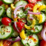 The TikTok Cucumber Bell Pepper Salad is colorful and packed with flavor. Here’s what you need to make this fresh dish: - 2 large cucumbers, thinly sliced into rounds - 2 bell peppers (1 red and 1 yellow), julienned for a vibrant look - 1 small red onion, paper-thin slices - 1 cup cherry tomatoes, halved to showcase their juicy interiors - 1/4 cup fresh cilantro, finely chopped for a burst of flavor - Juice of 2 limes for a zesty kick - 3 tablespoons high-quality extra virgin olive oil - 1 teaspoon honey (or replace with agave syrup for a vegan option) - Salt and pepper to taste - 1/2 teaspoon chili flakes (optional, to add a bit of heat) Each ingredient adds its own special touch. The cucumbers give crunch, while bell peppers add sweetness. Red onion brings a sharp bite, and cherry tomatoes add a burst of juice. Fresh cilantro brightens the taste, and lime juice gives a refreshing kick. Olive oil helps blend all the flavors, and honey adds a hint of sweetness. Finally, seasoning ties everything together. Gather these items, and you'll be ready to create a salad that not only looks good but also tastes amazing! Start by washing the cucumbers under cold water. Make sure to scrub them well. Slice the cucumbers into thin rounds. This gives each bite a nice crunch. Next, take the bell peppers. I like to use one red and one yellow for color. Julienne the bell peppers into thin strips. Then, slice the red onion into very thin pieces. Finally, cut the cherry tomatoes in half. This shows off their juicy insides. In a large salad bowl, combine the sliced cucumbers, julienned bell peppers, thinly sliced red onion, and halved cherry tomatoes. Stir gently with a wooden spoon. This helps to mix all the fresh veggies evenly. Grab a small bowl to make the dressing. Whisk together the lime juice, olive oil, and honey. If you're vegan, you can use agave syrup instead of honey. Add a pinch of salt and pepper. If you like some heat, add chili flakes. Whisk it all together until it is well mixed. Drizzle the dressing over the mixed vegetables in the salad bowl. Using two wooden spoons, toss the salad gently. Make sure all the veggies get coated with the dressing. Next, fold in the chopped cilantro. Do this carefully so you don’t bruise the leaves. Let the salad sit for about 10 minutes. This short time allows the flavors to blend together. You will taste the difference when you serve it! - Adjusting seasoning levels: Start with a pinch of salt and pepper. Taste as you go. If you want more zest, add a bit more lime juice. You can also try adding a dash of soy sauce for a savory touch. - Variations for extra crunch: Add sliced radishes or diced celery for more crunch. Toasted nuts like almonds or walnuts can also add a lovely texture. - Serving in glass bowls: Use clear glass bowls for a beautiful display. The vibrant colors of the salad pop against the glass. This makes the salad inviting and fun to eat. - Garnishing ideas: Top each serving with a sprig of fresh cilantro. You can also add a few lime wedges on the side for a fresh touch. - Alternative dressing options: Try using sesame oil instead of olive oil for a unique flavor. A bit of vinegar can also add a nice tang. Make it spicy by adding a few drops of Sriracha to the dressing. - Substitutes for honey: If you need a vegan option, use agave syrup or maple syrup. Both give a nice sweetness without using honey. {{image_4}} You can boost this salad by adding proteins. Chickpeas are a great choice. They add texture and fiber. Just rinse and drain a can of chickpeas before mixing them in. Grilled chicken also works well. Slice the chicken into thin strips and add it for a satisfying meal. You can mix in seasonal vegetables for more flavor. Try adding diced zucchini in summer or roasted butternut squash in fall. Carrots add color and crunch too. Feel free to experiment with what you find fresh at the market. To keep this dish vegan, use agave syrup instead of honey. Check your dressings to ensure they are gluten-free. Most olive oils and vinegar are safe. Always read labels to avoid hidden gluten. For the best storage, use airtight containers. Glass or plastic containers work well. Store leftover salad in the fridge. This keeps the flavors fresh and the crunch intact. To keep vegetables crisp, avoid adding the dressing until you eat. If you do add dressing, try to consume it within a day. You can keep this salad in the fridge for about 2 to 3 days. However, the cucumbers will lose their crunch over time. The bell peppers and onions will hold up better. If you store the dressing separately, the salad can last longer. Freezing this salad is not recommended. Vegetables like cucumbers and bell peppers lose their texture when thawed. If you want to prepare in advance, chop vegetables and store them separately. You can freeze some ingredients like cooked chickpeas or grilled chicken if you choose to add them later. The best way to cut cucumbers for salad is to slice them into thin rounds. This method gives a nice crunch and allows for even flavor distribution. Aim for about 1/8 inch thick. You can also use a mandoline for uniform slices. This keeps your salad looking neat and appealing. Yes, you can make this salad ahead of time. However, I recommend adding the dressing just before serving. This keeps the veggies crisp and fresh. If you mix the dressing early, the vegetables can become soggy. You can prepare the veggies and store them in the fridge. Just toss everything together when you are ready to eat. To make this salad spicier, add more chili flakes to the dressing. Start with an extra 1/2 teaspoon and adjust to your taste. You can also add sliced jalapeños for a fresh kick. If you like heat, consider using a spicy olive oil. This will add a nice warmth to every bite. Cucumbers are low in calories and high in water content. They help keep you hydrated. They also contain vitamins K and C, which are good for your skin. Bell peppers are rich in vitamins A and C, promoting eye health and boosting immunity. Together, these veggies make a healthy addition to your diet. Yes, you can substitute lime juice with lemon juice. Both have a tart flavor that brightens the salad. Lemon juice will give a slightly different taste but still works well. You can use the same amount as lime juice in the recipe for best results. This blog post covered a fresh and tasty salad recipe. You learned about key ingredients like cucumbers, bell peppers, and dressing. I shared step-by-step instructions to help you prepare the salad. You also discovered tips for flavor and presentation, and variations to suit your taste. Finally, we discussed storage options to keep leftovers fresh. By trying this recipe, you can enjoy a vibrant dish full of flavor and nutrients. Feel free to experiment and make it your own!