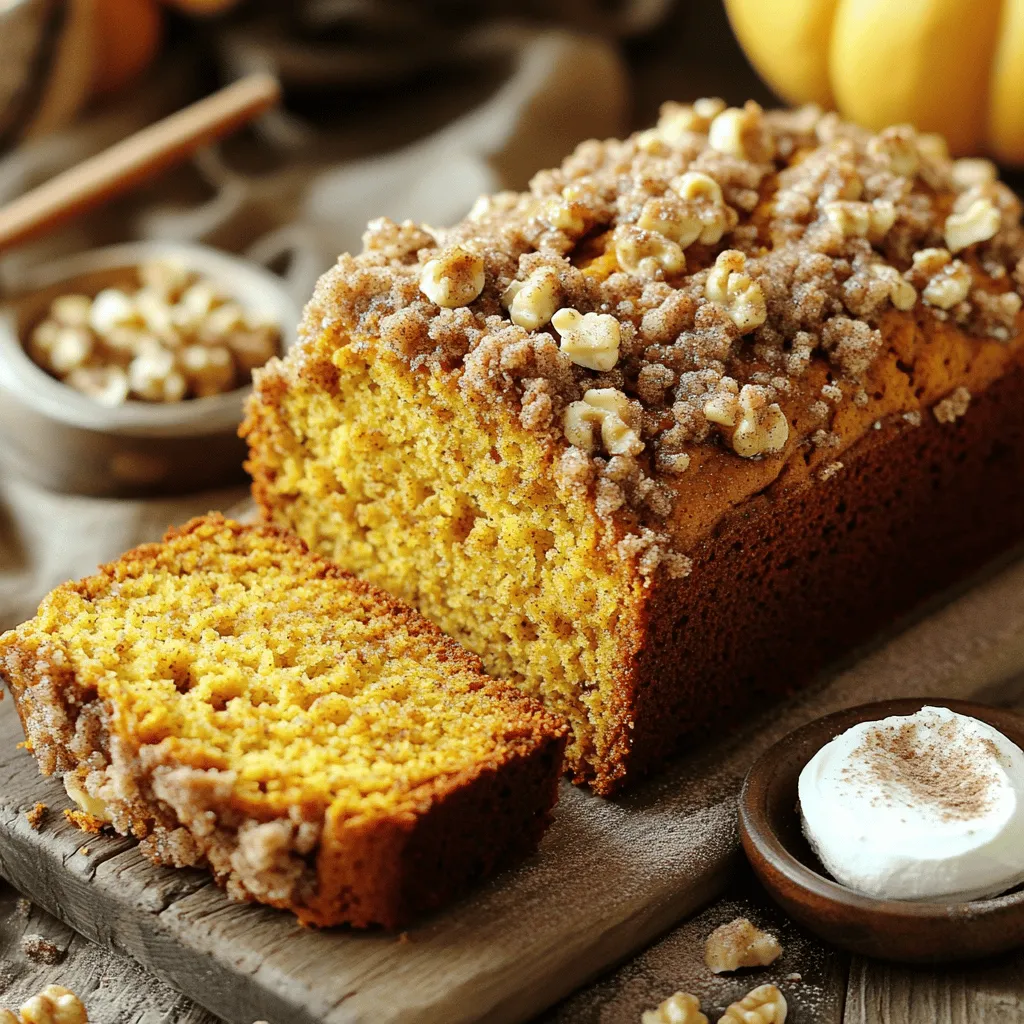 - 1 ¾ cups all-purpose flour - 1 teaspoon baking powder - ½ teaspoon baking soda - 1 teaspoon ground cinnamon - ½ teaspoon ground nutmeg - ½ teaspoon ground ginger - ½ teaspoon salt - 1 cup canned pumpkin puree - ½ cup vegetable oil - 1 cup granulated sugar - ½ cup brown sugar, packed - 3 large eggs - 1 teaspoon vanilla extract - ½ cup all-purpose flour - ⅓ cup brown sugar, packed - ½ teaspoon ground cinnamon - ¼ cup cold salted butter, cubed - ¾ cup chopped walnuts or pecans (optional) Gathering the right ingredients is key to making this delicious bread. Start with the dry ingredients. You will need all-purpose flour, baking powder, baking soda, and spices like cinnamon, nutmeg, and ginger. Don’t forget the salt; it boosts all the flavors. For the wet ingredients, canned pumpkin puree is a must. It adds moisture and flavor. You also need vegetable oil, granulated sugar, and brown sugar. Eggs will help bind everything, and vanilla extract adds a nice touch. Next, let’s talk about the streusel topping. You will need all-purpose flour, packed brown sugar, and ground cinnamon. The cold salted butter gives it a crumbly texture. If you like nuts, add chopped walnuts or pecans for crunch. With all these ingredients ready, you are set for a cozy baking experience! - Preheating the Oven: Start by preheating your oven to 350°F (175°C). This step is key for even baking. - Preparing the Loaf Pan: Lightly grease a 9x5-inch loaf pan with cooking spray or butter. This helps the bread release easily later. - Whisking Together Dry Ingredients: In a medium bowl, whisk together 1 ¾ cups all-purpose flour, 1 teaspoon baking powder, ½ teaspoon baking soda, 1 teaspoon ground cinnamon, ½ teaspoon ground nutmeg, ½ teaspoon ground ginger, and ½ teaspoon salt. Make sure all ingredients are well combined. - Blending Wet Ingredients Until Smooth: In a large bowl, mix 1 cup canned pumpkin puree, ½ cup vegetable oil, 1 cup granulated sugar, ½ cup packed brown sugar, 3 large eggs, and 1 teaspoon vanilla extract. Whisk until the mixture is smooth and uniform. - Gradual Incorporation of Dry into Wet: Gradually add the dry mixture to the wet mixture. Stir gently until just combined. Avoid overmixing, as this can change the bread's texture. - Folding in Optional Nuts: If you want to add extra flavor and crunch, fold in ¾ cup chopped walnuts or pecans at this stage. - Preparing the Streusel Mixture: In a small bowl, mix ½ cup all-purpose flour, ⅓ cup packed brown sugar, and ½ teaspoon ground cinnamon. Add ¼ cup cold salted butter, cubed. Use a fork or pastry cutter to mix until it looks like coarse crumbs. - Sprinkling Over Batter: Evenly sprinkle the streusel topping over the pumpkin batter in the loaf pan. Make sure to cover the surface well for a tasty finish. - Baking Time and Toothpick Test: Place the loaf pan in the preheated oven and bake for 50-60 minutes. Use a toothpick to check if it’s done. If it comes out clean or with a few moist crumbs, it’s ready. - Cooling Instructions: Once baked, let the pumpkin bread cool in the pan for about 10 minutes. After that, transfer it to a wire rack to cool completely before slicing. Avoid Overmixing To get a soft and moist bread, mix gently. Stir the wet and dry ingredients until they just blend. If you mix too much, the bread can turn out tough. Temperature of Ingredients Using room temperature eggs and oil helps the batter mix evenly. Cold ingredients can make it hard for the batter to blend well. Spice Adjustments Feel free to tweak the spices! If you love cinnamon, add a little more. Want a bit of heat? Add a pinch of ground cloves. This makes your bread even more delicious. Adding Chocolate Chips or Raisins For a sweet twist, fold in chocolate chips or raisins. They add great flavor and texture. You can use semi-sweet or dark chocolate based on your taste. Slicing and Garnishing Ideas Slice the bread carefully. Place it on a rustic wooden board for a nice look. Sprinkle some cinnamon and extra nuts on top for charm. Serving Suggestions Serve slices warm with cream cheese or butter. A small dish of honey can also be a sweet touch. This makes your pumpkin bread a delightful treat! {{image_4}} Gluten-Free Options If you need a gluten-free version, use a gluten-free flour blend. Make sure it contains xanthan gum, as this helps bind the ingredients. This swap keeps the bread moist and tasty. Vegan Substitutions For a vegan twist, replace the eggs with flax eggs. Mix one tablespoon of flaxseed meal with three tablespoons of water. Let it sit for five minutes to thicken. You can also swap vegetable oil with coconut oil or applesauce for extra flavor. Different Nut Choices While walnuts and pecans are great, try using almonds or hazelnuts instead. These nuts add a unique crunch and flavor. Chop them finely to blend them well in the batter. Incorporating Dried Fruits Dried fruits like cranberries or raisins can add sweetness and texture. Stir in about half a cup before pouring the batter into the pan. This addition brightens up each bite and makes it even more delightful. Cream Cheese Frosting A thin layer of cream cheese frosting can elevate your pumpkin bread. Mix cream cheese, powdered sugar, and a splash of vanilla extract. Spread it on top once the bread cools for a creamy finish. Additional Spices or Extracts You can customize the flavor with spices like allspice or cardamom. A teaspoon of maple extract adds a sweet touch. Experiment with these flavors for a personal touch. To keep your streusel pumpkin bread fresh, follow these steps: - Cool Completely: Let the bread cool on a wire rack first. - Wrap It Up: Use plastic wrap or foil to cover the bread tightly. - Store in a Cool Place: Keep it in a cool, dry area for up to 3 days. - Use an Airtight Container: For better freshness, place it in an airtight container. This method helps keep the bread moist and tasty. If you want to save your pumpkin bread for later, freezing works well. Here’s how to do it: - Cool Completely: Just like before, let the bread cool down first. - Slice It Up: Cut the bread into slices for easy thawing. - Wrap Each Slice: Use plastic wrap to wrap each piece tightly. - Use a Freezer Bag: Place the wrapped slices in a freezer bag. - Label and Date: Write the date on the bag to remember how long it’s been. Frozen pumpkin bread can last for about 3 months. Reheating your streusel pumpkin bread can bring back its warm, cozy flavor. Here’s how to do it right: - Use the Oven: Preheat your oven to 350°F (175°C). - Wrap in Foil: Wrap the bread in aluminum foil to keep it moist. - Heat for 10-15 Minutes: Place it in the oven until warmed through. - Microwave Option: If you’re in a hurry, microwave a slice for 15-20 seconds. These methods help keep the bread soft and delicious. To check if your bread is done, use a toothpick. Insert it into the center of the loaf. If it comes out clean or with a few moist crumbs, the bread is ready. This method is simple and effective. Baking times may vary, so keep an eye on it. Remember, overbaking will dry out your bread. Yes, you can make it ahead of time. Bake the bread and let it cool completely. Once cooled, wrap it tightly in plastic wrap or foil. Store it at room temperature for up to three days. For longer storage, place it in the fridge for up to a week. You can also freeze it for up to three months. Just remember to slice it before freezing for easy access. Absolutely! Fresh pumpkin works great in this recipe. Start with a small pumpkin and cut it in half. Remove the seeds and pulp, then roast it at 350°F (175°C) for about 45 minutes. Once soft, scoop out the flesh and puree it until smooth. Use this puree in place of the canned pumpkin. Fresh pumpkin may add a bit more flavor and texture. Streusel Pumpkin Bread pairs well with many things. Try serving it with cream cheese or butter for a rich taste. A hot cup of coffee or tea goes perfectly too. You can even add a sprinkle of cinnamon or some nuts on top for extra flair. For a fun twist, serve it with yogurt or a scoop of ice cream. The options are endless! This blog covered everything you need to know about making delicious streusel pumpkin bread. We explored each ingredient, from dry and wet components to the scrumptious streusel topping. You learned step-by-step instructions for mixing and baking, plus tips to enhance flavor and perfect texture. Variations for dietary needs and storage advice complete the guide. Now, you can confidently bake and enjoy this treat any time. Mix, bake, and savor every bite of your pumpkin bread!
