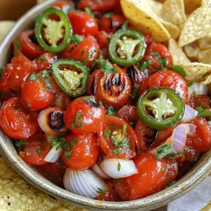 - Ripe Tomatoes - Large Onion - Garlic Cloves - Jalapeño Peppers - Fresh Cilantro - Fresh Lime Juice - Salt - Extra Virgin Olive Oil How to Choose Ripe Tomatoes Pick tomatoes that feel heavy for their size. Look for rich color and a slight give when you press them. The smell should be sweet and fragrant. This means they're ready to shine in your salsa. Selecting the Right Onion Choose a large onion with a firm feel and smooth skin. Avoid those with soft spots or blemishes. A good onion adds sweetness to your salsa and balances the heat from the jalapeños. Freshness in Herbs and Spices Look for bright green cilantro leaves with no wilting. Fresh herbs boost flavor in your salsa. When you smell them, they should have a strong and fresh scent. For salt, use a fine sea salt to help it blend well. Using fresh ingredients makes a big difference. They bring amazing flavor to your fire roasted salsa. Check out the Full Recipe for a complete list and instructions! - Preheat your grill to medium-high heat, or warm a cast iron skillet on the stove. - Arrange the halved tomatoes, quartered onion, unpeeled garlic cloves, and halved jalapeños on your grill or skillet. - Roast the veggies for about 10 to 12 minutes. Turn them often to get even charring. You want the skins to blister and the garlic to soften. - Watch for the tomatoes to get nice dark spots and the garlic to turn tender. - Once the veggies cool for 5 minutes, peel the garlic. Add all roasted vegetables to a blender. - Toss in chopped cilantro, fresh lime juice, and a pinch of salt. Blend until you reach your desired salsa texture. - Taste your salsa. Adjust flavors by adding more salt or lime juice if needed. - Drizzle a tablespoon of olive oil over the salsa to boost the flavor before serving. For the full recipe, check the Fire Roasted Salsa section. Roasting your ingredients brings out a deep, rich taste. When you fire-roast tomatoes, onions, and peppers, the heat caramelizes their natural sugars. This adds a sweet and smoky flavor to your salsa. Roasting also softens the vegetables, making them easier to blend. For the best results, I suggest using a grill or a cast iron skillet. A grill gives that nice char and smoky edge. If using a skillet, make sure it’s well-seasoned. Heat it to medium-high before adding your veggies. Fire roasted salsa pairs well with many dishes. You can serve it with tortilla chips for a classic snack. It also goes great on tacos, grilled meats, or even scrambled eggs. The fresh lime juice adds a zesty kick that brightens any meal. For presentation, use a rustic bowl. Add a sprinkle of chopped cilantro on top. This adds color and freshness. You might also drizzle a bit of olive oil for a polished look. If you have leftover salsa, store it in an airtight container. It will stay fresh in the fridge for about a week. For longer storage, you can freeze it. Just make sure to leave some space in the container, as the salsa will expand when frozen. You can also use leftover salsa in other recipes. Mix it into scrambled eggs for a tasty breakfast. Stir it into soups or stews for added flavor. You can even use it as a topping for grilled chicken or fish. Enjoy exploring all the ways to use your fire roasted salsa! {{image_4}} You can easily change the heat of your fire roasted salsa. If you want it milder, use less jalapeño. You can also remove the seeds to lower the spice. For a spicier salsa, add more jalapeños or even a pinch of cayenne pepper. You can taste as you go to find the right heat for you. You can swap out some ingredients if needed. For example, you can use red bell peppers instead of jalapeños for a sweet flavor. You could also try using green onions instead of a regular onion. Fresh herbs like parsley or basil can replace cilantro. Want to get creative? You can mix in other ingredients. Chopped mango adds sweetness. Black beans give you protein and texture. For a smoky flavor, try adding roasted corn. Each choice adds a unique twist to your salsa. Fire roasted salsa is great in many dishes. You can use it as a topping for tacos or burritos. It also works well as a fresh dip with chips. You can even stir it into scrambled eggs for breakfast. Add fire roasted salsa to grilled meats for extra flavor. It’s perfect on chicken, fish, or steak. You can also make a delicious salsa salad by mixing the salsa with diced cucumber and avocado. The options are endless! For the full recipe, check out the full recipe. You can find pre-made fire roasted salsa at many stores. Look for brands like Frontera, Pace, or Trader Joe’s. These brands make tasty salsa with fire-roasted flavors. You can buy them online as well. Check sites like Amazon, Walmart, or Target. They often have good prices and fast shipping. If you want to make salsa at home, you need the right tools. A good blender or food processor makes blending easy. I recommend brands like Ninja or Vitamix for great results. For roasting, use a sturdy grill or a cast iron skillet. A cast iron skillet heats evenly and works well on the stove. You will also need basic utensils like a knife, cutting board, and a spoon for mixing. With the right tools, making fire roasted salsa becomes simple and fun. You can check the [Full Recipe] for details on how to make it! What is Fire Roasted Salsa? Fire roasted salsa is a fresh dip made from roasted tomatoes, onions, garlic, and jalapeños. The roasting gives it a smoky flavor that adds depth. You can mix in cilantro, lime juice, and salt for a bright finish. This salsa is great for chips or as a topping for tacos. How Long Does Fire Roasted Salsa Last? Fire roasted salsa can last up to five days in the fridge. Make sure to store it in an airtight container. If you notice any off smell or changes in color, it’s best to toss it. Can I Freeze Fire Roasted Salsa? Yes, you can freeze fire roasted salsa! It keeps well for about three months. Use freezer-safe containers and leave some space for expansion. Thaw it in the fridge overnight before using. Can I roast the ingredients in the oven? Absolutely! You can roast the ingredients in your oven. Set it to 400°F (200°C). Spread the veggies on a baking sheet and roast until they’re charred. This method gives a similar flavor to grilling. What if I don’t have a grill or skillet? If you lack a grill or skillet, use your oven or even a broiler. Place the veggies on a tray and broil them for a few minutes. Just keep an eye on them to avoid burning. Is Fire Roasted Salsa Healthy? Yes, fire roasted salsa is healthy! It’s low in calories and packed with vitamins. The fresh ingredients offer a lot of nutrients without added sugars or fats. What Are the Health Benefits of Fire Roasted Ingredients? Fire roasting enhances the flavors and nutrients in veggies. Roasted tomatoes have more lycopene, which is good for your heart. Garlic adds immune-boosting properties. Jalapeños can help with metabolism. Enjoying this salsa gives you tasty health benefits! This post explored the key ingredients and steps to make fire-roasted salsa. We discussed selecting fresh tomatoes, onions, and herbs to ensure the best flavors. Roasting techniques elevate the taste, and blending brings everything together. You can adjust spice levels or substitute ingredients for custom options. Serve it fresh alongside your favorite dishes. Remember, storing salsa correctly can enhance its shelf life. Try different variations to keep it exciting. Enjoy making your salsa, and don’t be afraid to experiment!