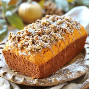 - 1 cup pumpkin puree - 1/2 cup granulated sugar - 1/2 cup packed brown sugar - 2 large eggs - 1/2 cup vegetable oil Pumpkin puree is the star of this bread. It gives a moist texture and rich flavor. Granulated and brown sugars add sweetness and depth. Eggs help bind the mix together while vegetable oil keeps it soft. - 1/4 cup all-purpose flour - 1/4 cup packed brown sugar - 1/4 teaspoon ground cinnamon - 2 tablespoons melted butter - 2 tablespoons rolled oats The streusel topping adds a crunchy layer. Flour provides the base, while brown sugar sweetens it. Cinnamon gives warmth and flavor. Melted butter helps bind the crumbs, and rolled oats add a hearty touch. - 1 cup powdered sugar - 2 tablespoons maple syrup - 1-2 tablespoons milk Maple glaze finishes the bread perfectly. Powdered sugar forms the base, while maple syrup adds sweetness and flavor. Milk helps achieve the right smooth consistency. Adjust the milk to your liking for the best drizzle. First, preheat your oven to 350°F (175°C). This temp helps the bread cook evenly. Grab a 9x5 inch loaf pan. Grease it lightly or line it with parchment paper. This makes it easy to remove the bread after it bakes. In a large bowl, combine 1 cup of pumpkin puree, 1/2 cup of granulated sugar, and 1/2 cup of brown sugar. Add 1/2 cup of vegetable oil, 2 large eggs, and 1 teaspoon of vanilla extract. Mix these until the mixture is smooth and creamy. Make sure there are no lumps. In another bowl, whisk together 1 1/2 cups of all-purpose flour, 1 teaspoon of baking soda, and 1 teaspoon of baking powder. Add 1 teaspoon of ground cinnamon, 1/2 teaspoon of ground nutmeg, 1/4 teaspoon of ground ginger, and 1/2 teaspoon of salt. This mix adds flavor and helps the bread rise. Gradually add the dry mix into the wet mix. Stir gently until just combined. Do not overmix; this keeps the bread light and fluffy. If you want nuts, fold in 1/2 cup of chopped walnuts now. They add a nice crunch! For the streusel topping, mix together 1/4 cup of all-purpose flour, 1/4 cup of brown sugar, and 1/4 teaspoon of ground cinnamon in a small bowl. Pour in 2 tablespoons of melted butter and 2 tablespoons of rolled oats. Use your fingers or a fork to mix until it looks like coarse crumbs. Pour the batter into the prepared loaf pan. Evenly spread the streusel topping over the batter. Bake in your preheated oven for 55-60 minutes. A toothpick should come out clean when inserted in the center. Let the bread cool in the pan for about 10 minutes. Then transfer it to a wire rack to cool completely. For the maple glaze, whisk together 1 cup of powdered sugar, 2 tablespoons of maple syrup, and 1-2 tablespoons of milk in a medium bowl. Adjust the thickness by adding more milk if needed. Once the bread cools, drizzle the glaze over the top. Let it set before slicing. Enjoy! - Avoiding Overmixing: When you mix the wet and dry ingredients, stir just until you see no more flour. Overmixing makes the bread tough. It’s okay if the batter looks a bit lumpy. This helps keep your bread soft and moist. - Checking for Doneness: To know if your bread is done, insert a toothpick in the center. If it comes out clean, it’s ready. If it has batter on it, bake for a few more minutes. Keep an eye on it, as ovens can vary. - Adjusting Thickness and Application: For the glaze, start with 1 tablespoon of milk. Mix it in with the powdered sugar and maple syrup. If it’s too thick, add more milk, one teaspoon at a time. You want it pourable but not runny. A good glaze should drizzle nicely over the bread. - Garnishing and Serving Suggestions: When ready to serve, slice the bread and place it on a pretty plate. For extra flair, add crushed walnuts on top. You can also drizzle more maple glaze over the slices. A light dusting of powdered sugar makes it look fancy and inviting. {{image_4}} You can make this bread nut-free by leaving out the walnuts. The bread will still be moist and tasty. The nuts add crunch, but the flavor remains rich and pumpkiny without them. You can also add some seeds, like sunflower or pumpkin seeds, for some texture. To change things up, try adding chocolate chips or dried fruits. Chocolate chips can give a sweet twist that pairs well with pumpkin. Dried fruits, like cranberries or raisins, add a chewy texture and a burst of flavor. Just mix them in gently before baking. If you need a gluten-free version, substitute the all-purpose flour with a gluten-free blend. Look for a mix that includes xanthan gum for better structure. This way, everyone can enjoy this delicious bread without worry. The taste and texture will still shine through. Store your pumpkin streusel maple glaze bread at room temperature. Place it in an airtight container. This keeps it fresh for about three days. If you live in a warm area, refrigerate it. This may dry it out a bit, but it keeps it safe. To freeze the bread, wrap it tightly in plastic wrap. Then, place it in a freezer bag. Be sure to remove as much air as possible. You can freeze it for up to three months. When ready to eat, thaw it in the fridge overnight. You can also leave it out at room temperature for a few hours. This delicious bread lasts up to three days at room temperature. If refrigerated, it lasts about a week. For the best taste, eat it fresh. To keep it moist, store it properly. Check for signs of spoilage before eating. If it smells off or has mold, toss it. Yes, you can use fresh pumpkin. Fresh pumpkin gives a bright flavor. However, it requires more prep time. You need to cook and puree the pumpkin first. Canned pumpkin is easy and quick. It is consistent and ready to use. Both options are tasty, but pick what fits your time best. To make this recipe vegan, you can replace eggs with flaxseed meal or applesauce. Use 1 tablespoon of flaxseed meal mixed with 2.5 tablespoons of water per egg. For dairy, swap milk with almond milk or oat milk. These changes will keep your bread moist and delicious. If you don't have maple syrup, you can use honey or agave nectar. Both provide sweetness, but honey is not vegan. You can also try brown sugar mixed with a bit of water for a syrupy feel. Each sweetener will change the taste slightly, so pick what you enjoy most. This blog post covered the key ingredients and steps to make a delicious pumpkin treat. You learned how to create a tasty streusel topping and a sweet maple glaze. I shared tips to ensure your bake is perfect every time. Variations like nut-free and gluten-free options make this recipe adaptable for everyone. Lastly, proper storage keeps your treats fresh longer. Enjoy your baking journey and let the flavors shine.