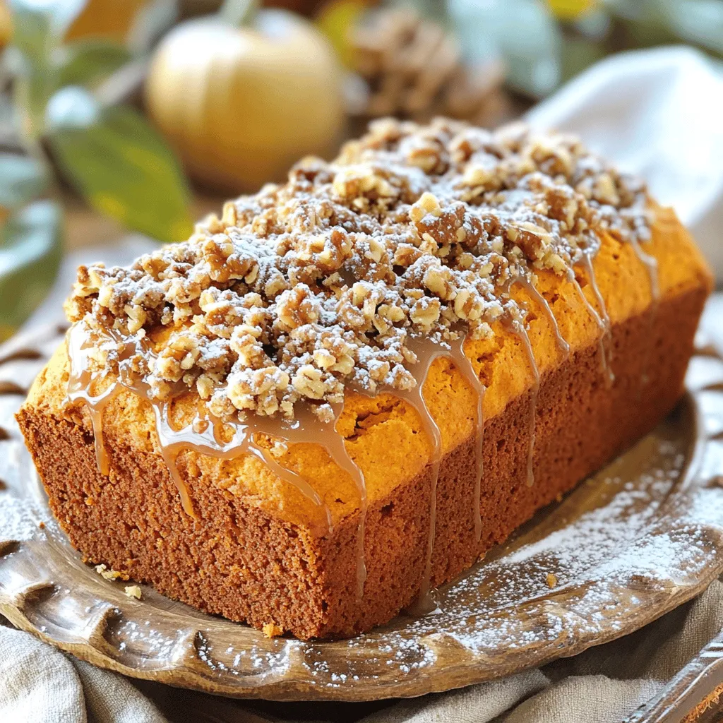 - 1 cup pumpkin puree - 1/2 cup granulated sugar - 1/2 cup packed brown sugar - 2 large eggs - 1/2 cup vegetable oil Pumpkin puree is the star of this bread. It gives a moist texture and rich flavor. Granulated and brown sugars add sweetness and depth. Eggs help bind the mix together while vegetable oil keeps it soft. - 1/4 cup all-purpose flour - 1/4 cup packed brown sugar - 1/4 teaspoon ground cinnamon - 2 tablespoons melted butter - 2 tablespoons rolled oats The streusel topping adds a crunchy layer. Flour provides the base, while brown sugar sweetens it. Cinnamon gives warmth and flavor. Melted butter helps bind the crumbs, and rolled oats add a hearty touch. - 1 cup powdered sugar - 2 tablespoons maple syrup - 1-2 tablespoons milk Maple glaze finishes the bread perfectly. Powdered sugar forms the base, while maple syrup adds sweetness and flavor. Milk helps achieve the right smooth consistency. Adjust the milk to your liking for the best drizzle. First, preheat your oven to 350°F (175°C). This temp helps the bread cook evenly. Grab a 9x5 inch loaf pan. Grease it lightly or line it with parchment paper. This makes it easy to remove the bread after it bakes. In a large bowl, combine 1 cup of pumpkin puree, 1/2 cup of granulated sugar, and 1/2 cup of brown sugar. Add 1/2 cup of vegetable oil, 2 large eggs, and 1 teaspoon of vanilla extract. Mix these until the mixture is smooth and creamy. Make sure there are no lumps. In another bowl, whisk together 1 1/2 cups of all-purpose flour, 1 teaspoon of baking soda, and 1 teaspoon of baking powder. Add 1 teaspoon of ground cinnamon, 1/2 teaspoon of ground nutmeg, 1/4 teaspoon of ground ginger, and 1/2 teaspoon of salt. This mix adds flavor and helps the bread rise. Gradually add the dry mix into the wet mix. Stir gently until just combined. Do not overmix; this keeps the bread light and fluffy. If you want nuts, fold in 1/2 cup of chopped walnuts now. They add a nice crunch! For the streusel topping, mix together 1/4 cup of all-purpose flour, 1/4 cup of brown sugar, and 1/4 teaspoon of ground cinnamon in a small bowl. Pour in 2 tablespoons of melted butter and 2 tablespoons of rolled oats. Use your fingers or a fork to mix until it looks like coarse crumbs. Pour the batter into the prepared loaf pan. Evenly spread the streusel topping over the batter. Bake in your preheated oven for 55-60 minutes. A toothpick should come out clean when inserted in the center. Let the bread cool in the pan for about 10 minutes. Then transfer it to a wire rack to cool completely. For the maple glaze, whisk together 1 cup of powdered sugar, 2 tablespoons of maple syrup, and 1-2 tablespoons of milk in a medium bowl. Adjust the thickness by adding more milk if needed. Once the bread cools, drizzle the glaze over the top. Let it set before slicing. Enjoy! - Avoiding Overmixing: When you mix the wet and dry ingredients, stir just until you see no more flour. Overmixing makes the bread tough. It’s okay if the batter looks a bit lumpy. This helps keep your bread soft and moist. - Checking for Doneness: To know if your bread is done, insert a toothpick in the center. If it comes out clean, it’s ready. If it has batter on it, bake for a few more minutes. Keep an eye on it, as ovens can vary. - Adjusting Thickness and Application: For the glaze, start with 1 tablespoon of milk. Mix it in with the powdered sugar and maple syrup. If it’s too thick, add more milk, one teaspoon at a time. You want it pourable but not runny. A good glaze should drizzle nicely over the bread. - Garnishing and Serving Suggestions: When ready to serve, slice the bread and place it on a pretty plate. For extra flair, add crushed walnuts on top. You can also drizzle more maple glaze over the slices. A light dusting of powdered sugar makes it look fancy and inviting. {{image_4}} You can make this bread nut-free by leaving out the walnuts. The bread will still be moist and tasty. The nuts add crunch, but the flavor remains rich and pumpkiny without them. You can also add some seeds, like sunflower or pumpkin seeds, for some texture. To change things up, try adding chocolate chips or dried fruits. Chocolate chips can give a sweet twist that pairs well with pumpkin. Dried fruits, like cranberries or raisins, add a chewy texture and a burst of flavor. Just mix them in gently before baking. If you need a gluten-free version, substitute the all-purpose flour with a gluten-free blend. Look for a mix that includes xanthan gum for better structure. This way, everyone can enjoy this delicious bread without worry. The taste and texture will still shine through. Store your pumpkin streusel maple glaze bread at room temperature. Place it in an airtight container. This keeps it fresh for about three days. If you live in a warm area, refrigerate it. This may dry it out a bit, but it keeps it safe. To freeze the bread, wrap it tightly in plastic wrap. Then, place it in a freezer bag. Be sure to remove as much air as possible. You can freeze it for up to three months. When ready to eat, thaw it in the fridge overnight. You can also leave it out at room temperature for a few hours. This delicious bread lasts up to three days at room temperature. If refrigerated, it lasts about a week. For the best taste, eat it fresh. To keep it moist, store it properly. Check for signs of spoilage before eating. If it smells off or has mold, toss it. Yes, you can use fresh pumpkin. Fresh pumpkin gives a bright flavor. However, it requires more prep time. You need to cook and puree the pumpkin first. Canned pumpkin is easy and quick. It is consistent and ready to use. Both options are tasty, but pick what fits your time best. To make this recipe vegan, you can replace eggs with flaxseed meal or applesauce. Use 1 tablespoon of flaxseed meal mixed with 2.5 tablespoons of water per egg. For dairy, swap milk with almond milk or oat milk. These changes will keep your bread moist and delicious. If you don't have maple syrup, you can use honey or agave nectar. Both provide sweetness, but honey is not vegan. You can also try brown sugar mixed with a bit of water for a syrupy feel. Each sweetener will change the taste slightly, so pick what you enjoy most. This blog post covered the key ingredients and steps to make a delicious pumpkin treat. You learned how to create a tasty streusel topping and a sweet maple glaze. I shared tips to ensure your bake is perfect every time. Variations like nut-free and gluten-free options make this recipe adaptable for everyone. Lastly, proper storage keeps your treats fresh longer. Enjoy your baking journey and let the flavors shine.