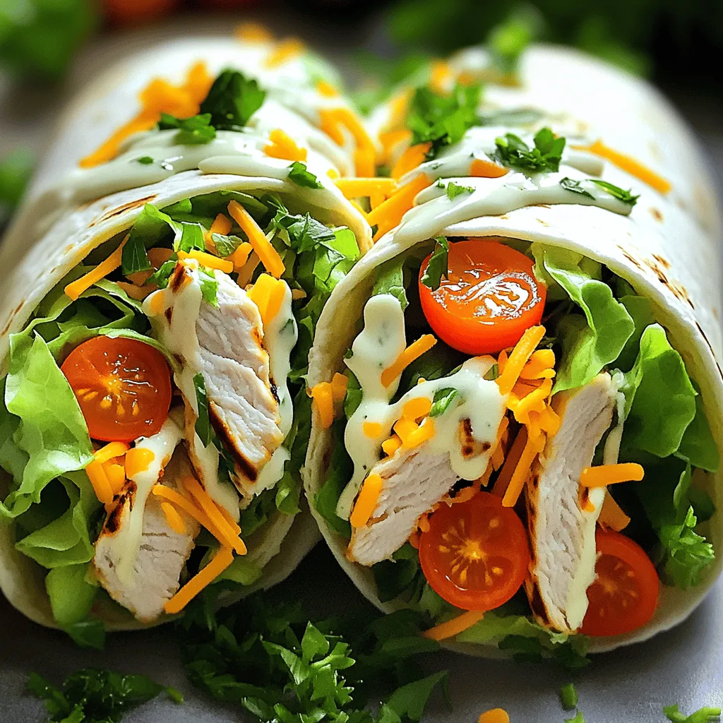 - 2 large flour tortillas - 1 cup cooked, grilled chicken, sliced into strips - 1 cup romaine lettuce, chopped - 1/2 cup shredded carrots - 1/2 cup cherry tomatoes, halved - 1/2 cup shredded cheddar cheese - 1/4 cup creamy ranch dressing - 1/4 teaspoon garlic powder - Salt and pepper to taste - Fresh parsley, chopped When making the Chick-fil-A inspired Cool Wrap, the ingredients are key. The two large flour tortillas serve as your base, holding all the goodness inside. The grilled chicken adds a juicy, savory flavor. I like to slice it into strips for easy eating. Next, we have the crunchy romaine lettuce. It adds great texture and freshness. The shredded carrots and halved cherry tomatoes bring color and taste to your wrap. Don't forget the cheese! Shredded cheddar gives a creamy, rich taste that pairs well with the ranch dressing. I love to use creamy ranch dressing, but feel free to pick your favorite. A touch of garlic powder adds depth, while salt and pepper enhance all the flavors. If you want a pop of green, sprinkle some fresh parsley on top. With these ingredients, you can create a quick and tasty delight. For the full recipe, check the detailed section above. To start, you can either grill fresh chicken or use pre-cooked chicken. If grilling, season the chicken with salt, pepper, and garlic powder. Grill it over medium heat for about 6 to 7 minutes on each side. Make sure it cooks all the way through. Once done, let it rest for a few minutes. This helps keep it juicy. Then, slice the chicken into strips. If you're using pre-cooked chicken, just cut it into strips. Now, let’s set up your tortillas. Place the two large flour tortillas flat on a clean surface. Make sure they are ready to be filled. In a big bowl, mix the chopped romaine lettuce, shredded carrots, halved cherry tomatoes, and shredded cheddar cheese. Toss this mix gently so all the veggies get combined. Next, add your sliced grilled chicken to the veggie mix. Drizzle ranch dressing over everything. Toss it all gently to coat the chicken and veggies with the dressing. Time to fill your tortillas! Spoon a good amount of the chicken and veggie mix into the center of each tortilla. Be careful not to overfill. Now, let’s wrap it up. Fold in the sides of the tortilla to enclose the filling. Then, roll it tightly from the bottom up. This keeps everything snug inside. To serve, slice each wrap in half diagonally. Place them seam-side down on a plate. This way, they stay intact. Optionally, sprinkle some chopped parsley on top for a fresh touch. Choosing the right dressing Select a dressing that enhances the wrap's taste. A creamy ranch dressing works best. You can also try a zesty vinaigrette or a yogurt-based dressing for a lighter option. Each choice brings its own twist. Experiment to find your favorite. Seasoning the chicken effectively Season the chicken well for great flavor. Use salt, pepper, and garlic powder. These simple spices add depth. If you want more kick, try adding paprika or chili powder. Let the chicken rest after grilling to keep it juicy. Serving suggestions Serve the wraps on a colorful plate. This makes the meal inviting. You can cut them in half for easy eating. Place them seam-side down to hold the fillings inside. Pair with a side of crunchy chips or fresh fruit for a complete meal. Garnishing for visual appeal Garnish your wraps with chopped parsley. This adds a pop of color. You can also use thin slices of radish or a sprinkle of sesame seeds for extra flair. A nice garnish makes the dish look gourmet and appetizing. {{image_4}} You can easily change the protein in your wrap. Turkey is a great choice. It has a nice flavor and is leaner than chicken. Just slice it thinly and add it to your wrap. Tofu is another option. It works well if you want a vegan meal. Marinate the tofu in soy sauce and garlic for extra taste. You can also try different marinades for chicken. For a spicy kick, use buffalo sauce. For a tangy flavor, consider a lemon herb marinade. Adding more veggies makes your wrap even better! You can swap in bell peppers for a crunch. Red or yellow peppers add color and sweetness. Avocado is another great choice. It makes your wrap creamy and rich. Seasonal veggies like zucchini or spinach can also work well. Use what you have on hand. This recipe is flexible, so feel free to mix and match. Adding seasonal ingredients not only boosts flavor but also keeps your meals fresh. Enjoy making your wrap just the way you like it! To keep your wraps fresh, store them in an airtight container. This helps prevent them from drying out. If you have leftover wraps, place them in the fridge right away. They last for up to 2 days in the fridge. After that, the veggies may get soggy. To reheat, use a microwave or a skillet. If using a microwave, heat for 30 seconds to 1 minute. This keeps the wrap soft. If you prefer a crispier wrap, heat it in a skillet over low heat for a few minutes. For longer storage, you can freeze the wraps. Wrap them tightly in plastic wrap, then place them in a freezer bag. They can last up to 3 months in the freezer. Just thaw in the fridge before reheating. You can easily make the Chick-fil-a Cool Wrap healthier by using lighter options. Here are some ideas: - Choose Whole Wheat Tortillas: They add fiber and nutrients. - Use Grilled Chicken Breast: It has less fat than fried chicken. - Opt for Low-Fat Dressing: You can pick a yogurt-based ranch or vinaigrette. - Add More Veggies: Include spinach, bell peppers, or cucumbers for extra crunch. - Skip the Cheese: You can enjoy the wrap without cheese for fewer calories. Yes, you can prep the wraps ahead. Here’s how to do it: - Assemble the Wraps: Make the wraps the day before. - Wrap Them Well: Use plastic wrap or foil to keep them fresh. - Store in the Fridge: They last up to 24 hours without losing quality. When ready to eat, just unwrap and enjoy! Pair your wraps with great sides and drinks. Here are some tasty ideas: - Side Dishes: Serve with sweet potato fries or a fresh garden salad. - Drinks: A light lemonade or iced tea complements the meal well. These sides will make your wrap even more delicious! This blog post covered easy steps to make a tasty wrap. We explored the main ingredients, like grilled chicken and fresh veggies, and shared tips for great flavor. I gave you ideas for variations, such as using different proteins or veggies. Proper storage and reheating methods help keep your wraps fresh. In the end, creating delicious wraps at home is simple. You can enjoy them any time and make them your own!