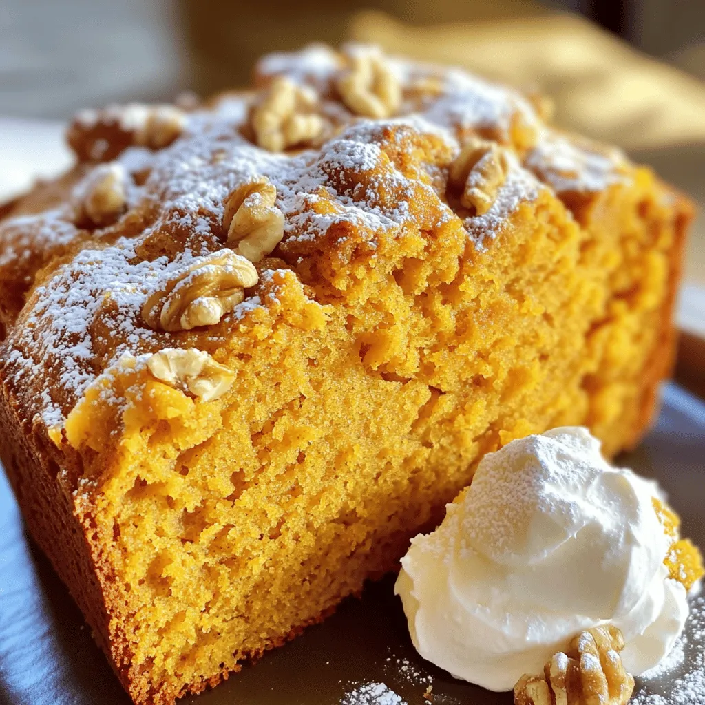 - Canned pumpkin puree Canned pumpkin puree is the star of this recipe. It adds moisture and flavor. You can also use fresh pumpkin, but canned is easy and quick. - Cream cheese Cream cheese gives the bread a rich and creamy texture. Make sure it is softened before mixing. This helps it blend easily into the batter. - Sugars and oil Brown sugar adds depth and sweetness. Granulated sugar balances this sweetness. Vegetable oil keeps the bread moist and tender. - Eggs and dry ingredients Three large eggs bind the ingredients and help the bread rise. The dry ingredients include flour, baking soda, baking powder, salt, and spices like cinnamon, nutmeg, and ginger. - Optional mix-ins Chopped walnuts or pecans can add crunch and flavor. Feel free to mix in chocolate chips for a sweet twist. Adjust these to suit your taste! - Preheat your oven to 350°F (175°C). - Grease a 9x5 inch loaf pan with cooking spray or butter. Ensure all sides are coated for easy removal later. - In a large bowl, use an electric mixer to beat the cream cheese until smooth. You want it creamy and free of lumps. - Add the canned pumpkin, vegetable oil, brown sugar, and granulated sugar. Mix until everything is well blended and smooth. - Add the eggs to the cream cheese mixture one at a time. Mix well after each egg. This helps keep the batter light and fluffy. - In another bowl, whisk the flour, baking soda, baking powder, salt, cinnamon, nutmeg, and ginger together. This ensures they are evenly mixed and ready to fold in. - Gradually add the dry mix to the wet mix, folding gently. Be careful not to overmix, as this can lead to dense bread. - Pour the batter into the prepared loaf pan. Use a spatula to smooth the top for an even finish. - Place the loaf pan in the preheated oven and bake for 60 to 70 minutes. Check with a toothpick; it should come out clean or with a few moist crumbs. - After baking, let the bread cool in the pan for about 10 minutes. Then, transfer it to a wire rack to cool completely. To make your cream cheese pumpkin bread perfect, avoid overmixing the batter. When you combine the wet and dry ingredients, mix until just combined. This keeps the bread light and fluffy. If you mix too much, the bread can become dense and tough. The correct baking time is key. Bake your bread for about 60 to 70 minutes at 350°F (175°C). To check for doneness, insert a toothpick into the center. If it comes out clean or with a few moist crumbs, your bread is ready. For a great presentation, slice the bread and serve it warm or at room temperature. A light dusting of powdered sugar adds a nice touch. You can also serve it with whipped cream cheese on the side. This makes each slice even more delightful. Consider pairing your bread with toppings like pumpkin spice butter or maple syrup. These flavors complement the pumpkin and cream cheese nicely. One common mistake is using cold ingredients. Always let your cream cheese and eggs come to room temperature before mixing. This helps them blend better and gives a smoother batter. If you live at a high altitude, you may need to adjust your recipe. Bake times and ingredient amounts can change. Follow local baking guidelines to ensure success. {{image_4}} If you need a gluten-free version, use a blend of gluten-free flours. Almond flour and coconut flour work well together. You can also try a store-bought gluten-free flour mix. Just make sure it has xanthan gum for the right texture. To make this bread lighter, reduce the sugar by half. You can also use unsweetened applesauce instead of some oil. This swap keeps the bread moist while cutting calories. For a boost in nutrition, add pumpkin seeds or flaxseeds. They add fiber and healthy fats. Want to spice things up? Try adding more spices. A pinch of allspice or cloves can deepen the flavor. You can also mix in chocolate chips or dried fruit. These add sweetness and texture, making every bite exciting. - How to store leftovers: Let the bread cool completely. Wrap it tightly in plastic wrap or foil. You can also place it in an airtight container. This keeps the bread fresh and moist. - Tips for freezing: For longer storage, slice the bread first. Wrap each slice in plastic wrap. Then, place the wrapped slices in a freezer bag. This helps prevent freezer burn. When ready to eat, thaw at room temperature or warm in the oven. - How long it lasts at room temperature: Cream cheese pumpkin bread can last 2 to 3 days at room temperature. Store it in a cool, dry place away from direct sunlight. - Refrigeration vs. freezing: In the fridge, it lasts about a week. Freezing extends the life to 2 to 3 months. Just remember to wrap it well! Yes, you can use fresh pumpkin. Start by roasting or steaming it until soft. Then, mash it until smooth. You will need about 1 cup of fresh pumpkin for this recipe. Just remember to drain any extra moisture to keep the bread from becoming too wet. You can check if the bread is done by inserting a toothpick into the center. If it comes out clean or with a few moist crumbs, the bread is ready. It usually takes about 60 to 70 minutes in the oven. Absolutely! If you want to make more, just double each ingredient. Use two loaf pans or a larger pan. Keep an eye on the baking time, as it may change with a larger batch. If you need a substitute, you can use Greek yogurt or ricotta cheese. Both will give a creamy texture. However, the flavor will change slightly, so keep that in mind when making your choice. Slice the bread and serve it warm or at room temperature. It pairs well with a dusting of powdered sugar or a dollop of whipped cream cheese. For a cozy touch, enjoy it with a hot drink like coffee or tea. This blog post covered every step to make cream cheese pumpkin bread. We explored key ingredients, mixing methods, and baking tips. You learned about storing leftovers and variations for dietary needs. Remember, avoiding overmixing and using room temperature ingredients can make a huge difference. Don't hesitate to experiment with flavors and mix-ins. This recipe is simple and fun. Trust your instincts in the kitchen, and enjoy baking. Your creation will be a hit!