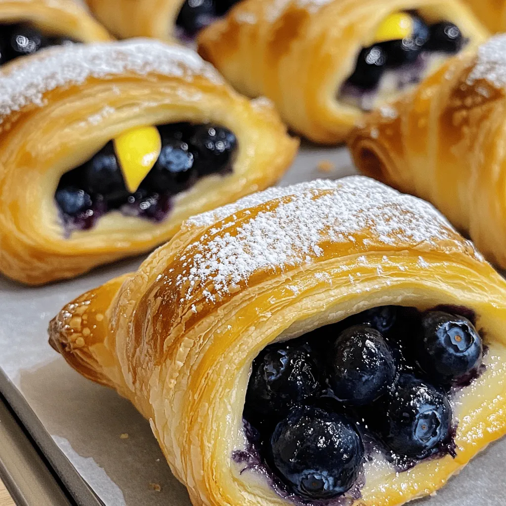 - Puff pastry - Fresh blueberries - Granulated sugar - Cornstarch - Lemon juice - Vanilla extract - Egg (for egg wash) - Water - Powdered sugar (for dusting) Gathering quality ingredients is key to making a great Blueberry Danish. Start with puff pastry, as it gives a flaky texture. Use fresh blueberries for the best flavor. The granulated sugar will enhance the sweetness of the fruit. Cornstarch thickens the filling, making it less runny. Lemon juice adds a bright note, balancing the sweetness. Vanilla extract brings warmth and depth to the filling. Don't forget the egg for the wash! It gives the pastry a lovely golden finish. You’ll mix this with a bit of water. Finally, powdered sugar is perfect for a sweet dusting at the end. - Calories: 250 - Carbohydrates: 35g - Protein: 3g - Fats: 12g This Blueberry Danish is a treat, but it also packs some calories. Each serving has around 250 calories. The carbohydrates come mostly from the pastry and sugar. You’ll get about 3 grams of protein, mainly from the egg wash. The fats come from the buttery pastry. Enjoy this as an occasional indulgence! For the full recipe, check out the Blueberry Bliss Danish 🥐. - Preheat your oven to 400°F (200°C). - Line a baking sheet with parchment paper. This helps your pastries not to stick. - In a medium bowl, combine 1 cup of fresh blueberries, 1/4 cup of granulated sugar, 1 tablespoon of cornstarch, 1 teaspoon of lemon juice, and 1/2 teaspoon of vanilla extract. - Gently fold the ingredients together. This helps coat the blueberries well. Let the mixture sit for a few minutes. The cornstarch will help thicken it slightly. - On a lightly floured surface, roll out the puff pastry sheet to about 1/8 inch thick. - Cut the dough into four equal squares or rectangles, depending on how big you want your Danishes. - Create a decorative border by making shallow cuts around the edges, about 1/2 inch from the edge. Do not cut all the way through. - Spoon some of the blueberry mixture into the center of each pastry. Keep it within the borders to hold the juices in. - In a small bowl, whisk one egg with 1 tablespoon of water to create an egg wash. - Using a pastry brush, apply the egg wash along the borders of the pastry. This will give a nice golden color while baking. - Place the pastries in the preheated oven and bake for 15-20 minutes. Look for a golden brown color and puffiness. Once they are done, let your Blueberry Danishes cool for a few minutes. Dust them with powdered sugar for a sweet touch before serving. Enjoy! Thawing puff pastry is key for a great Blueberry Danish. If you rush this step, your dough may not puff well. Place the pastry in the fridge for a few hours or overnight. This keeps it cold but soft enough to shape. To achieve a golden brown finish, use an egg wash. Mix one egg with a tablespoon of water. Brush this mixture on the edges of the pastry before baking. This helps the pastry shine and turn golden. Bake your Danishes at 400°F (200°C) for 15-20 minutes. Watch closely as they bake to avoid burning. Enjoy your Blueberry Danish with a cup of coffee or tea. The warm pastry pairs perfectly with a hot drink. For the best taste, serve them warm. They can cool for a few minutes before you dig in. To boost the flavor, consider adding spices. A pinch of cinnamon adds warmth and depth. You can also experiment with zest. Try adding orange zest for a bright, fresh taste. These small tweaks can make your Danish even more delightful. {{image_4}} You can change the fruit in this recipe easily. Instead of blueberries, try raspberries or peaches. Both fruits bring a unique flavor that pairs well with pastry. Just substitute them in equal amounts. This keeps the recipe fresh with every season. For a vegan version, swap the egg wash with a plant-based option. You can mix almond milk with a bit of maple syrup for a nice shine. If gluten is a concern, choose gluten-free puff pastry. Many brands offer great alternatives that work well in this recipe. Cream cheese filling is a delicious choice. Mix cream cheese with a little sugar and vanilla for a rich center. After baking, consider adding a glaze. Mix powdered sugar with a bit of milk for a sweet topping. It adds a lovely finish before serving. To keep your Blueberry Danish fresh, store them in an airtight container. Place them in the fridge if you do not eat them right away. This helps prevent them from getting soggy. For the best taste, enjoy them within two days. How to freeze before baking You can freeze the unbaked Blueberry Danish. After shaping the pastry, place them on a baking sheet. Make sure they do not touch each other. Cover the sheet with plastic wrap and freeze them for about one hour. Once firm, transfer the pastries to a freezer bag. Seal tightly and freeze for up to three months. How to freeze after baking To freeze baked Blueberry Danish, let them cool completely. Then, wrap each pastry in plastic wrap. Place them in a freezer-safe bag or container. They can last up to three months in the freezer. Best methods to reheat for optimal taste To reheat, you have a few options. The oven is best for keeping the pastry crispy. Preheat your oven to 350°F (175°C). Place the Danish on a baking sheet and warm for about 10 minutes. You can also use a microwave, but be careful. It may make the pastry soft. Heat on medium for 15-20 seconds. Enjoy your Blueberry Danish warm for the best taste! For more details, check out the [Full Recipe]. To make Blueberry Danish from scratch, follow these steps: 1. Preheat your oven to 400°F (200°C) and line a baking sheet with parchment paper. 2. In a bowl, mix fresh blueberries, sugar, cornstarch, lemon juice, and vanilla. 3. Roll out the puff pastry and cut it into squares. 4. Create a border by making shallow cuts around the edges. 5. Spoon the blueberry mix into the center of each square. 6. Brush the edges with egg wash for a golden finish. 7. Bake for 15-20 minutes until golden brown. 8. Dust with powdered sugar before serving. For the complete details, refer to the Full Recipe. Yes, you can use frozen blueberries. They are convenient and still tasty. However, fresh blueberries have a better texture and flavor. Frozen blueberries may release more juice when cooked. This can make your filling runny. If you use frozen berries, thaw and drain them first. This helps keep your filling thick and juicy. You can find Blueberry Danish at many local bakeries. Look for ones that make their pastries fresh each day. Some grocery stores also sell Blueberry Danish in their bakery section. If you prefer online shopping, many bakeries offer delivery services. Search for specialty bakeries near you to find the best options. Making Blueberry Danish takes about 35 minutes in total. This includes 20 minutes of prep time and 15 minutes of bake time. The process is quick and easy, perfect for a tasty treat. You can enjoy delicious pastries in no time! This blog post covered how to make tasty blueberry Danishes at home. We explored ingredients, step-by-step instructions, and cooking tips. You learned about variations, serving ideas, and storage methods to keep them fresh. In conclusion, making blueberry Danishes is simple and fun. With the right ingredients and a few techniques, you can impress anyone with your baking skills. Whether you enjoy them warm or cold, these treats are sure to delight. Try experimenting with different fruits and flavors to personalize your Danishes even more. Happy baking!